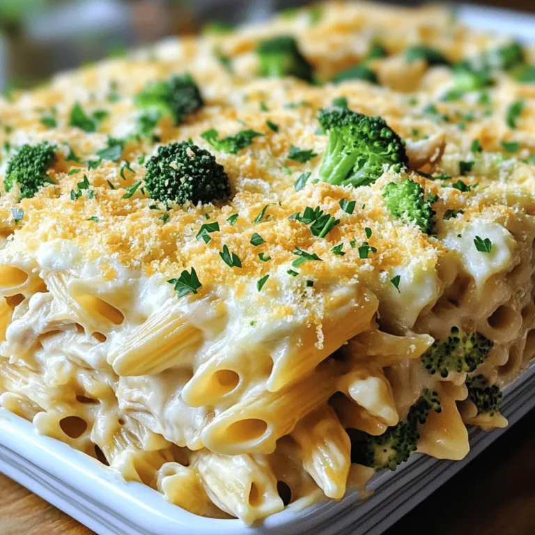 Here is what you need for this easy chicken Alfredo pasta bake: - 12 oz penne pasta - 2 cups cooked chicken breast, shredded - 3 cups Alfredo sauce (store-bought or homemade) - 1 cup mozzarella cheese, shredded - 1/2 cup Parmesan cheese, grated - 1 cup broccoli florets (fresh or frozen) - 1 teaspoon garlic powder - 1 teaspoon Italian seasoning - Salt and pepper to taste - Fresh parsley, chopped (for garnish) These ingredients come together to create a rich and creamy dish. You can use leftover chicken or buy a rotisserie chicken for ease. The broccoli adds a nice crunch and color. If you want a little spice, feel free to add red pepper flakes. For a twist, you can substitute other cheeses or veggies. Check out the Full Recipe for more details, and get ready to enjoy a delicious meal! - Preheat your oven to 375°F (190°C). - Cook 12 oz of penne pasta until it is al dente. Drain and set it aside. - In a bowl, mix 2 cups of shredded chicken with 3 cups of Alfredo sauce. Add 1 teaspoon of garlic powder, 1 teaspoon of Italian seasoning, and 1 cup of broccoli florets. Stir well. - In a large baking dish, spread half of the cooked penne at the bottom. Pour half of the chicken and sauce mix over the pasta. Sprinkle with half of the shredded mozzarella. - Repeat this with the remaining penne, chicken mix, and top with the rest of the mozzarella and ½ cup of grated Parmesan. - Cover the baking dish with foil and bake for 20 minutes. - After 20 minutes, remove the foil and bake for another 10 minutes. You want the cheese to be bubbly and golden. - When done, take it out and let it rest for 5 minutes. This helps the flavors settle. Now you're ready to serve your Easy Chicken Alfredo Pasta Bake! You can find the Full Recipe for more details. Choosing the best Alfredo sauce For your Chicken Alfredo Pasta Bake, you can choose store-bought sauce or make your own. Store-bought sauces save time, but homemade sauces can taste fresher. If you go for homemade, use cream, butter, Parmesan, and garlic. This mix gives a rich flavor. Chicken options: rotisserie, grilled, or baked Rotisserie chicken is great for quick meals. It’s already cooked, so you save time. Grilled chicken adds a nice smoky taste. Baked chicken is juicy and flavorful too. Use whatever you like best or have on hand! How to achieve perfect cheese melt To get that perfect cheese melt, use a mix of mozzarella and Parmesan. Layer the cheeses between the pasta and chicken mixture. Cover the dish with foil during the first baking phase. This traps steam and helps the cheese melt nicely. Ensuring pasta is al dente Cook the penne pasta just until it’s al dente. This means it should be firm when bitten. Remember, it will cook more while baking. If you overcook it, it will turn mushy in the bake. Trust me, no one likes mushy pasta! Best sides to pair with pasta bake Serve your pasta bake with a simple green salad. A fresh salad adds a nice crunch. Garlic bread is also a great side. It helps soak up all that creamy sauce. Ideal garnishes for presentation For a lovely touch, sprinkle fresh parsley on top before serving. It adds color and freshness. You can also add a bit of extra cheese on top for a cheesy finish. For the complete recipe, check the [Full Recipe]. {{image_2}} You can easily change the flavors of your chicken Alfredo pasta bake. Adding different vegetables can make it more colorful and nutritious. Spinach and bell peppers work great. Just chop them up and mix them into your chicken and sauce blend. You can also switch up the cheese. While mozzarella is classic, using cheddar or gouda can give it a unique taste. These cheeses melt well and add a nice depth of flavor. Try mixing different cheeses for a fun twist. If you need gluten-free options, look for gluten-free pasta. Many brands offer great choices that taste good. Just cook them according to package instructions. Your dish will still be delicious! For dairy-free eaters, you can find Alfredo sauce made from nuts or soy. These options taste great and keep the creaminess. You can also use dairy-free cheese for that gooey texture. Enjoy your meal without worrying about dietary needs! Feel free to explore these variations and make this easy chicken Alfredo pasta bake your own. For the full recipe, check out the link above! To keep your chicken Alfredo pasta bake fresh, place it in an airtight container. Let it cool down before sealing. Refrigerate it for up to three days. This method helps keep the flavors intact. If you want to store it longer, freezing is a good option. For freezing, wrap individual portions tightly in plastic wrap. Then, place them in a freezer-safe bag. You can freeze it for up to three months. When you're ready to eat, just thaw in the fridge overnight. You can reheat your pasta bake in the microwave or oven. The microwave is quick but may not keep the texture. Use a microwave-safe dish and cover it. Heat in short bursts, stirring in between. For the oven, preheat it to 350°F (175°C). Place the pasta bake in a baking dish and cover it with foil. Heat for about 20 minutes. This keeps the cheese nice and melty. Make sure to check the middle to ensure it’s heated through. Enjoy your meal as if it was freshly made! Can I make this recipe ahead of time? Yes, you can make this dish ahead of time. Prepare the pasta and chicken mix, then layer it in the baking dish. Cover it and store it in the fridge for up to 24 hours. When you’re ready, bake it straight from the fridge, adding a few extra minutes to the cooking time. How do I know when the pasta bake is done? Check for a bubbly and golden top. You can also insert a knife into the pasta to see if it's hot all the way through. It should feel warm and soft. If you see melted cheese and a nice color, it’s done. What can I substitute if I don't have Alfredo sauce? You can use a white sauce or a simple mixture of cream and cheese. If you want a lighter option, mix plain yogurt with grated cheese to keep it creamy. What to do if the pasta is overcooked? If your pasta is overcooked, it may be mushy. To fix this, add less sauce so the texture can hold. Also, let it bake uncovered for a few minutes to help it dry out slightly. Solutions for a dry pasta bake If your bake turns out dry, add a splash of chicken broth or more Alfredo sauce before serving. Stir it gently to mix in the moisture. How to fix a too-salty dish If your dish is too salty, add a bit of cream or milk to balance the flavor. You can also mix in extra cooked pasta to absorb some saltiness. You now have a complete guide to making a delicious pasta bake. We covered ingredients, preparation steps, baking tips, and variations. Each section aims to help you create a dish that suits your taste. Don't forget to experiment with different veggies and cheeses. Proper storage and reheating keep the leftovers tasty. With this knowledge, you're ready to impress your family or friends. Enjoy your cooking journey and make this meal a favorite!
