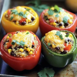 - 4 large bell peppers (any color) - 1 cup quinoa, rinsed - 2 cups vegetable broth - 1 can (15 oz) black beans, drained and rinsed - 1 cup corn (frozen or canned) - 1 small red onion, diced - 2 cloves garlic, minced - Spices: ground cumin, smoked paprika, chili powder - 1 cup diced tomatoes (fresh or canned) - 1 cup shredded cheese (cheddar or Mexican blend) - Salt, pepper, and fresh cilantro for garnish Let’s dive into what makes this dish so special. The bell peppers stand out with their vibrant colors. You can pick any shade you like, from green to red. Quinoa is a great base as it’s healthy and filling. Plus, it cooks quickly. The vegetable broth adds a rich flavor that makes the quinoa shine. The black beans and corn bring extra texture to each bite. They add protein and sweetness that balance the dish. Diced red onion gives a nice crunch. When you cook it, it becomes soft and sweet, adding depth. Now, the spices! Garlic, cumin, smoked paprika, and chili powder create a warm and inviting flavor. Diced tomatoes add juiciness and acidity, which brightens the entire dish. Cheddar or Mexican blend cheese melts beautifully on top, adding a creamy finish. Finally, a sprinkle of cilantro gives a fresh taste. It’s the perfect touch for this colorful veggie fiesta stuffed peppers recipe. With these ingredients, you can create a meal that’s not only tasty but also fun to make. - Preheat your oven to 375°F (190°C). - Cut the tops off the bell peppers. Remove the seeds and membranes. - Bring vegetable broth to a boil in a medium pot. - Add quinoa and reduce the heat to low. Cover the pot and let it simmer until fluffy, about 15 minutes. - In a large skillet, heat a drizzle of olive oil over medium heat. - Sauté diced onion and garlic until they turn soft, about 3-4 minutes. - Add black beans, corn, diced tomatoes, cumin, smoked paprika, chili powder, salt, and pepper. Cook for 5 more minutes to blend the flavors. - Stir the cooked quinoa into the vegetable mixture. Add half of the shredded cheese and mix well. - Stuff each bell pepper with the quinoa and vegetable mix. Press down gently to pack it in. - Top each stuffed pepper with the remaining shredded cheese. - Cover the baking dish with foil and place it in the oven. Bake for 25 minutes. - After 25 minutes, remove the foil and bake for an additional 10-15 minutes. This helps the cheese become bubbly and golden. You can find the complete details in the Full Recipe. - Look for firm, brightly colored peppers. - Choose uniform-sized peppers for even cooking. When picking bell peppers, I always check for firmness. If they feel soft, they are likely past their prime. Bright colors mean they are fresh and full of flavor. Uniform size is key too. It helps them cook at the same rate, so every bite is just right. - Adjust spice levels to taste and add other veggies if desired. - Ensure quinoa is fully cooked before mixing with vegetables. I love to customize the filling for my stuffed peppers. You can add spices or different veggies to match your taste. Just make sure your quinoa is fully cooked. If it’s not done, it can ruin the whole dish. Mix it well with the other ingredients for a balanced flavor. - Don’t overstuff the peppers; leave room for the cheese to melt. - Use a baking dish with high sides to prevent peppers from tipping over. One mistake I see often is overstuffing the peppers. They need space for the cheese to melt and bubble. Also, opt for a baking dish with high sides. This keeps the peppers upright and makes sure they cook evenly. Trust me, following these tips will make your stuffed peppers a hit! For a full recipe, check out the instructions above. {{image_2}} You can easily make this dish vegan. Just swap out the cheese for vegan cheese, or leave it out altogether. This keeps the peppers tasty and plant-based. You can also add more vegetables or legumes. Try chickpeas or spinach to boost protein and nutrients. Quinoa is naturally gluten-free. If you prefer, you can also use rice instead of quinoa. Both options work well and keep the dish gluten-free. Just make sure to cook the rice separately before mixing it with the filling. Don't be afraid to get creative with spices! Try adding Italian seasoning for a fresh twist. You can also mix in some salsa for a tangy kick. This adds flavor and moisture to the filling. Additionally, you can use different beans or lentils, like pinto beans or green lentils. This gives you a variety of flavors and textures in every bite. To keep your vegetarian stuffed bell peppers fresh, let them cool completely before refrigerating. This step helps prevent excess moisture, which can spoil the dish. Store them in an airtight container for up to 3–4 days. This ensures they stay tasty and safe to eat. If you want to save some for later, wrap each stuffed pepper tightly in plastic wrap. This keeps them from getting freezer burn. You can freeze them for up to 3 months. When you're ready to eat, just thaw them overnight in the fridge. Reheat them in the oven for the best results. This method keeps the peppers juicy and the cheese melty. For reheating, I suggest using the oven. Cover the peppers with foil to lock in moisture. This way, the filling stays warm and soft. If you're short on time, you can microwave them. Just keep in mind that the cheese might not be as melty when using the microwave. Enjoy your flavorful meal, even on busy days! Yes, prepare the filling and stuff the peppers the day before. Store covered in the fridge until ready to bake. This saves time and enhances the flavors. Just pop them in the oven when you're ready. To add some heat, mix in diced jalapeños or extra chili powder to the filling. You can start with a little and taste as you go. This way, you can get the spice level just right for your taste buds. Brown rice or couscous can be good substitutes. Both options work well and keep the dish hearty. You can even use wild rice for a nutty flavor or farro for extra chewiness. Look for bell peppers that feel heavy for their size and have smooth, taut skin. The color should be vibrant, whether it’s red, yellow, green, or orange. Avoid any with soft spots or wrinkles. These tips help ensure you get the freshest peppers for your dish. Vegetarian stuffed bell peppers are easy to make and packed with flavor. You need key ingredients like bell peppers, quinoa, black beans, and spices. Follow the step-by-step instructions for the best results. Remember to play with flavors and try different veggies. Store your leftovers properly to enjoy later. With these tips and tricks, you’ll create a dish everyone loves. Get ready to impress with a meal that’s healthy and satisfying!