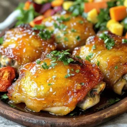 To start, you need to preheat your oven. Set it to 400°F (200°C). This heat will cook the chicken just right. Next, mix your marinade. In a medium bowl, whisk together these ingredients: - 1/4 cup honey - 1/4 cup dijon mustard - 2 tablespoons olive oil - 2 cloves garlic, minced - 1 tablespoon apple cider vinegar - 1 teaspoon dried thyme - 1 teaspoon paprika - Salt and pepper to taste Whisk until it blends nicely. This mix is key to your honey mustard chicken thighs. Now, place the chicken thighs in a large baking dish. Make sure the skin side is up. This helps the skin get crispy. Pour the honey mustard mixture over the chicken. Use a spoon to make sure each piece is well coated. This sauce adds flavor and moisture to your chicken. Bake the chicken in the preheated oven. Cook it for 35-40 minutes. The chicken is done when it reaches an internal temperature of 165°F (75°C). You can check this with a meat thermometer. For extra crispiness, broil the chicken for 2-3 minutes at the end. This gives the skin a nice golden color. Now, let the chicken rest for 5 minutes before serving. Garnish with chopped fresh parsley. Serve your honey mustard chicken thighs with pride! You can find the Full Recipe for more details. To get the most flavor into your chicken thighs, start with the marinade. Mix honey, dijon mustard, olive oil, minced garlic, apple cider vinegar, thyme, paprika, salt, and pepper. Let the chicken sit in this mix for at least 30 minutes. This step helps the thighs absorb all those tasty flavors. For the best texture, use bone-in, skin-on chicken thighs. The skin crisps up nicely when baked, while the bone keeps the meat juicy. Bake the chicken at 400°F (200°C) for 35-40 minutes. A meat thermometer should read 165°F (75°C) when they are done. If you want extra crispiness, broil them for a few minutes at the end. Pair your honey mustard chicken thighs with sides that complement their sweet and tangy flavor. Roasted vegetables, like carrots and Brussels sprouts, work well. You can also serve it with a fresh green salad for a crunchy contrast. When it comes to presentation, place the chicken on a large platter. Drizzle the cooking juices over the top for a shiny finish. Adding fresh parsley as a garnish makes it look even better. This dish is perfect for gatherings and will impress your guests. For the full recipe, refer to the above details. {{image_2}} You can change the flavor of honey mustard chicken thighs by using different types of mustard. Try whole grain mustard for a grainy texture. Yellow mustard adds a tangy twist. Spicy mustard brings a kick that some may love. Adding heat with spices can make this dish exciting. A pinch of cayenne pepper adds warmth without overpowering the honey. You can also mix in some smoked paprika for a deeper flavor. If you want more heat, add red pepper flakes. Just remember to start small and taste as you go. If you need gluten-free options, use gluten-free mustard and oils. Check labels to ensure they are safe. For a low-carb version, replace honey with a sugar-free sweetener. This keeps the dish tasty without the carbs. To make the dish kid-friendly, reduce the mustard amount. Some kids find it strong. You can also add a dash of ketchup to balance the flavors. Serve with rice or mashed potatoes to make it more appealing. These changes keep everyone happy at the table. For the full recipe, check the recipe section above! After you make your honey mustard chicken thighs, let them cool down. To store, place them in an airtight container. This keeps the chicken fresh and tasty. You can keep it in the fridge for up to four days. When it's time to eat, just reheat it gently. This way, you enjoy the flavors again. If you want to keep the chicken longer, freezing is a great option. You can freeze the cooked chicken thighs. Just ensure they are in a freezer-safe bag or container. They can last for about three months in the freezer. When you want to eat them, take the chicken out and thaw it in the fridge overnight. To reheat, place the chicken in a baking dish. Cover it with foil to keep it moist. Bake it at 350°F (175°C) until heated through. This method helps keep the chicken juicy and flavorful. For a quick meal, you can also reheat it in the microwave. Just make sure to check the internal temperature is safe at 165°F (75°C). For a complete guide on making this dish, check out the Full Recipe! How to know when chicken is done cooking? You can check if the chicken is done by using a food thermometer. The thickest part of the thigh should reach 165°F (75°C). If you don’t have a thermometer, cut into the chicken. The juice should run clear, not pink. Don’t guess; always check to be safe! Can I use boneless chicken thighs? Yes, you can use boneless chicken thighs. They will cook faster than bone-in thighs. Adjust the cooking time to about 25-30 minutes. Make sure to check the internal temperature to ensure they are fully cooked. Can I marinate the chicken overnight? Yes, marinating the chicken overnight is a great idea! It allows the flavors to soak in deeply. Just cover the chicken in the honey mustard mix and store it in the fridge. This will give you even tastier results. What to do if I don’t have dijon mustard? If you lack dijon mustard, you can substitute with yellow mustard or whole grain mustard. The flavor will change slightly, but it will still be delicious. You can also mix honey with a bit of vinegar to mimic the tangy taste. For the complete recipe, check out the Full Recipe! This blog post covered essential ingredients and how to make delicious honey mustard chicken thighs. We discussed important steps for preparation, cooking, and final tips to enhance your dish. I shared ingredient swaps and helpful cooking tricks to ensure tasty results. Remember, you can adjust flavors and make it fit dietary needs. Whether refrigerating or freezing leftovers, proper storage is key. Follow these guidelines, and you'll impress everyone with your cooking skills. Enjoy your meal!