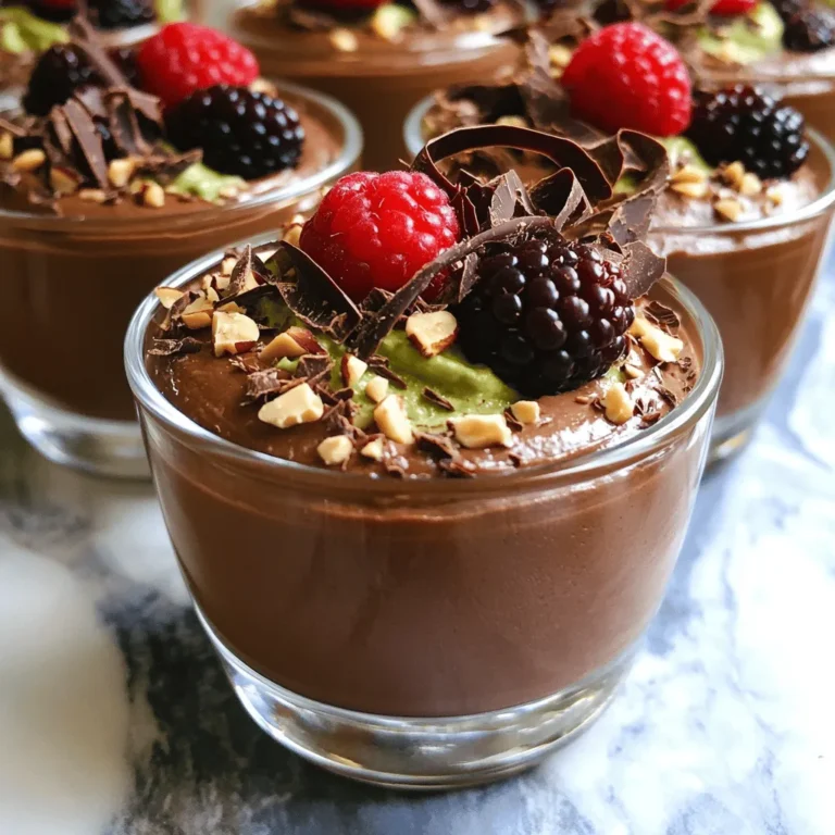 To make a rich and creamy chocolate avocado mousse, you need just a few key ingredients: - 2 ripe avocados, peeled and pitted - 1/2 cup unsweetened cocoa powder - 1/4 cup pure maple syrup or honey - 1/4 cup almond milk (or any milk of choice) - 1 teaspoon vanilla extract - A pinch of sea salt These ingredients work together to create a smooth, decadent dessert. The ripe avocados give the mousse its creamy texture while adding healthy fats. Cocoa powder adds a rich chocolate flavor. Maple syrup or honey sweetens the mousse, and almond milk helps blend it all together. You can customize your mousse with these optional ingredients and toppings: - Shaved dark chocolate - Chopped nuts - Fresh berries These extras not only add flavor but also give a nice texture and color contrast. You can mix and match these toppings based on what you like best. If you don’t have some ingredients, here are simple substitutes: - Use any ripe fruit, like banana, instead of avocado. - Swap maple syrup for agave nectar or sugar. - Use coconut milk instead of almond milk. These swaps can change the taste, but they still keep it delicious. The mousse remains easy and quick to prepare. For the full recipe, check the full recipe section. First, you need ripe avocados. Choose avocados that feel soft when you gently press them. Cut the avocados in half and remove the pit. Use a spoon to scoop the green flesh into your food processor. This step is easy and quick. Ripe avocados will give your mousse a creamy texture. Now, it’s time to blend. Add the cocoa powder to the avocados in the food processor. Next, pour in the maple syrup or honey, almond milk, and vanilla extract. Don’t forget the pinch of sea salt! Blend the mix until it is smooth and creamy. Scrape down the sides if needed. Taste the mousse and adjust the sweetness, if you want. Blend again briefly to mix. Spoon the mousse into bowls or glasses. It looks nice in clear dishes. Cover the bowls with plastic wrap and place them in the fridge. Let the mousse chill for at least 30 minutes. This time helps the flavors blend and the mousse firm up. Before serving, you can add toppings like shaved dark chocolate, nuts, or fresh berries. These make the dish even more special! To make your mousse smooth, use ripe avocados. They should feel soft but not mushy. Blend the avocados with cocoa powder first. This step helps break down the avocado fully. Then, add the milk and sweetener. Make sure to blend until you get a creamy texture. If it seems thick, add a bit more milk. Keep blending until it’s velvety and light. The key to great mousse is balance. Taste the mix after blending. If it is too bitter, add more maple syrup or honey. A pinch of salt brings out the chocolate flavor. Do not skip the vanilla extract. It adds depth and enhances the taste. You can also add a splash of coffee for more richness. One common mistake is using unripe avocados. This can make the mousse grainy. Always blend well to avoid lumps. Another error is not tasting the mix. Adjust sweetness before serving. Lastly, remember to chill the mousse. It helps the flavors meld and improves the texture. For more detailed steps, check the Full Recipe. {{image_2}} You can make this mousse dairy-free and vegan easily. Use almond milk or oat milk instead of regular dairy milk. Replace honey with pure maple syrup for a plant-based sweetener. This keeps the mousse creamy and rich without any animal products. Want to add a twist? Try adding a few drops of mint extract for a fresh taste. You can also mix in espresso powder for a coffee flavor that pairs well with chocolate. Another fun option is to add a pinch of cinnamon for warmth. These small changes can make your mousse exciting and new. When serving, think about fun ways to dress it up. You can spoon the mousse into fancy glasses for a special touch. Top it with shaved dark chocolate for a rich look. Fresh berries add color and a burst of flavor. Chopped nuts give a nice crunch. These toppings not only taste great but also make your dessert look amazing. For the full recipe, check out the recipe section above. Store your Chocolate Avocado Mousse in an airtight container. This keeps the mousse fresh and tasty. Make sure to cover it well. You can use plastic wrap or a lid. I recommend chilling it in the fridge right away. The mousse lasts about three days in the fridge. After that, it may lose its creamy texture. If you want to save it longer, you can freeze it. Place the mousse in a freezer-safe container. It stays good for about a month in the freezer. Thaw it in the fridge before eating. You can use leftover mousse in fun ways. Try spreading it on toast for a sweet treat. You can also layer it with granola and fruit for a parfait. Another idea is to blend it into smoothies for extra creaminess. This mousse is versatile and adds flavor to many dishes! Chocolate avocado mousse is a creamy dessert made with ripe avocados and cocoa powder. This mousse is rich, smooth, and has a deep chocolate flavor. It also has a silky texture that melts in your mouth. The avocados provide healthy fats, making this treat both tasty and nutritious. Yes, you can make this recipe ahead of time. In fact, it tastes even better if you let it chill in the fridge for a few hours. Just store it in an airtight container. This way, the flavors blend well, and the mousse firms up nicely. Absolutely! This dessert is healthier than many other options. Avocados are full of good fats and nutrients. The cocoa powder is rich in antioxidants. Using maple syrup or honey keeps the sugar content lower than traditional desserts. So, you can enjoy a sweet treat without guilt. You can easily adjust the sweetness to your taste. If you want it sweeter, add more maple syrup or honey. Blend it again after adding. If it’s too sweet, you can add a little more cocoa powder or almond milk to balance the flavor. If you can't find avocados, you can try silken tofu or creamy bananas. Both options create a smooth texture. They also add a nice flavor. However, the taste will change a bit, but it will still be delicious. For the best results, use ripe bananas to mimic the creaminess of avocados. For the full recipe, check out the Full Recipe section! You learned how to make chocolate avocado mousse, explore ingredient options, and avoid common mistakes. The blend of creamy avocado and rich chocolate creates a delightful dessert. Remember, variations like mint and espresso can add a twist. Proper storage keeps your mousse fresh for longer. Now, you can feel confident making this dish. Enjoy the fun of creating your own delicious mousse!