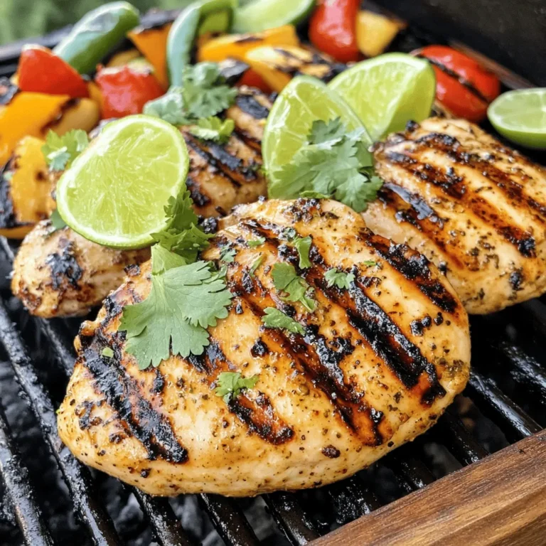 - Chicken Breasts: You need 4 boneless, skinless chicken breasts. They are great for grilling. They cook evenly and stay juicy. - Marinade Components: - 1/4 cup olive oil - 3 tablespoons fresh lime juice - 2 tablespoons chili powder - 1 tablespoon garlic powder - 1 teaspoon onion powder - 1 teaspoon smoked paprika - 1 teaspoon cumin - 1 teaspoon salt - 1/2 teaspoon black pepper - Zest of 1 lime These ingredients mix well to give a zesty flavor. The lime juice adds freshness. The chili powder brings heat, while the spices create depth. - Garnish and Sides: - Fresh cilantro, chopped (for garnish) - Lime wedges (for serving) Cilantro adds a pop of color and flavor. Lime wedges give a zesty kick when served. This recipe is easy and fun. You can find the full recipe above for more details. To make the marinade, gather all your ingredients. In a medium bowl, add the olive oil, lime juice, chili powder, garlic powder, onion powder, smoked paprika, cumin, salt, black pepper, and lime zest. Mix everything together well. Use a whisk to combine the ingredients thoroughly. This helps blend the flavors and ensures an even taste. Now, let’s marinate the chicken. Place the chicken breasts in a shallow dish or a resealable plastic bag. Pour the marinade over the chicken. Make sure every piece is well coated. Seal the bag or cover the dish. For the best flavor, refrigerate for at least 1 hour. If you have more time, marinate for up to 4 hours. This longer time helps the chicken absorb the flavors better. Next, it’s time to grill. Preheat your grill to medium-high heat, around 450°F (230°C). If you are using a grill pan, heat it over medium-high heat on your stovetop. When the grill is ready, take the chicken out of the marinade. Let any excess marinade drip off. Place the chicken on the grill and cook for about 6-7 minutes on each side. Check the internal temperature; it should reach 165°F (75°C). You’ll know it’s done when you see nice grill marks. After grilling, let the chicken rest for 5 minutes. This step is key. Resting helps the juices stay inside the chicken, making it juicy and tender. Enjoy your delicious chili lime grilled chicken as part of the full recipe! Achieving Attractive Grill Marks To get those perfect grill marks, preheat your grill well. A hot grill sears the chicken quickly. Place the chicken on the grill and don’t move it for about 6-7 minutes. This helps create those nice lines. After that, flip the chicken and repeat. Managing Flare-ups Flare-ups happen when fat drips onto the heat source. To manage them, keep a spray bottle of water nearby. If flames rise, quickly spray them. You can also move the chicken to a cooler spot on the grill until the flames die down. Suggested Seasoning Adjustments If you want more heat, add more chili powder. For a tangy flavor, try more lime juice. You can also mix in herbs like oregano or thyme for a different twist. Adjust these based on your taste. Using Fresh vs. Dried Spices Fresh spices often have a stronger flavor. If you have fresh cilantro, use it! Fresh lime juice also brightens the dish. Dried spices work well too, but use them in larger amounts since they are less potent. Plating Suggestions for Serving Slice the grilled chicken after resting. Arrange it on a colorful plate. Add lime wedges and sprinkle with cilantro. This makes the dish look fresh and inviting. Garnishing with Fresh Ingredients Don’t forget to garnish! Fresh herbs like cilantro add color and flavor. You can also add a few lime slices for extra zest. This makes your dish pop on the table. For the complete recipe, check out the Full Recipe. {{image_2}} You can change up the protein in this recipe. Try using turkey breasts instead of chicken. Turkey gives a nice flavor and is just as easy to cook. You can also use tofu for a vegetarian option. Tofu soaks up the marinade well, making it tasty and satisfying. Adjusting the spice level is easy too. If you like it hot, add more chili powder or some cayenne. For milder flavors, reduce the chili powder or skip it altogether. Everyone’s taste is different, so feel free to play around! Pair your chili lime grilled chicken with fresh sides. A crisp salad works great to balance the flavors. You can also serve it with rice, which soaks up the juices. Try adding some avocado slices for creaminess. For sauces and dips, consider a tangy salsa or creamy ranch dressing. A dollop of guacamole adds a fun twist. These sides make the meal colorful and exciting. If you can’t grill, don’t worry! You can bake the chicken in the oven. Preheat your oven to 400°F (200°C). Place the marinated chicken on a baking sheet. Bake for 25 to 30 minutes, or until it reaches 165°F (75°C). Using the stovetop is another option. Heat a skillet over medium-high heat. Cook the marinated chicken for about 6-7 minutes on each side. It will still be juicy and full of flavor. For the full recipe, check out the details above. Enjoy all these variations and make this dish your own! When you have leftover chili lime grilled chicken, store it in an airtight container. This keeps the chicken fresh and safe. The best practice is to cool the chicken first. Then, place it in the fridge. For optimal taste, eat it within three to four days. To reheat your grilled chicken, use the oven or stovetop. The oven method is best. Preheat it to 350°F (175°C). Place the chicken on a baking sheet and cover it with foil. Heat for about 15-20 minutes until warm. The stovetop is quick too. Heat a skillet over medium heat. Add a splash of water to keep it moist. Cook for about 5 minutes on each side. This helps to maintain flavor and texture. If you want to save your chicken longer, freezing is a good option. Wrap each piece in plastic wrap, then place it in a freezer bag. Make sure to squeeze out the air. Properly stored, it can last for up to three months. When you're ready to eat, thaw the chicken in the fridge overnight. This keeps the chicken juicy and tasty. For the best chili lime flavor, marinate the chicken for at least 1 hour. This time allows the marinade to soak into the chicken. If you can wait, marinate for up to 4 hours. Longer marination deepens the flavor. Yes, you can use frozen chicken. However, it’s best to thaw it first. Thaw the chicken overnight in the fridge. If you cook it from frozen, adjust the cooking time. It may take a few extra minutes to cook through. Chili lime grilled chicken pairs well with many sides. Here are some great options: - Grilled vegetables: Such as bell peppers, zucchini, and corn. - Rice: Try cilantro lime rice for a fresh touch. - Salad: A simple green salad with lime vinaigrette works well. - Tortillas: Serve with warm tortillas for tasty wraps. To ensure your grilled chicken is done, check the internal temperature. It should reach 165°F (75°C). You can also check for clear juices when you cut into the chicken. If the juices run clear, it’s ready to eat. Look for nice grill marks, too; they show that the chicken is cooking well. In this article, we covered how to make chili lime grilled chicken from start to finish. We explored essential ingredients like chicken breasts and spices, and learned how to prepare the marinade for maximum flavor. I shared grilling tips and tricks for perfecting your technique and offered alternatives for variations and storage. Mastering this dish will impress your family and friends. Enjoy the process and taste the delicious results!