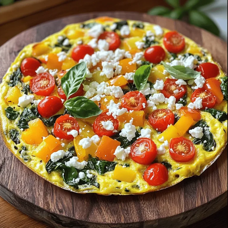 To make a savory vegetable frittata, gather these ingredients: - 6 large eggs - 1 cup spinach, chopped - 1/2 cup bell peppers (any color), diced - 1/2 cup cherry tomatoes, halved - 1/4 cup red onion, finely chopped - 1/4 cup feta cheese, crumbled - 1/4 cup milk (or dairy-free alternative) - 2 tablespoons olive oil - 1 teaspoon garlic powder - 1 teaspoon dried oregano - Salt and pepper to taste - Fresh herbs (basil or parsley) for garnish The right vegetables bring life to your frittata. Spinach adds a soft, slightly earthy taste. Bell peppers add sweetness and crunch. Cherry tomatoes offer juicy bites that burst with flavor. Red onion gives a mild sharpness that balances the dish. These veggies not only taste great but also bring color and nutrition. Using eggs is classic for frittatas. They provide protein and a creamy texture. You can choose whole milk for richness, or try a dairy-free milk for a lighter option. Feta cheese adds tang and creaminess. Feel free to switch it up with other cheeses like cheddar or goat cheese for different flavors. For a vegan option, you can use silken tofu blended until smooth instead of eggs. Start by preheating your oven to 350°F (175°C). This step is key for cooking the frittata evenly. Next, grab your large, oven-safe skillet. I love using cast iron for this recipe, as it holds heat well. Pour 2 tablespoons of olive oil into the skillet. Heat it over medium heat. Once hot, add the finely chopped red onion and diced bell peppers. Cook these for about 3-4 minutes. You want them soft but not browned. Now, stir in the chopped spinach and halved cherry tomatoes. Cook until the spinach wilts, about 2-3 minutes, then remove the skillet from the heat. In a separate bowl, whisk together 6 large eggs, 1/4 cup milk, and seasonings. This includes 1 teaspoon of garlic powder, 1 teaspoon of dried oregano, and a pinch of salt and pepper. Make sure to whisk until everything is well mixed and fluffy. Pour your egg mixture over the sautéed vegetables in the skillet. Gently stir to combine. Now, sprinkle 1/4 cup of crumbled feta cheese evenly on top. This cheese adds a nice tangy flavor to the dish. Cook the frittata on medium heat for about 3-5 minutes. You’ll notice the edges start to set; that means it’s time to move to the oven. Transfer the skillet to the preheated oven. Bake for 15-20 minutes, or until the center is set and the top is golden. Remove from the oven and let it cool for a few minutes before slicing into wedges. Don't forget to garnish with fresh herbs like basil or parsley for extra flavor. This step-by-step guide helps you create a delightful savory vegetable frittata that’s easy and full of flavor. For the complete recipe with detailed instructions, check out the Full Recipe. To make the best savory vegetable frittata, timing is key. Start by sautéing your vegetables on medium heat. Aim for about 3-4 minutes for the red onion and bell peppers. When you add spinach and tomatoes, cook for just 2-3 minutes. This keeps them fresh and vibrant. After combining your egg mixture, cook it on the stovetop for 3-5 minutes. This helps set the edges before baking. In the oven, bake for 15-20 minutes until the center is firm. A fluffy frittata feels light and airy. To achieve this, whisk your eggs well until they are fully combined. Adding milk or a dairy-free alternative also helps create a softer texture. Don't skip the step of cooking it on the stovetop first. This allows the frittata to rise as it bakes. Avoid overcooking in the oven; check for a slight jiggle in the center. Using the right skillet is essential for a successful frittata. An oven-safe skillet works best. Cast iron or non-stick options are great choices. These materials heat evenly and prevent sticking. Make sure to use enough olive oil to coat the bottom. This step adds flavor and helps with easy serving. Your frittata will slide out smoothly when it’s time to serve. For more detailed instructions, check the Full Recipe. {{image_2}} You can change the flavor by adding different vegetables. Try zucchini, mushrooms, or broccoli. These veggies bring new tastes and colors. You can also mix in root veggies like sweet potatoes. Just make sure to chop them small and cook them first. This helps them soften and blend well with the eggs. Cheese can really change your frittata's taste! Instead of feta, try cheddar or goat cheese. Both melt nicely and add a rich flavor. You can also use mozzarella for a creamier texture. For a sharper bite, consider using Parmesan. Each cheese will give your dish a unique twist. Don’t forget that the cheese gets mixed with the eggs, so pick one you love! If you want a vegetarian option, use plant-based cheese or skip the cheese altogether. You can replace eggs with tofu or chickpea flour. For a vegan frittata, blend silken tofu with spices for a creamy base. This adds protein and keeps it filling. Remember, you can use any veggies you like, so feel free to get creative. For the full recipe and detailed instructions, check the original recipe. After you make the frittata, let it cool down. Slice it into wedges and place them in an airtight container. Store the container in the fridge. Your frittata will stay fresh for up to four days. If you want to keep it longer, consider freezing it. When you're ready to eat leftovers, you can reheat them easily. Preheat your oven to 350°F (175°C). Place the frittata slices on a baking tray. Heat for about 10-15 minutes until warmed through. You can also use a microwave. Just cover the frittata with a damp paper towel. Heat for about 1-2 minutes, checking to avoid overheating. If you want to freeze the frittata, slice it first. Wrap each slice tightly in plastic wrap, then place it in a freezer bag. Label the bag with the date. The frittata can stay in the freezer for up to three months. When you’re ready to eat, thaw it in the fridge overnight and reheat as described. The frittata will taste great even after freezing! You can tell your frittata is done when the center is firm. Stick a knife in the middle; if it comes out clean, it’s ready. The top should look slightly golden. I usually check around 15 minutes into baking. Absolutely! You can use any herbs you like. Fresh basil, dill, or thyme work well. For spices, try chili powder or smoked paprika for a kick. This lets you change the flavor to fit your taste. I like to slice the frittata into wedges. Serve it warm or at room temperature. For a nice touch, add a sprinkle of fresh herbs on top. Pair it with a simple salad for a full meal. You can change it up easily! Swap in your favorite veggies or cheeses. Try zucchini, mushrooms, or even artichokes. You can also add cooked meats like ham or bacon for extra flavor. For step-by-step guidance, check the Full Recipe. It covers everything you need to make this delicious frittata. In this guide, we explored making a delicious frittata. We covered key ingredients like vegetables and cheese, ensuring great flavor. I shared step-by-step instructions, tips for perfect texture, and storage options. You can customize with different veggies or make it vegetarian. Remember, practice makes perfect. Don’t hesitate to play around with flavors. Enjoy experimenting and happy cooking!