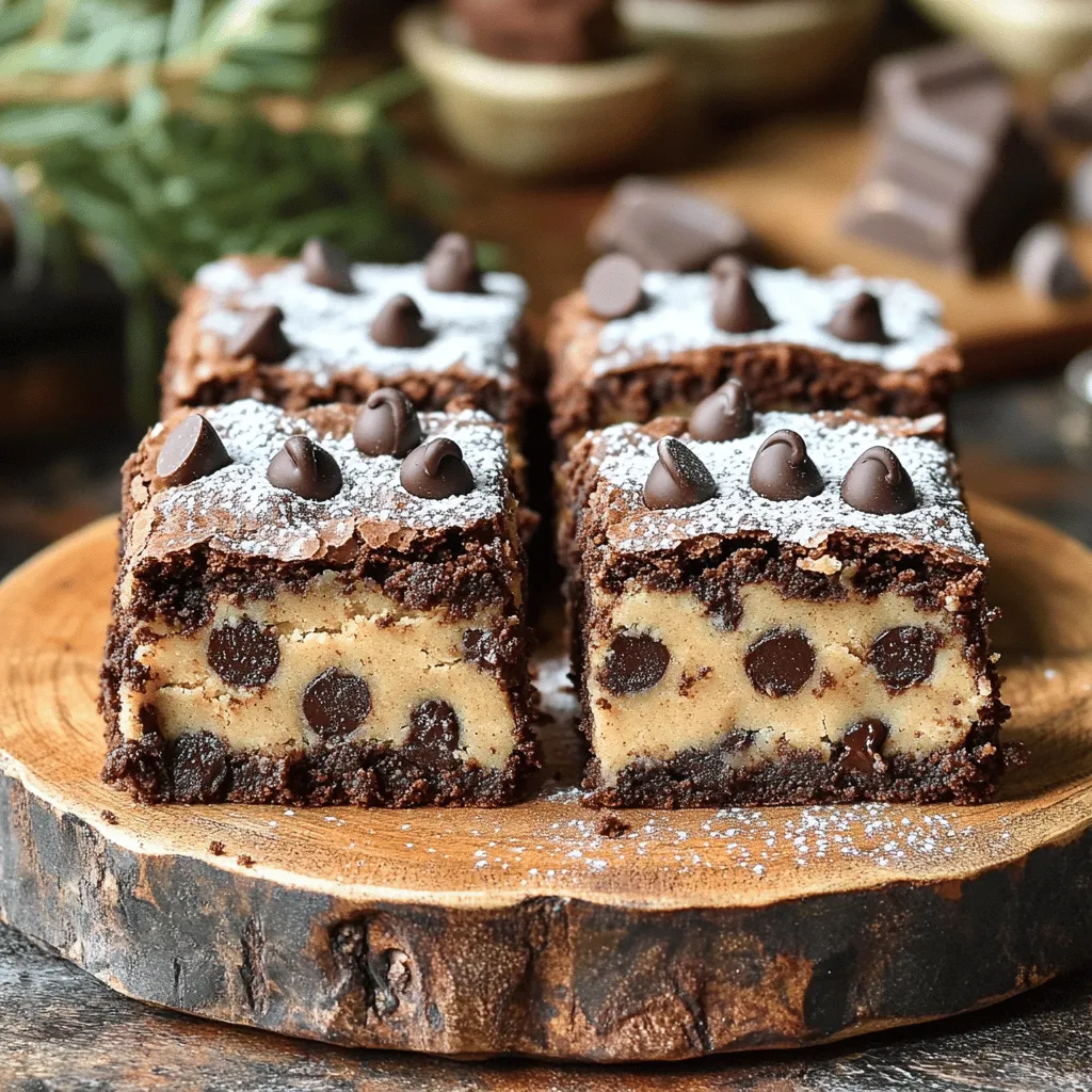 To make the brownies, you need: - 1 cup unsalted butter, melted - 2 cups granulated sugar - 1 cup packed brown sugar - 4 large eggs - 2 teaspoons vanilla extract - 1 cup all-purpose flour - 1 cup unsweetened cocoa powder - 1/2 teaspoon baking powder - 1/4 teaspoon salt - 1 cup semi-sweet chocolate chips