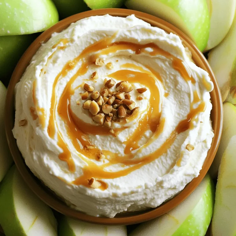 - 2 large apples (Granny Smith or Honeycrisp), sliced - 1 cup caramel sauce (store-bought or homemade) - 1/2 cup cream cheese, softened - 1/4 cup brown sugar - 1 teaspoon vanilla extract - 1/2 teaspoon ground cinnamon - 1/4 cup chopped nuts (peanuts, pecans, or walnuts) - Optional toppings: mini chocolate chips, sprinkles, or extra caramel drizzle You can switch the apples for any type you like. Try Fuji or Gala for a sweeter taste. If you want a dairy-free dip, use coconut cream instead of cream cheese. Maple syrup can replace brown sugar for a new twist. You can also use any nut butter if you prefer a nutty flavor. When choosing apples, look for firm ones with no soft spots. Granny Smith apples provide a nice tartness. Honeycrisp apples are sweeter and great for dipping. Always pick apples that smell fresh, as this shows they are ripe. If you want a mix of flavors, grab one of each! To make caramel apple dip, gather your ingredients first. You will need two large apples, caramel sauce, cream cheese, brown sugar, vanilla extract, ground cinnamon, and chopped nuts. Slice the apples into wedges for easy dipping. This dip is quick to prepare, taking just ten minutes. Start by mixing the cream cheese, brown sugar, and vanilla in a bowl. Use an electric mixer on medium speed. Mix until smooth and creamy. Next, slowly add the caramel sauce. Keep mixing until everything blends well. Stir in cinnamon and fold in chopped nuts if you want crunch. This adds a nice texture to the dip. Transfer the dip into a serving bowl. Smooth the top for a nice look. Drizzle more caramel sauce on top for decoration. Add toppings like chocolate chips or sprinkles if you like. Arrange apple slices around the dip for dipping. You can also use pretzel sticks or graham crackers. This makes it fun for everyone! For the complete recipe, refer to the Full Recipe section. To get the best dip, mix cream cheese until smooth. The cream cheese needs to be soft. This makes it easy to blend. Add the caramel sauce slowly. Mix well after each addition. If the dip seems too thick, add a tiny bit of milk. This helps it stay creamy. Taste and adjust sweetness if needed. You want a balance of tart and sweet. If you have leftover dip, cover it tightly. Use plastic wrap or a lid. Store it in the fridge. It can last up to three days. When ready to eat again, stir it well. The flavors will meld nicely. If it thickens, add a splash of milk again. This keeps it smooth and tasty. When you serve this dip, presentation matters. Use a nice bowl that stands out. Surround it with apple slices. You can also add pretzel sticks or graham crackers. For a fun twist, let guests add their toppings. Mini chocolate chips or extra caramel drizzle are great options. This way, everyone makes their own perfect bite. Enjoy the smiles when they taste this delightful treat! For the complete recipe, check out the Full Recipe. {{image_2}} You can change the flavor of your caramel apple dip easily. Try adding a little cocoa powder for a chocolatey twist. You can also mix in pumpkin spice for a fall taste. For something fruity, add some crushed strawberries or raspberries. Each change makes the dip unique and fun! If you're looking for a healthier option, swap the cream cheese for Greek yogurt. This keeps it creamy but cuts fat. You can use sugar-free caramel sauce to lower the sugar content. For nut allergies, skip the nuts or use seeds like sunflower seeds instead. These swaps help everyone enjoy the dip. Sliced apples are classic, but you can get creative! Try dipping pretzel sticks for a sweet and salty combo. Graham crackers add a nice crunch, too. For a fun twist, use banana slices or even strawberries. Each dipper brings a new flavor and texture to your caramel apple dip delight. For the full recipe, check out Caramel Apple Dream Dip ! To store caramel apple dip, place it in an airtight container. Make sure the lid fits tightly. This keeps air out and helps the dip stay fresh. You can also cover the dip with plastic wrap. Just press the wrap directly onto the dip's surface. This method helps avoid any crust forming on top. When preserving freshness, keep the dip in the fridge. The cool temperature slows down spoilage. Avoid leaving the dip out for more than two hours. If you have leftovers, always return them to the fridge promptly. If you add toppings, store them separately. This way, they stay crispy and do not make the dip watery. You can keep caramel apple dip for about five days in the fridge. After that, the quality may start to decline. Always check for any off smells or changes in texture before eating. If you notice anything odd, it’s best to toss it out. Enjoy your caramel apple dip while it’s fresh for the best taste! Yes, you can use store-bought caramel sauce. It saves time and tastes great. Many brands offer rich and smooth options. Just pour it right into the dip mix. If you want, you can also make your own caramel sauce. Homemade sauce adds a special touch. You can prepare the dip a day ahead. Just mix all the ingredients and store in the fridge. Cover it tightly with plastic wrap. This keeps it fresh and ready to serve. When you’re ready to serve, just add some fresh toppings. Besides apples, you can use many fruits. Pears are sweet and juicy. Bananas add a creamy texture. Strawberries bring a bright flavor. You can even try grapes or pineapple chunks. Each fruit adds a unique taste to your dip. The options are endless! This blog covered how to make a tasty caramel apple dip. We started with the essential ingredients and their substitutions. Then, I shared step-by-step instructions and tips for perfecting your dip. You can impress guests with fun variations and clever serving ideas. Remember, this dip is easy! It’s perfect for parties and gatherings. With a little care, you can enjoy it fresh for days. Dive into this treat and enjoy the sweet flavors!