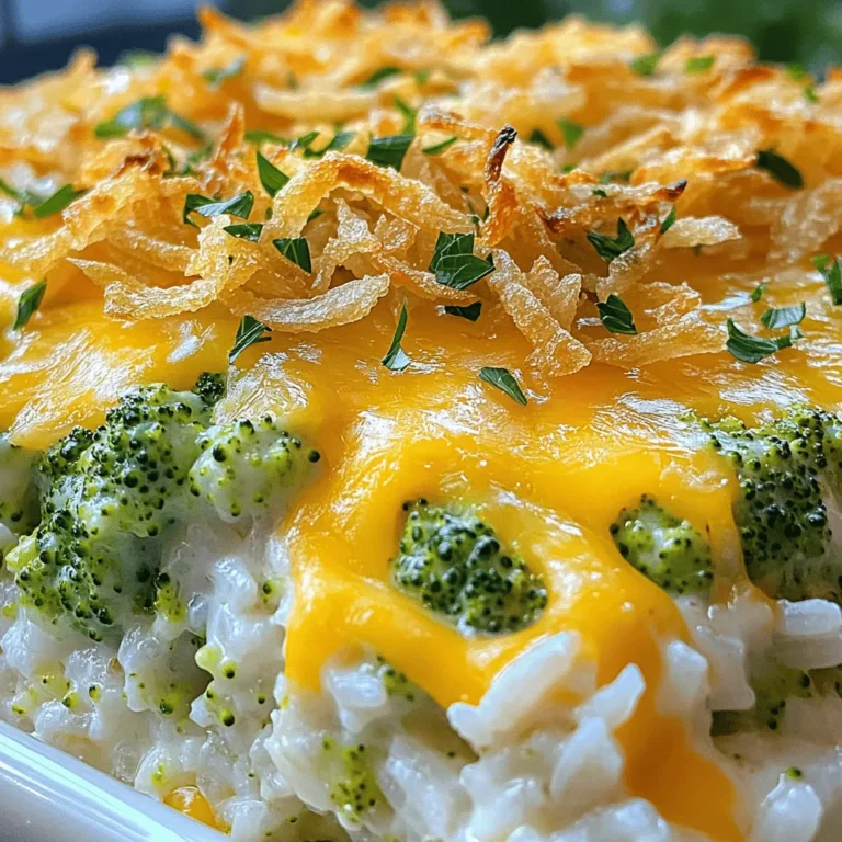 - 2 cups cooked white rice - 3 cups broccoli florets (fresh or frozen) - 1 cup shredded sharp cheddar cheese - 1 cup cream of mushroom soup - 1/2 cup milk - 1/4 cup grated Parmesan cheese - 1/2 teaspoon garlic powder - 1/2 teaspoon onion powder - Salt and pepper to taste - 1 cup crispy fried onions (for topping) You might want to swap the cream of mushroom soup. You can use a homemade version or try cream of chicken soup. Both give a nice flavor. For cheese, feel free to mix it up! Mozzarella or gouda can also work well. They will change the taste slightly but still make it cheesy. I love using fresh broccoli for its bright color and crunch. It gives a nice texture to the dish. If you choose fresh broccoli, steam it lightly before adding it to the casserole. This helps it cook well without being mushy. Frozen broccoli is a great choice too. It’s quick and easy! Just make sure to thaw and drain it first. This prevents excess water in your casserole. You want that cheesy goodness to shine through! 1. First, preheat your oven to 350°F (175°C). This is important for even cooking. 2. Next, take a large mixing bowl and combine the cooked white rice, broccoli florets, shredded sharp cheddar cheese, cream of mushroom soup, and milk. 3. Add the garlic powder, onion powder, salt, and pepper to the bowl. Stir everything until you mix it well. 1. Now, transfer the mixture into a greased 9x13 inch baking dish. Spread it out evenly. 2. Top the casserole with the grated Parmesan cheese for a nice flavor boost. 3. Place the dish in the oven and bake it for 30 minutes. 4. After 30 minutes, take the casserole out and sprinkle the crispy fried onions on top. 5. Return the casserole to the oven and bake it for another 10-15 minutes. This will make the onions golden and crispy. 1. Allow the casserole to cool for a few minutes after baking. This helps it set slightly. 2. For a pretty presentation, garnish with a sprinkle of fresh parsley. 3. Serve it hot, and pair it with your favorite protein for a complete meal. 4. This dish goes well with a side salad or some crusty bread for a hearty feast. For the full recipe, check out the details shared earlier! To make perfect rice, start with the right water-to-rice ratio. Use 2 cups of water for every cup of rice. Rinse the rice to remove excess starch. This helps prevent clumping. Bring the water to a boil, then add the rice. Cover it and reduce the heat to low. Cook for about 18 minutes. Remove it from heat and let it sit for 5 minutes. Fluff it with a fork before using it in the casserole. When storing cooked rice, let it cool first. Place it in an airtight container. This keeps it fresh for up to four days in the fridge. If you freeze it, use it within three months. For best results, label your container with the date. To make your casserole creamy, add a touch of sour cream or cream cheese. These ingredients blend well and boost flavor. You can also mix in some cooked spinach or sautéed mushrooms for extra creaminess. For the best melted cheese, choose sharp cheddar or a blend of cheeses. Grate the cheese yourself for better melting. Mix the cheese in with the other ingredients before baking. This ensures it melts evenly throughout the dish. To ensure even cooking, spread the mixture in the baking dish evenly. Avoid packing it too tightly. This helps the heat circulate and cook all parts well. To prevent a dry casserole, don’t skip the milk or cream of mushroom soup. They add moisture. If you notice the casserole seems dry after baking, cover it with foil. This helps retain steam and keeps it moist. {{image_2}} You can easily make this dish vegetarian. Just skip the meat and stick with the veggies. For a gluten-free option, swap the cream of mushroom soup for a gluten-free brand. You can also make your own soup from scratch, using safe ingredients. Want to add some protein? You can mix in cooked chicken or turkey. These meats pair well with the cheese and broccoli. If you prefer a vegetarian option, consider adding chickpeas for protein. You can also switch up the veggies. Try adding bell peppers or carrots for extra color and flavor. To boost the taste, consider adding herbs like thyme or parsley. These herbs brighten the dish and add freshness. If you like it spicy, toss in some jalapeños. They give the casserole a nice kick. With these variations, you can make your cheesy broccoli rice casserole unique every time you serve it. For the full recipe, check out the details above! To keep your Cheesy Broccoli Rice Casserole fresh, let it cool first. Then, place it in an airtight container. You can store it in the fridge for up to four days. If you want to keep it longer, freeze it. For freezing, use a freezer-safe container or wrap it well in plastic wrap. It can last in the freezer for up to three months. When it’s time to enjoy leftovers, I recommend reheating in the oven. Preheat your oven to 350°F (175°C). Place the casserole in a baking dish and cover it with foil. This helps keep it moist. Heat for about 20 minutes or until warm. If you want to avoid sogginess, do not add extra liquid. You can also use the microwave, but the oven gives better texture. You can make this casserole ahead for busy days. Prepare the dish but don’t bake it yet. Cover it and store it in the fridge for up to two days before baking. For meal prep, divide the casserole into individual servings in meal containers. This makes it easy to grab and go. Make sure the containers are microwave-safe for quick reheating. You can pair this casserole with many sides. Here are some great options: - Grilled chicken or baked fish - A fresh garden salad - Roasted carrots or green beans - Garlic bread or dinner rolls These sides add a nice balance to the dish. They also help round out your meal. Yes, you can use brown rice. It adds a nutty flavor and more fiber. However, you need to adjust the cooking time. Brown rice takes longer to cook than white rice. - Cook the brown rice for about 40-45 minutes before mixing it with other ingredients. - Ensure it's tender before adding to the casserole. Absolutely! You can prepare the casserole a day in advance. Just follow these tips: - Mix all the ingredients as stated in the recipe. - Cover and store it in the fridge. - When ready to bake, let it sit at room temperature for 30 minutes before cooking. This method saves time and makes serving easier. To turn this dish into a full meal, consider adding protein. Here are some ideas: - Shredded chicken or cooked ground beef - Canned tuna or diced ham - Cooked beans for a vegetarian option Adding these proteins boosts the dish's nutrition and makes it more filling. You can also toss in extra veggies for added color and health benefits. This recipe for Cheesy Broccoli Rice Casserole combines simple ingredients in a delightful way. You learned about the key components, cooking methods, and variations. There are many ways to adapt it to fit your taste or diet. Keep in mind storage tips for leftovers to enjoy later. With a few simple steps, you can craft this dish easily. Enjoy cooking and sharing this tasty casserole with friends and family!