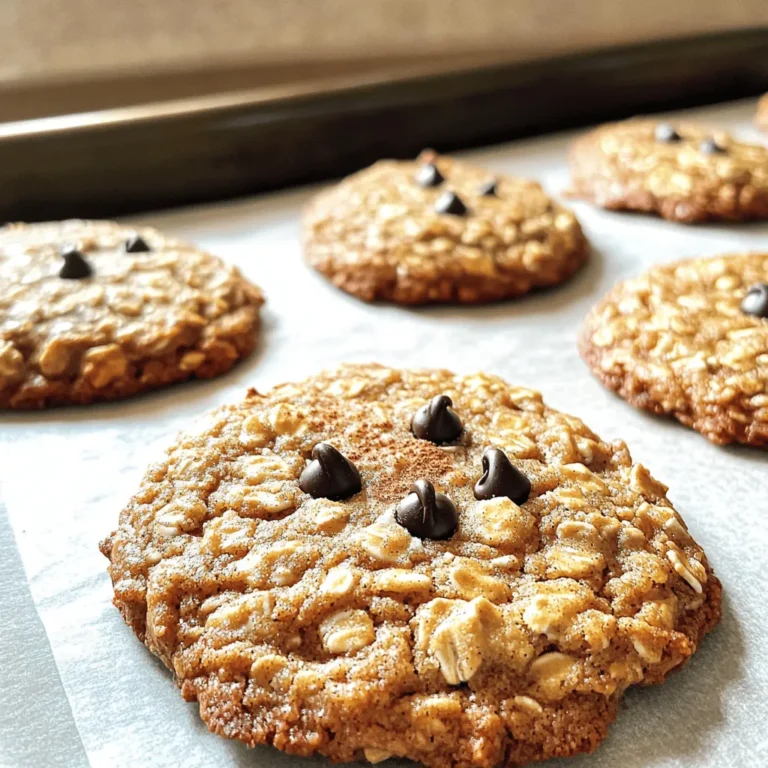 - 2 ripe bananas, mashed - 1 cup rolled oats - 1/2 cup almond flour - 1/4 cup honey or maple syrup - 1/4 cup unsweetened peanut butter or almond butter - 1 teaspoon vanilla extract - 1/2 teaspoon baking powder - 1/2 teaspoon cinnamon - 1/4 cup dark chocolate chips (optional) - Pinch of salt The ingredients for these banana oatmeal cookies are simple and healthy. The ripe bananas provide natural sweetness. You can choose honey or maple syrup, depending on your taste. The almond flour adds rich flavor while keeping the cookies light. Rolled oats give the cookies their chewy texture and boost fiber. Many people wonder about the nutritional information. Each cookie has about 100 calories. They contain healthy fats from nut butter. You'll also get protein from almond flour and oats. These cookies pack a punch with health benefits too. Oats are great for heart health. They can help lower cholesterol. Bananas provide potassium, which is good for your heart and muscles. For the full recipe, check out the detailed steps to make these delicious treats! First, you need to preheat your oven to 350°F (175°C). This step warms the oven to cook the cookies evenly. Next, line a baking sheet with parchment paper. This keeps the cookies from sticking and makes cleanup easy. In a large mixing bowl, combine the two ripe bananas and almond butter. Mash the bananas well until the mixture is smooth. Then, stir in the honey or maple syrup, vanilla extract, and a pinch of salt. Mix all these wet ingredients well. In another bowl, mix the rolled oats, almond flour, baking powder, and cinnamon. Make sure the dry ingredients are combined evenly. Now, slowly add the dry mix to the wet mix. Stir until everything is fully blended. If you want, fold in the dark chocolate chips for a yummy treat. Using a spoon or cookie scoop, drop mounds of dough onto the prepared baking sheet. Leave about 2 inches of space between each mound. This allows them to spread while baking. Flatten each mound slightly with the back of a spoon for a nice shape. Bake your cookies in the preheated oven for 12 to 15 minutes. Keep an eye on them until the edges turn golden brown. Once baked, let the cookies cool on the baking sheet for about 5 minutes. After that, move them to a wire rack to cool completely. Enjoy your tasty and healthy Banana Oatmeal Bliss Cookies! To achieve the perfect texture in your Banana Oatmeal Cookies, you can choose between chewy and crunchy. For chewy cookies, use less baking time. Bake them for 12 minutes until the edges are golden but the center stays soft. If you prefer crunchy cookies, bake them for 15 minutes. Let them cool longer on the baking sheet. This allows them to crisp up as they cool. Adding spices can elevate your cookie experience. A dash of nutmeg or an extra sprinkle of cinnamon gives warmth and depth. You can also try vanilla or almond extracts for a twist. Optional add-ins like nuts or seeds enhance crunch and flavor. Chopped walnuts or sunflower seeds work great here. Feel free to mix in dark chocolate chips for a sweet surprise. Serve your cookies warm with a glass of milk or a cup of tea. They make a lovely breakfast treat too! Try pairing them with yogurt for a delightful snack. For a fun twist, top them with a bit of peanut butter or an extra drizzle of honey. Dust with cinnamon for a festive touch before serving. Your friends will love these tasty treats! {{image_2}} You can easily adjust this recipe for special diets. If you need gluten-free cookies, swap regular flour for almond flour or oat flour. These flours work well and keep the cookies soft. For a vegan option, replace honey with maple syrup. You can also use nut butter made from sunflower seeds to avoid nuts. Add some fun flavors to your cookies! Try mixing in different fruits like diced apples, blueberries, or diced peaches. You can also add nuts or seeds for crunch. If you love chocolate, toss in mini chocolate chips or chunks. Seasonal flavors can be exciting too! In fall, add pumpkin spice. In summer, mix in fresh berries for a bright taste. To make these cookies even healthier, you can reduce the sugar. Use half the amount of honey or maple syrup. You can also use ripe bananas for natural sweetness. If you want to lower the carbs, swap almond flour for coconut flour. This change keeps them tasty while cutting carbs. To keep your Banana Oatmeal Cookies fresh, store them in an airtight container. This keeps moisture out and helps maintain their soft texture. You can also add a slice of bread to the container. The bread helps keep cookies moist. For longer storage, you can freeze the cookie dough or baked cookies. To freeze the dough, scoop mounds onto a baking sheet and freeze them until solid. Then, transfer them to a zip-top bag. For baked cookies, let them cool completely, then wrap them in plastic wrap and place them in a freezer bag. When stored properly, these cookies last about a week at room temperature. In the fridge, they can stay fresh for up to 10 days. If you freeze the dough, it can last for about three months. Baked cookies can remain in the freezer for up to two months. To reheat your Banana Oatmeal Cookies, use the oven. Preheat it to 350°F (175°C). Place cookies on a baking sheet and heat for about 5 minutes. This method keeps them soft and warm. You can also use the microwave. Heat each cookie for about 10-15 seconds. However, be careful not to overheat, as this can make them tough. Yes, you can use quick oats in banana oatmeal cookies. Quick oats are thinner than rolled oats. This change affects the cookie's texture. Your cookies may turn out softer and less chewy. If you prefer a heartier bite, stick with rolled oats. You can replace eggs with applesauce or mashed bananas. Use about 1/4 cup of either for each egg. This will keep your cookies moist and tasty. Another option is to use flaxseed meal mixed with water. Mix 1 tablespoon of flaxseed meal with 2.5 tablespoons of water. Let it sit for a few minutes to thicken before adding. To boost flavor, try adding spices like nutmeg or ginger. Chopped nuts or seeds also work great for added crunch. Dried fruits like cranberries or raisins bring natural sweetness. If you like chocolate, dark chocolate chips are a perfect choice. You can mix and match these options to find your favorite combo. For the full recipe, check out the Banana Oatmeal Bliss Cookies. This blog post shared a simple and tasty banana oatmeal cookie recipe. We explored the ingredients, vital health benefits, and step-by-step instructions. I provided tips for texture and flavor, plus variations to fit your diet. Remember, these cookies are not only easy to make but also healthy. Enjoy them fresh or store them for later. With creativity, you can enhance their taste and make them your own. Bake and enjoy a nutritious treat that fits any lifestyle!