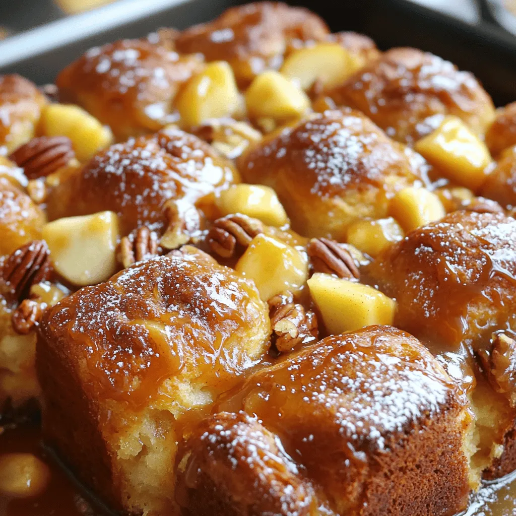 To make Caramel Apple Monkey Bread, gather these simple ingredients: - 2 cans (16 oz each) refrigerated biscuit dough - 1 cup granulated sugar - 1 tablespoon ground cinnamon - 1/2 cup unsalted butter, melted - 2 apples (Granny Smith or Honeycrisp), peeled, cored, and diced - 1 cup caramel sauce (store-bought or homemade) - 1/2 cup chopped pecans or walnuts (optional) - Powdered sugar, for dusting These ingredients make this treat sweet and fun to eat. The biscuit dough serves as the base. The sugar and cinnamon create a tasty coating. The apples add a fresh crunch, while the caramel sauce brings a rich flavor. If you like nuts, toss in some pecans or walnuts for extra texture. Don’t forget the powdered sugar for a lovely finish! You can find the full recipe in the section above. This recipe is perfect for gatherings or cozy nights in. Enjoy the process of making this delightful dessert! - Preheat the oven to 350°F (175°C). - Grease a bundt pan with non-stick cooking spray. - In a large bowl, combine 1 cup of granulated sugar and 1 tablespoon of ground cinnamon. - Open the two cans of refrigerated biscuit dough. Cut each biscuit into quarters. Toss the pieces in the sugar mixture until they are well coated. - In the greased bundt pan, layer half of the coated biscuit pieces at the bottom. - Next, sprinkle half of the diced apples over the biscuit pieces. If you like, add half of the chopped nuts. - Drizzle about 1/4 cup of caramel sauce on this layer. - Repeat these layers with the remaining biscuit pieces, apples, and nuts. Drizzle more caramel sauce on top. - Finally, pour the melted butter evenly over everything before baking. - Bake in the preheated oven for 30-35 minutes. - To check doneness, insert a toothpick into the center. It should come out clean when the monkey bread is ready. This recipe is sure to bring joy and sweetness to your table. For the full details, check the Full Recipe. To get that golden color, bake your monkey bread until it is brown on top. This usually takes about 30-35 minutes. Check the middle with a toothpick. If it comes out clean, your monkey bread is ready! When cutting the biscuit dough, use a sharp knife or scissors. Cut each biscuit into four equal pieces. This helps them cook evenly. Toss the pieces gently in cinnamon sugar. This adds flavor to every bite. For a lovely touch, serve your monkey bread warm. Guests can pull apart pieces easily. Add extra diced apples on top for color. A dollop of whipped cream makes it even better! For added sweetness, drizzle more caramel sauce over the top. If you want crunch, sprinkle some chopped nuts. This makes each piece exciting. Remember, the more fun toppings, the better the treat! You can find more ideas in the Full Recipe to help you enjoy this sweet and easy treat. {{image_2}} You can make your Caramel Apple Monkey Bread even more fun with flavor twists. Adding spices like nutmeg or cloves gives it a warm depth. A pinch of these spices enhances the apple flavor. Try using pears or peaches instead of apples for a fruity change. Each fruit brings its own unique taste, making your dish special every time. If you need gluten-free options, look for gluten-free biscuit dough. Many brands offer this now, so it’s easy to find. For vegan needs, you can swap butter with coconut oil or a vegan butter. You can also use a vegan caramel sauce. These simple swaps make the monkey bread fit different diets while still tasting great. To keep your Caramel Apple Monkey Bread fresh, store leftovers in the fridge. Place the bread in an airtight container. This helps prevent it from drying out. You can enjoy it for up to three days this way. When you're ready to eat, reheating is simple. Preheat your oven to 350°F (175°C). Place the monkey bread on a baking sheet. Cover it with foil to keep it moist. Heat for about 10-15 minutes. This keeps it warm and soft for you. If you want to save some for later, freezing is a great option. First, let the monkey bread cool completely. Then you can wrap it tightly in plastic wrap. After that, place it in a freezer-safe bag or container. This helps keep it fresh for about three months. When you're ready to enjoy it again, take it out of the freezer. Let it thaw in the fridge overnight. For reheating, follow the same steps as before. Preheat your oven to 350°F (175°C) and cover with foil. Heat until warmed through. Enjoy your sweet treat anytime! Yes, you can prep this recipe in advance. Start by cutting the biscuit dough and tossing it in the sugar mixture. Then, layer the biscuit pieces, apples, and nuts in the bundt pan. Drizzle the caramel sauce on top. Cover the pan with plastic wrap and refrigerate it for up to 24 hours. When ready, pour the melted butter over the top and bake as directed. I recommend using Granny Smith or Honeycrisp apples. Both types add a nice balance of sweet and tart flavors. Granny Smith apples are crisp and firm, while Honeycrisp apples are sweeter and juicy. You can also try Fuji or Braeburn for a twist. You can easily make your caramel sauce. Cook sugar and butter over low heat until melted. Stir until smooth. If you like it sweeter, add more sugar. For a richer flavor, add a pinch of sea salt. You can also use store-bought caramel sauce for convenience. Look for a golden brown color on top. A toothpick inserted should come out clean. If it’s still sticky, bake for a few more minutes. The center must be cooked through, so keep an eye on it during baking. This recipe for Caramel Apple Monkey Bread is easy and fun. You learned the basic ingredients and steps to make it delicious. The tips and variations help you customize it to fit your taste. By storing leftovers correctly, you keep it fresh for later. Whether you bake it today or prep ahead, this treat brings joy. Enjoy this sweet delight with friends and family. Now, get ready to make a warm and gooey dessert everyone will love!