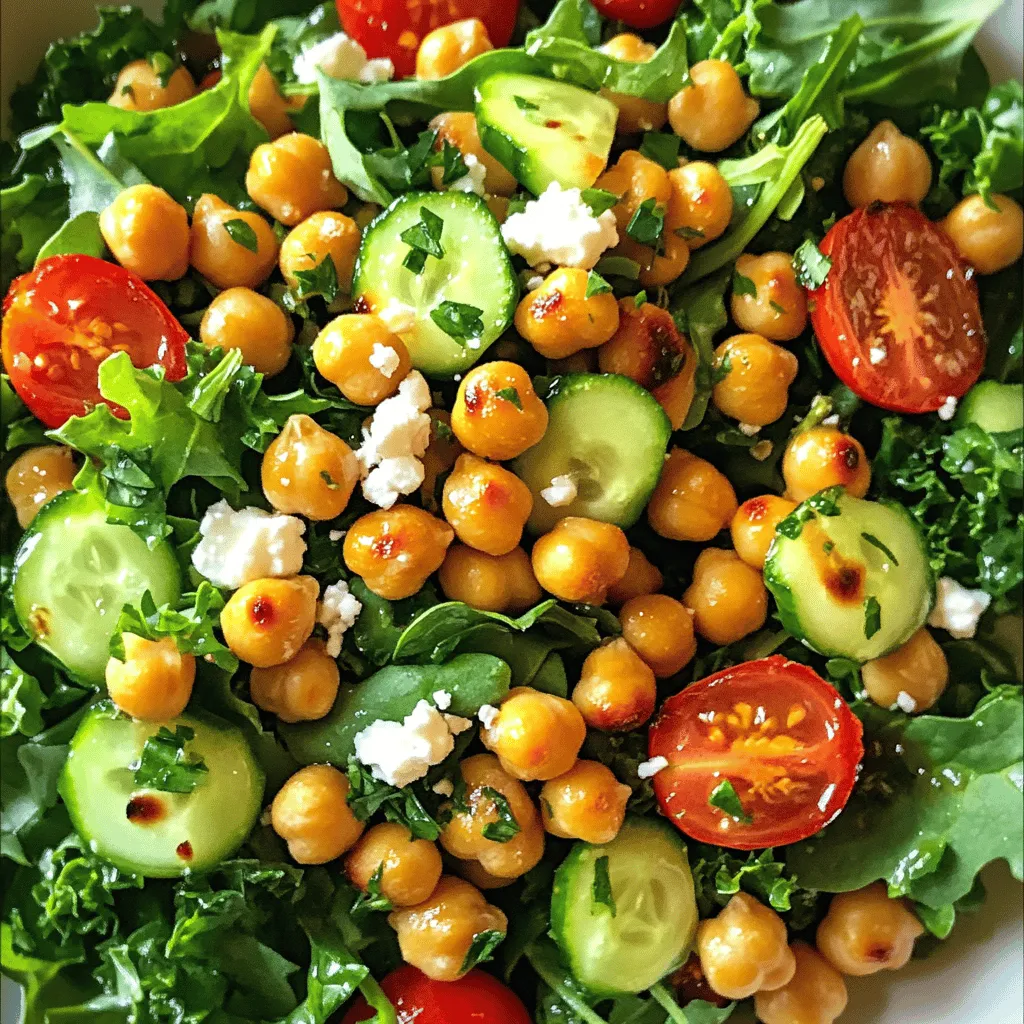 For a tasty crispy chickpea salad, you need these main ingredients: - 1 can (15 oz) chickpeas, drained and rinsed - 2 tablespoons olive oil - 1 teaspoon smoked paprika - 1 teaspoon garlic powder - 1/2 teaspoon cumin - Salt and pepper to taste - 4 cups mixed greens (spinach, arugula, kale) - 1 cup cherry tomatoes, halved - 1 cucumber, diced - 1/4 red onion, thinly sliced - 1/4 cup feta cheese, crumbled (optional) - Juice of 1 lemon - 1 tablespoon balsamic vinegar - Fresh herbs (parsley or cilantro) for garnish These ingredients create a salad that is both crispy and fresh. The chickpeas give protein, while the greens add vitamins. The spices bring great flavor. You can add fun toppings to make your salad even better. Try these options: - Sliced avocado for creaminess - Roasted nuts for crunch - Sliced olives for brininess - Grated carrots for sweetness These toppings let you customize your salad. Mix and match to find your favorite combination. Chickpeas are packed with protein and fiber. They help keep you full and support digestion. The greens add iron and vitamins A, C, and K. Tomatoes are rich in antioxidants, which are good for your heart. Feta cheese adds calcium and flavor. Olive oil provides healthy fats that support heart health. Each ingredient plays a role in making this salad both tasty and nutritious. This recipe is not just a meal; it's a way to nourish your body. You can find the full recipe to enjoy this salad at home! Start with one can of chickpeas. Drain and rinse them well. This step removes extra salt. Next, lay the chickpeas on a paper towel. Pat them dry to get rid of moisture. Dry chickpeas turn crispier when roasted. This is a key step for our dish. Preheat your oven to 400°F (200°C). This heat helps to create that perfect crunch. In a bowl, mix the dried chickpeas with two tablespoons of olive oil. Add one teaspoon of smoked paprika, one teaspoon of garlic powder, and half a teaspoon of cumin. Sprinkle in salt and pepper to taste. Toss everything well to coat the chickpeas. Spread them on a baking sheet. Make sure they are in a single layer for even cooking. Roast them for 25 to 30 minutes. Halfway through, stir them so they cook evenly. They should be golden brown and crispy when done. While the chickpeas roast, prepare the salad. In a large bowl, combine four cups of mixed greens. You can use spinach, arugula, or kale. Next, add one cup of halved cherry tomatoes and one diced cucumber. Thinly slice a quarter of a red onion and toss it in. If you like, sprinkle a quarter cup of crumbled feta cheese on top. In a small bowl, mix the juice of one lemon with one tablespoon of balsamic vinegar. Whisk it together, then pour it over the salad. Toss the salad well to coat it in the dressing. Once the chickpeas are ready and cooled, add them to the salad. Gently mix everything together. Garnish with fresh herbs like parsley or cilantro. Serve your Crispy Chickpea Salad right away for the best crunch. For the full recipe, check the section above. To make the best crispy chickpeas, start with dry chickpeas. After rinsing, pat them dry. This step removes extra moisture, which helps them get crispy. Spread the chickpeas on a baking sheet in a single layer. Avoid crowding them, or they won’t crisp up well. Also, add enough olive oil and seasoning. This ensures every chickpea gets flavor and crunch. While lemon juice and balsamic vinegar are great, you can try other dressings too. A tahini dressing adds a creamy touch. Mix tahini with lemon juice and water for a smooth blend. You could also try a yogurt-based dressing for a tangy flavor. Adding herbs like dill or basil can give your salad a fresh twist. Don’t be afraid to experiment with flavors you enjoy. You can easily make this salad fit your diet. If you’re vegan, skip the feta cheese. You could use avocado instead for creaminess. For gluten-free options, just ensure your dressing is free from gluten ingredients. Add proteins like grilled chicken or tofu for extra energy. If you're low-carb, use leafy greens and skip the grains. This salad can change to match your needs. For the full recipe, check out Crispy Chickpea Salad. {{image_2}} You can switch up your greens. Try using romaine, butter lettuce, or even Swiss chard. Each of these options adds a unique taste and texture. You can also mix in some carrots, bell peppers, or radishes for extra crunch and color. This keeps your salad fresh and fun! Add protein to make your salad more filling. Grilled chicken or tofu works great. These options boost the flavor and keep you satisfied. You could also try chickpea salad with hard-boiled eggs, shrimp, or even quinoa. Each choice makes the dish more balanced. Dressings can change the whole vibe of your salad. For a tangy kick, use a lemon-tahini dressing. If you like something creamy, try a yogurt-based dressing. A spicy ranch or a sweet vinaigrette can also add fun. Feel free to mix and match until you find your favorite flavor. Check out the Full Recipe for more ideas! Store leftover salad in an airtight container. Keep it in the fridge. This keeps it fresh for about two days. If you add the chickpeas, they may lose some crispiness. To keep chickpeas crispy, store them separately from the salad. Place them in a sealed container at room temperature. Avoid putting them in the fridge. If you notice they lose their crunch, re-roast them in the oven for a few minutes. For meal prep, make the chickpeas and salad separately. Roast the chickpeas ahead of time. You can wash and chop the vegetables in advance. Keep everything stored in separate containers. This way, you can mix them fresh before serving. For the best flavor, add the dressing just before eating. Check out the Full Recipe for details on preparation. To make chickpeas crispy, start by drying them well. Use a paper towel after draining. This step removes excess moisture. Then, toss them in olive oil and spices. The oil helps them crisp up in the oven. Roast them at 400°F for about 25-30 minutes. Stir them halfway to ensure even cooking. This method gives you crunchy, tasty chickpeas. Yes, you can prepare parts of the salad ahead of time. You can roast the chickpeas a day before. Just store them in a sealed container. The greens and veggies can be prepped too. Keep them in the fridge in separate bags. Mix everything just before serving. This keeps the salad fresh and crunchy. Chickpeas are very healthy. They are high in protein and fiber. This helps you feel full longer. They also have vitamins and minerals like iron and folate. Eating chickpeas can support heart health. They may help with weight management too. Adding them to your diet is a smart choice. Yes, this salad is vegan-friendly! It mainly uses vegetables and chickpeas. If you skip the feta cheese, it stays vegan. The dressing is made from lemon juice and balsamic vinegar, which are both plant-based. Enjoy this salad without any animal products. It’s a great choice for everyone! Crispy Chickpea Salad offers simple steps to a tasty dish. Start with chickpeas, roast them, and mix in your favorites. You can swap greens, add proteins, and choose dressings to fit your taste. Storing extras correctly keeps your salad fresh for later. This recipe is a fun way to boost health with chickpeas. Enjoy making this versatile salad that is both easy and good for you!