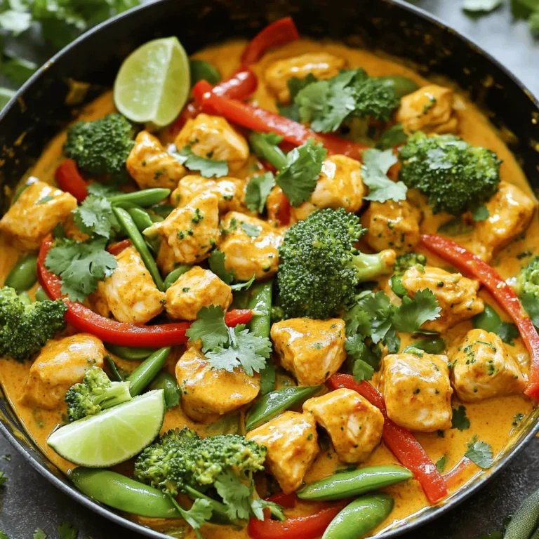 To make Coconut Curry Chicken, you need these key items: - 1 lb (450g) chicken breast, cubed - 1 can (14 oz) coconut milk - 2 tablespoons coconut oil - 1 onion, finely chopped - 2 cloves garlic, minced - 1 tablespoon fresh ginger, minced - 2 tablespoons red curry paste - 1 tablespoon fish sauce - 1 tablespoon brown sugar - 1 red bell pepper, chopped - 1 cup broccoli florets - 1 cup snap peas - Fresh cilantro, for garnish - Lime wedges, for serving - Salt and pepper to taste When cooking, measuring your ingredients helps. Here’s a quick guide: - Use a kitchen scale for chicken to ensure accuracy. - A standard can of coconut milk is 14 ounces. - For oil, use a tablespoon measuring spoon. - Fresh herbs like cilantro should be chopped roughly. - Vegetables can be chopped into bite-sized pieces for even cooking. You can also add some optional items to enhance the taste: - Extra vegetables like carrots or zucchini. - A splash of lime juice for brightness. - Chopped peanuts for crunch. - Sliced green onions for a fresh touch. - Additional spices like turmeric for warmth. These ingredients make your Coconut Curry Chicken rich and full of flavor. Check out the Full Recipe for more details! - Cubing the Chicken: Start by cutting the chicken breast into bite-sized cubes. Aim for pieces that are about one inch thick. This size ensures even cooking. - Measuring Ingredients: Gather all your ingredients first. Measure out the coconut milk, curry paste, and fish sauce. This step makes cooking smooth and easy. - Chopping Vegetables: Dice the onion and chop the red bell pepper. Also, mince the garlic and ginger. Keep the broccoli florets and snap peas ready. - Sautéing Aromatics: Heat coconut oil in a large skillet over medium heat. Add the chopped onion and stir. Cook until the onion softens, about three to four minutes. Then, add minced garlic and ginger. Stir for one minute until fragrant. - Browning the Chicken: Add the cubed chicken to the skillet. Season with salt and pepper. Cook until the chicken turns lightly brown, about five to seven minutes. This step builds great flavor. - Combining Flavors: Mix in the red curry paste. Stir well to coat the chicken. Now, pour in the coconut milk, fish sauce, and brown sugar. Stir everything together. Bring the mixture to a gentle simmer. - Adding Vegetables: Toss in the chopped red bell pepper, broccoli florets, and snap peas. Cook for an extra five to seven minutes. The veggies should be tender yet colorful. - Adjusting Seasoning: Taste your dish and adjust the seasoning. Add more salt, pepper, or sugar if needed. This step ensures a balanced flavor. - Serving Suggestions: Serve the Coconut Curry Chicken hot. Garnish with fresh cilantro and lime wedges for a zesty touch. You can find the full recipe [here](#). When cooking chicken for coconut curry, choose fresh chicken breast. Cut it into even cubes. This helps it cook evenly. Always season your chicken with salt and pepper. This adds flavor from the start. Sauté the chicken until it gets a nice golden color. This will lock in flavors. Cook it in batches if your pan is small. Overcrowding can make it steam instead of brown. For the best coconut milk, shake the can well before opening. This mixes the cream and liquid. When you add it to the pan, stir it gently. You want a smooth, creamy sauce. If your curry is too thick, add a splash of water. If it’s too thin, let it simmer longer. This will help it thicken. The right consistency is key for a great curry. To boost flavor, try adding a squeeze of lime juice. It brightens the dish and adds freshness. Fresh herbs like cilantro can also enhance taste. If you like it spicy, add more red curry paste or fresh chili. For a touch of sweetness, increase the brown sugar slightly. Always taste your curry as you cook. This helps you find the perfect balance of flavors. Check the Full Recipe for specific amounts and details. {{image_2}} You can turn your Coconut Curry Chicken into a warm soup. Just add more coconut milk and broth. This makes a creamy, rich soup. To make it, follow the same steps as the main recipe. After you add the coconut milk, add 2 cups of chicken broth. Let it simmer for about 10 minutes. Pour it into bowls, and top with fresh cilantro. This soup is tasty and comforting. Want to add more veggies? This version is perfect for you. Simply mix in your favorite vegetables. I like using carrots, bell peppers, and zucchini. Add these when you add the chicken. Cook them until they are tender. This not only adds color but also boosts nutrition. You can even change the veggies based on what you have at home. Do you prefer spicy food? You can easily adjust the heat level. To make it spicy, add more red curry paste. Start with 2 tablespoons and adjust to taste. You can also add chopped fresh chili peppers. If you want a milder dish, use less curry paste. You can even skip it entirely and use just coconut milk. This way, you still get a creamy dish without too much heat. Feel free to explore these variations for a fun twist on the classic Coconut Curry Chicken. For the full recipe, check the details above! To keep your Coconut Curry Chicken fresh, let it cool first. Then, transfer it to an airtight container. You can store it in the fridge for up to four days. Make sure to label the container with the date. This way, you know when to eat it. If you want to save some for later, freezing is a great option. Place the cooled chicken in a freezer-safe container. Leave some space at the top, as it will expand when frozen. Your Coconut Curry Chicken will stay good for about three months in the freezer. When you’re ready to eat, just thaw it in the fridge overnight. Reheating is simple. You can warm it in a skillet over low heat. Stir it often to heat evenly. If it seems thick, add a splash of coconut milk or water. You can also use a microwave. Place it in a microwave-safe bowl, cover it, and heat in short bursts. Stir between intervals for even warmth. Enjoy your meal like it's fresh! For the full recipe, check out the Tropical Coconut Curry Chicken. You can serve Coconut Curry Chicken with rice or noodles. White rice soaks up the curry sauce well. You can also try brown rice for a healthier option. Quinoa is nice too. For a fun twist, serve it with naan bread. This adds a unique touch and helps scoop up the curry. Green salad or steamed vegetables make great sides as well. They add freshness and balance to the meal. Yes, you can use canned chicken. Canned chicken is already cooked, so it saves time. Just drain and rinse it before adding it to the pan. Use it when you need a quick meal. The flavor may not be as rich, but it will still taste good. Fresh chicken gives a better texture, but canned works in a pinch. To make your Coconut Curry Chicken spicier, add more red curry paste. Start with one extra teaspoon and taste. You can also add chili flakes or fresh chopped chilies. For a different heat, try adding a splash of hot sauce. Remember to adjust slowly. You can always add more, but you can't take it out once it's in! Yes, you can make Coconut Curry Chicken ahead of time. Cook it and let it cool. Store it in an airtight container in the fridge. It stays good for about three days. Reheat it on the stove or in the microwave. The flavors will deepen as it sits, making it even tastier. Just remember to stir well before serving. You can also freeze it for up to three months. In this blog post, we explored how to make Coconut Curry Chicken. We covered essential ingredients, cooking steps, and tips for best results. You learned how to adjust flavors and create variations, like soup or spicy options. Proper storage and reheating tips help keep your dish fresh. Cooking should be fun, and this dish can fit any meal. Enjoy creating your Coconut Curry Chicken, and don't shy away from experimenting!