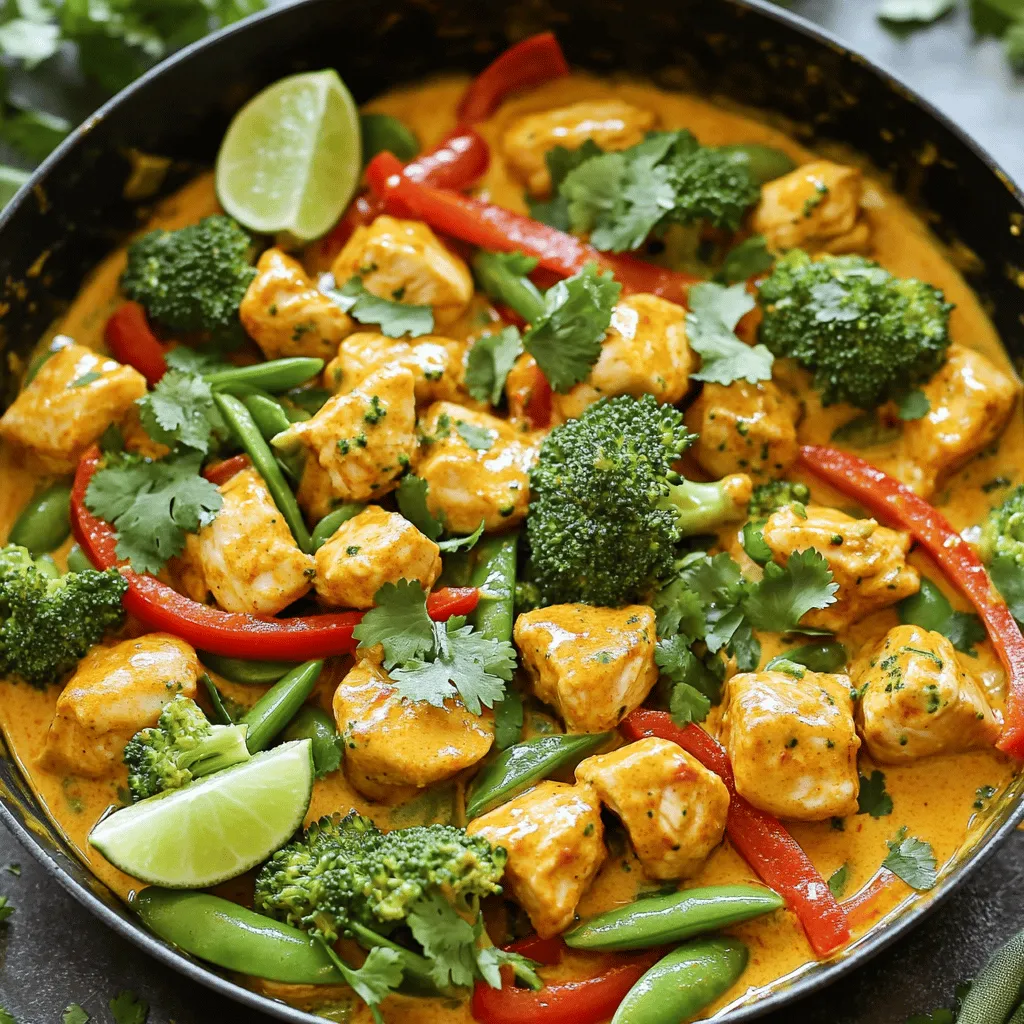 To make Coconut Curry Chicken, you need these key items: - 1 lb (450g) chicken breast, cubed - 1 can (14 oz) coconut milk - 2 tablespoons coconut oil - 1 onion, finely chopped - 2 cloves garlic, minced - 1 tablespoon fresh ginger, minced - 2 tablespoons red curry paste - 1 tablespoon fish sauce - 1 tablespoon brown sugar - 1 red bell pepper, chopped - 1 cup broccoli florets - 1 cup snap peas - Fresh cilantro, for garnish - Lime wedges, for serving - Salt and pepper to taste When cooking, measuring your ingredients helps. Here’s a quick guide: - Use a kitchen scale for chicken to ensure accuracy. - A standard can of coconut milk is 14 ounces. - For oil, use a tablespoon measuring spoon. - Fresh herbs like cilantro should be chopped roughly. - Vegetables can be chopped into bite-sized pieces for even cooking. You can also add some optional items to enhance the taste: - Extra vegetables like carrots or zucchini. - A splash of lime juice for brightness. - Chopped peanuts for crunch. - Sliced green onions for a fresh touch. - Additional spices like turmeric for warmth. These ingredients make your Coconut Curry Chicken rich and full of flavor. Check out the Full Recipe for more details! - Cubing the Chicken: Start by cutting the chicken breast into bite-sized cubes. Aim for pieces that are about one inch thick. This size ensures even cooking. - Measuring Ingredients: Gather all your ingredients first. Measure out the coconut milk, curry paste, and fish sauce. This step makes cooking smooth and easy. - Chopping Vegetables: Dice the onion and chop the red bell pepper. Also, mince the garlic and ginger. Keep the broccoli florets and snap peas ready. - Sautéing Aromatics: Heat coconut oil in a large skillet over medium heat. Add the chopped onion and stir. Cook until the onion softens, about three to four minutes. Then, add minced garlic and ginger. Stir for one minute until fragrant. - Browning the Chicken: Add the cubed chicken to the skillet. Season with salt and pepper. Cook until the chicken turns lightly brown, about five to seven minutes. This step builds great flavor. - Combining Flavors: Mix in the red curry paste. Stir well to coat the chicken. Now, pour in the coconut milk, fish sauce, and brown sugar. Stir everything together. Bring the mixture to a gentle simmer. - Adding Vegetables: Toss in the chopped red bell pepper, broccoli florets, and snap peas. Cook for an extra five to seven minutes. The veggies should be tender yet colorful. - Adjusting Seasoning: Taste your dish and adjust the seasoning. Add more salt, pepper, or sugar if needed. This step ensures a balanced flavor. - Serving Suggestions: Serve the Coconut Curry Chicken hot. Garnish with fresh cilantro and lime wedges for a zesty touch. You can find the full recipe [here](#). When cooking chicken for coconut curry, choose fresh chicken breast. Cut it into even cubes. This helps it cook evenly. Always season your chicken with salt and pepper. This adds flavor from the start. Sauté the chicken until it gets a nice golden color. This will lock in flavors. Cook it in batches if your pan is small. Overcrowding can make it steam instead of brown. For the best coconut milk, shake the can well before opening. This mixes the cream and liquid. When you add it to the pan, stir it gently. You want a smooth, creamy sauce. If your curry is too thick, add a splash of water. If it’s too thin, let it simmer longer. This will help it thicken. The right consistency is key for a great curry. To boost flavor, try adding a squeeze of lime juice. It brightens the dish and adds freshness. Fresh herbs like cilantro can also enhance taste. If you like it spicy, add more red curry paste or fresh chili. For a touch of sweetness, increase the brown sugar slightly. Always taste your curry as you cook. This helps you find the perfect balance of flavors. Check the Full Recipe for specific amounts and details. {{image_2}} You can turn your Coconut Curry Chicken into a warm soup. Just add more coconut milk and broth. This makes a creamy, rich soup. To make it, follow the same steps as the main recipe. After you add the coconut milk, add 2 cups of chicken broth. Let it simmer for about 10 minutes. Pour it into bowls, and top with fresh cilantro. This soup is tasty and comforting. Want to add more veggies? This version is perfect for you. Simply mix in your favorite vegetables. I like using carrots, bell peppers, and zucchini. Add these when you add the chicken. Cook them until they are tender. This not only adds color but also boosts nutrition. You can even change the veggies based on what you have at home. Do you prefer spicy food? You can easily adjust the heat level. To make it spicy, add more red curry paste. Start with 2 tablespoons and adjust to taste. You can also add chopped fresh chili peppers. If you want a milder dish, use less curry paste. You can even skip it entirely and use just coconut milk. This way, you still get a creamy dish without too much heat. Feel free to explore these variations for a fun twist on the classic Coconut Curry Chicken. For the full recipe, check the details above! To keep your Coconut Curry Chicken fresh, let it cool first. Then, transfer it to an airtight container. You can store it in the fridge for up to four days. Make sure to label the container with the date. This way, you know when to eat it. If you want to save some for later, freezing is a great option. Place the cooled chicken in a freezer-safe container. Leave some space at the top, as it will expand when frozen. Your Coconut Curry Chicken will stay good for about three months in the freezer. When you’re ready to eat, just thaw it in the fridge overnight. Reheating is simple. You can warm it in a skillet over low heat. Stir it often to heat evenly. If it seems thick, add a splash of coconut milk or water. You can also use a microwave. Place it in a microwave-safe bowl, cover it, and heat in short bursts. Stir between intervals for even warmth. Enjoy your meal like it's fresh! For the full recipe, check out the Tropical Coconut Curry Chicken. You can serve Coconut Curry Chicken with rice or noodles. White rice soaks up the curry sauce well. You can also try brown rice for a healthier option. Quinoa is nice too. For a fun twist, serve it with naan bread. This adds a unique touch and helps scoop up the curry. Green salad or steamed vegetables make great sides as well. They add freshness and balance to the meal. Yes, you can use canned chicken. Canned chicken is already cooked, so it saves time. Just drain and rinse it before adding it to the pan. Use it when you need a quick meal. The flavor may not be as rich, but it will still taste good. Fresh chicken gives a better texture, but canned works in a pinch. To make your Coconut Curry Chicken spicier, add more red curry paste. Start with one extra teaspoon and taste. You can also add chili flakes or fresh chopped chilies. For a different heat, try adding a splash of hot sauce. Remember to adjust slowly. You can always add more, but you can't take it out once it's in! Yes, you can make Coconut Curry Chicken ahead of time. Cook it and let it cool. Store it in an airtight container in the fridge. It stays good for about three days. Reheat it on the stove or in the microwave. The flavors will deepen as it sits, making it even tastier. Just remember to stir well before serving. You can also freeze it for up to three months. In this blog post, we explored how to make Coconut Curry Chicken. We covered essential ingredients, cooking steps, and tips for best results. You learned how to adjust flavors and create variations, like soup or spicy options. Proper storage and reheating tips help keep your dish fresh. Cooking should be fun, and this dish can fit any meal. Enjoy creating your Coconut Curry Chicken, and don't shy away from experimenting!