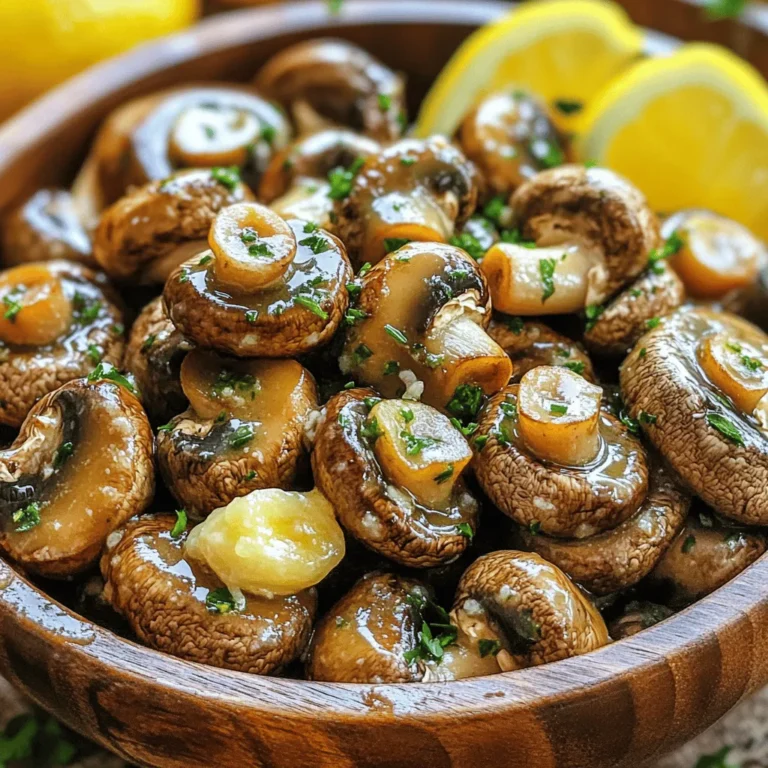 For herbed garlic butter mushrooms, you will need: - 500g fresh button mushrooms, cleaned and stemmed - 4 tablespoons unsalted butter - 3 cloves garlic, minced - 1 teaspoon fresh thyme leaves - 1 teaspoon fresh rosemary, finely chopped - 1 tablespoon fresh parsley, chopped - Salt and pepper to taste - Zest of 1 lemon - 1 tablespoon lemon juice If you don’t have fresh mushrooms, use cremini or shiitake. They add great flavor. For butter, you can use olive oil for a lighter option. If you lack fresh herbs, dried herbs work too, but use less. You can skip lemon zest and juice if you don't like the tangy taste. Each serving of herbed garlic butter mushrooms has about: - Calories: 150 - Protein: 3g - Fat: 13g - Carbohydrates: 6g - Fiber: 1g These mushrooms are rich in flavor and nutrients. You can enjoy them guilt-free alongside your favorite dishes. For the full recipe, check out the cooking instructions! Start by gathering your ingredients. You will need 500g of fresh button mushrooms. Clean them well and remove the stems. Mince 3 cloves of garlic. Chop 1 teaspoon each of fresh thyme and rosemary. You also need 1 tablespoon of chopped parsley, the zest and juice of 1 lemon, and 4 tablespoons of unsalted butter. Don't forget salt and pepper to taste. This prep will make cooking smooth and fun. Heat a large skillet over medium heat. Add the butter and let it melt until it foams. Once melted, add the minced garlic. Stir it for about 30 seconds. Be careful not to let it burn! Next, add the cleaned mushrooms. Toss them in the garlic butter. Cook for 5 to 7 minutes, stirring often. You want them to be tender and golden brown. Now, sprinkle the thyme, rosemary, lemon zest, salt, and pepper over the mushrooms. Stir well to mix all those delicious flavors. Let it cook for another 2 to 3 minutes so the herbs can infuse their flavor. Once done, remove the skillet from heat. Drizzle lemon juice over the mushrooms. Add the chopped parsley and toss gently. This will brighten the dish. Serve the mushrooms warm. They make a great side dish or a tasty appetizer over toasted crusty bread. For a beautiful presentation, use a rustic wooden bowl. Garnish with extra parsley and lemon wedges. For the full recipe, check the section above! Enjoy your cooking! Cooking mushrooms is simple if you follow some key steps. First, choose fresh mushrooms. Look for firm, smooth, and unblemished ones. Cleaning is vital. Use a damp cloth or a soft brush to wipe dirt off. Avoid soaking them in water, as mushrooms absorb moisture. When cooking, heat your skillet before adding butter. This step helps to brown the mushrooms evenly. Use medium heat and add butter until it foams. Then, toss in your garlic for flavor. Always stir the mushrooms gently. This process helps them cook evenly and prevents them from sticking. One common mistake is overcrowding the pan. If you add too many mushrooms at once, they will steam instead of brown. Instead, cook them in batches if needed. Another mistake is cooking at too high a heat. This can burn the garlic and ruin the dish. Always keep an eye on your heat level. Also, don’t skip the herbs. They add amazing flavor. Make sure to chop them fresh for the best taste. Lastly, remember to season your mushrooms with salt and pepper at the right time. Adding salt too early can draw out moisture and make them soggy. Reheating mushrooms is easy. Start by placing them in a skillet over low heat. Add a small amount of butter or oil to prevent sticking. Heat them gently, stirring often. This method keeps them tender and flavorful. Avoid microwaving them, as it can make them rubbery. Enjoy your leftovers warm, adding them to pasta or as a side with your favorite dish. For the complete recipe, check out the Full Recipe section. {{image_2}} You can boost the flavor of herbed garlic butter mushrooms by using different herbs. Basil adds a sweet touch. Oregano brings a warm, earthy flavor. You can also try using dill for a fresh twist. Just chop the herbs finely and add them in the same way as the thyme and rosemary. This lets each herb shine through in your dish. Feel free to mix and match based on what you have at home. If you like creamy dishes, adding dairy can take this recipe to the next level. You can stir in some cream or sour cream at the end of cooking. This makes the dish rich and velvety. For a lighter option, use Greek yogurt. Just mix it in off the heat to keep it smooth. This small change can make your mushrooms a comforting delight. For a vegetarian version, simply stick to the original recipe. If you want a vegan option, swap the butter for olive oil or vegan butter. This gives you the same rich flavor without dairy. You can also use a splash of vegetable broth instead of butter for a lighter taste. This way, everyone can enjoy these herbed garlic butter mushrooms! For the full recipe, check the section above. To store leftover herbed garlic butter mushrooms, let them cool first. Place them in an airtight container. Make sure to use a container that fits well. This helps keep the mushrooms fresh. Store the container in your fridge. They will last for about 3 days. If you want to keep them longer, consider freezing them. Freezing is a great way to save these mushrooms. Start by letting them cool down completely. Then, spread them on a baking sheet. Make sure they are in a single layer. Freeze them for 1-2 hours until firm. After that, transfer them to a freezer-safe bag. Remove as much air as possible before sealing. They will stay fresh for up to 3 months in the freezer. When you’re ready to eat your leftover mushrooms, you can reheat them easily. The best method is to use a skillet. Add a bit of butter or oil and heat over medium heat. Toss the mushrooms gently until they are warm. If they seem dry, add a splash of water or broth. This will help bring back their moist texture. You can also heat them in the microwave. Place them in a bowl and cover with a damp paper towel. Heat in short bursts, checking often. Enjoy them warm, just like when they were fresh! For the full recipe, check the [Full Recipe]. When choosing mushrooms, look for fresh button mushrooms. They should be firm and smooth. Avoid any that are slimy or have dark spots. Fresh mushrooms have a nice earthy scent. Their color should be bright and even. Always buy from a trusted source. You want mushrooms that look good and taste great. Yes, you can use dried herbs. They work well in this dish. Use about one-third of the amount. For example, if the recipe calls for one teaspoon of fresh thyme, use about one-third teaspoon of dried thyme. Dried herbs have a stronger flavor. So, adjust to your taste. However, fresh herbs add a special touch. They give a bright flavor that dried herbs can't match. Herbed garlic butter mushrooms last about three to four days in the fridge. Store them in an airtight container. Make sure they cool to room temperature before you store them. This keeps them safe and tasty. If you want to keep them longer, consider freezing. Just remember, the texture may change after freezing. Always enjoy them warm for the best flavor. For the full recipe, check out the details above. This post covered how to make herbed garlic butter mushrooms. We listed the key ingredients, shared substitutes, and provided nutritional info. You learned step-by-step cooking tips, variations, and storage methods. When preparing mushrooms, avoid common mistakes to keep them tasty. Feel free to experiment with herbs, spices, and creaminess. Remember to store your leftovers properly for future enjoyment. Cooking should be fun and straightforward, and I hope this guide helps you create delicious mushrooms every time. Enjoy your cooking adventure!