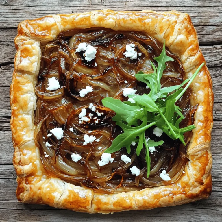 To make the Caramelized Onion and Goat Cheese Tart, gather these ingredients: - 1 sheet of puff pastry, thawed - 3 large onions, thinly sliced - 3 tablespoons unsalted butter - 2 tablespoons olive oil - 1 teaspoon sugar - 1 teaspoon thyme, fresh or dried - 4 oz goat cheese, crumbled - 1 tablespoon balsamic vinegar - Salt and pepper to taste - A handful of fresh arugula (for garnish) This list gives you everything you need for a delicious tart. If you can't find goat cheese, try feta or cream cheese. These options will still give a creamy texture. For the onions, sweet onions work best, but yellow onions are fine too. You can swap fresh thyme with dried herbs if needed. Using a different pastry? You can use pie crust or a gluten-free puff pastry if that suits your needs. Choose fresh onions that feel firm and heavy. Look for puff pastry that is flaky and well-packaged. Always check the expiration date on cheese. Fresh goat cheese should smell pleasant and creamy. For herbs, select vibrant greens without browning. Quality ingredients make your tart taste even better. For the full recipe, check the section above. Start by gathering all your ingredients. You need puff pastry, onions, goat cheese, and a few herbs. Make sure your puff pastry is thawed and ready to use. This will help it puff nicely when baked. 1. Preheat the Oven: Set your oven to 400°F (200°C). This ensures even cooking for your tart. 2. Caramelize the Onions: In a large skillet, melt the butter and olive oil over medium heat. 3. Add Onions: Add the thinly sliced onions, salt, and sugar. Stir well. Cook these onions slowly for 25-30 minutes. Keep an eye on them, stirring every few minutes. You want them to turn golden brown and sweet. 4. Finish with Herbs: In the last few minutes, add thyme and balsamic vinegar. This adds a nice depth of flavor. Once done, set the onions aside to cool. 5. Prepare the Puff Pastry: Roll out the puff pastry on a floured surface. This helps to smooth out any creases. 6. Shape the Pastry: Place the puff pastry on a baking sheet lined with parchment paper. Use a knife to gently score a 1-inch border around the edges. Be careful not to cut all the way through. 7. Assemble the Tart: Spread the caramelized onions evenly within the scored border. Then, sprinkle crumbled goat cheese on top. 8. Bake the Tart: Place the tart in the oven and bake for 20-25 minutes. Look for a puffed and golden brown pastry. 9. Garnish: Once baked, let the tart cool for a few minutes. Top with fresh arugula for a pop of color. Slice and serve warm or at room temperature. - Keep It Cold: Always work with cold puff pastry. This helps it puff up better when baked. - Watch for Burns: The oven can be hot. Use oven mitts when handling the tart. - Avoid Cross-Contamination: Use separate cutting boards for raw and cooked foods. This keeps everything safe and clean. Enjoy your Caramelized Onion and Goat Cheese Tart with the Full Recipe for the best experience! Caramelizing onions takes patience. Start with medium heat. Use a large skillet. Add butter and olive oil. This mix helps the onions cook evenly. Stir the onions often. This keeps them from burning. Add a pinch of salt and sugar. This will help them caramelize better. Cook for 25-30 minutes. Look for a deep golden brown color. The sweeter the taste, the better the onions will be. For perfect puff pastry, keep it cold. Thaw it in the fridge, not at room temp. Roll it out gently on a floured surface. Use a sharp knife to score the edges lightly. This creates a nice border once baked. Don't press too hard; you want the layers to stay intact. Bake it until it's golden and puffed. This makes each bite light and flaky. This tart pairs well with a fresh salad. Try arugula or mixed greens. A light vinaigrette adds a nice touch. For drinks, a crisp white wine works great. You can also serve it with a fruit chutney. This adds a sweet and tangy flavor. Feel free to enjoy it warm or at room temperature. Each slice is a delight. For the full recipe, check out the details above. {{image_2}} You can swap goat cheese for other cheeses. Feta adds a salty kick. Cream cheese gives a smooth texture. Try sharp cheddar for a bold flavor. Use ricotta for a creamy base. Each cheese brings its own charm to the tart. Want to add more to your tart? Try adding spinach or mushrooms. Both blend well with onions. You can also mix in cooked chicken or bacon for protein. This makes the tart heartier and more filling. Get creative with whatever you have on hand. If you need a gluten-free option, look for gluten-free puff pastry. Many brands now make this tasty alternative. You can also use a gluten-free pie crust or dough. This way, you still enjoy the tart without gluten. Always check the labels to ensure safety. For the full recipe, check out the details above! To store your leftover tart, let it cool completely first. Wrap it in plastic wrap or place it in an airtight container. Store it in the fridge for up to three days. This keeps it fresh and ready for your next meal. To reheat, preheat your oven to 350°F (175°C). Place the tart on a baking sheet. Heat for about 10-15 minutes, or until it’s warm. This method helps keep the crust crisp. You can also use a microwave, but it may make the crust soft. You can freeze the tart for later use. Wrap it tightly with plastic wrap and aluminum foil. It can last in the freezer for up to three months. When ready to eat, thaw it in the fridge overnight and reheat as mentioned above. Enjoy the flavors just like fresh! For more details, check the Full Recipe. Yes, you can make this tart ahead of time. I suggest preparing the caramelized onions and the puff pastry separately. You can store the onions in the fridge for up to three days. When ready to serve, spread the onions on the pastry and bake. This keeps the crust nice and crisp. This tart pairs well with several sides. Here are some great options: - A fresh green salad with lemon vinaigrette - Roasted vegetables for a hearty touch - A light soup, like tomato or butternut squash - A glass of white wine, such as Sauvignon Blanc These sides balance the rich flavors of the tart. Yes, you can make a vegan version of this tart. Use plant-based butter instead of regular butter. For the cheese, try vegan cream cheese or a nut-based cheese. The puff pastry is often vegan, but check the label to be sure. With these swaps, you can enjoy a delicious vegan tart! For the full recipe, click here: [Full Recipe]. This blog post covered all you need to know about making a Caramelized Onion and Goat Cheese Tart. You learned about key ingredients, cooking steps, and important safety tips. The best practices for caramelizing onions and perfecting puff pastry were shared, along with variations to try. For your leftovers, proper storage and reheating methods will keep your tart tasting great. Feel free to experiment with options like vegan ingredients or different cheeses. Cooking is all about trying new things while enjoying the process. Dive in and make this delicious tart your own!