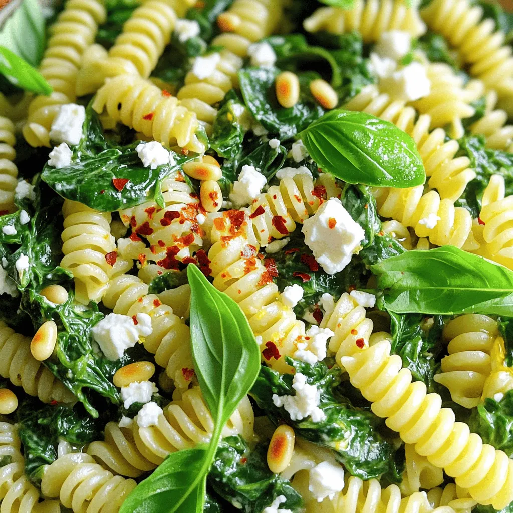 Here’s what you need for your satisfying pasta with spinach and feta dish. This list makes it easy to gather everything and get cooking. - 300g pasta (fusilli or penne) - 2 cups fresh spinach, roughly chopped - 150g feta cheese, crumbled - 2 tablespoons olive oil - 3 cloves garlic, minced - 1 teaspoon chili flakes (adjust to taste) - 1 tablespoon lemon zest - 2 tablespoons lemon juice - Salt and pepper to taste - Fresh basil leaves for garnish - Optional: toasted pine nuts for crunch This combination of ingredients creates a bright and tasty meal. Fresh spinach adds color and nutrients. Feta cheese brings a creamy, salty kick. Olive oil and garlic create a rich flavor base. Lemon zest and juice give the dish a refreshing twist. Adjust the chili flakes to your spice liking. If you want extra crunch, add toasted pine nuts. By using these fresh and simple ingredients, you make a dish that feels special but is easy to prepare. For the full recipe, check [Full Recipe]. Start by boiling a large pot of salted water. This step adds flavor to the pasta. Once the water is bubbling, add 300g of pasta, like fusilli or penne. Cook it according to the package instructions. Aim for al dente, which usually takes about 8 to 10 minutes. Before draining, save 1 cup of pasta water for later. This water helps create a creamy sauce. While the pasta cooks, heat 2 tablespoons of olive oil in a large skillet over medium heat. Once the oil is warm, add 3 cloves of minced garlic and 1 teaspoon of chili flakes. Sauté this mixture for about 1 to 2 minutes. You want the garlic to smell great but not burn. The chili flakes add a nice kick to the dish. Now it’s time to bring it all together. Add 2 cups of roughly chopped spinach to the skillet. Stir it often until it wilts, which takes about 2 to 3 minutes. Next, add the drained pasta to the skillet. Toss in 150g of crumbled feta cheese, 1 tablespoon of lemon zest, and 2 tablespoons of lemon juice. Mix everything well. If it feels too dry, add some reserved pasta water a little at a time. This will make your dish creamier and more vibrant. Cooking should be fun and rewarding! For the complete recipe, check out the Full Recipe. To make al dente pasta, start with a big pot of salted water. Bring it to a full boil. Add the pasta and stir it often. Check the package for cooking times. Taste a piece a minute or two before the time is up. It should be firm but not hard. When you drain the pasta, don’t forget to save some pasta water. This water is starchy and helps make your dish creamy. Keep about one cup of it in a bowl before you drain the rest. To boost flavor, try adding a pinch of nutmeg or some fresh herbs like parsley. You can also add more chili flakes if you like heat. A splash of balsamic vinegar is great for depth too. For presentation, use wide, shallow bowls. This makes the dish look fancy. Add some extra feta on top and a few fresh basil leaves. A drizzle of olive oil will shine and add flavor. One common mistake is overcooking the spinach. It should wilt, not turn mushy. Cook it just until it’s bright green. When mixing ingredients, add the feta gently. Crumble it on top of the pasta instead of mixing it in too hard. This keeps the cheese from breaking apart too much. Remember, a little goes a long way in flavor! For the full recipe, check out the Spinach & Feta Fiesta Pasta recipe. {{image_2}} You can add protein to make this dish heartier. For a classic twist, grilled chicken works well. Simply slice cooked chicken and toss it in with the pasta. Shrimp is another great choice. Sauté shrimp in olive oil until pink, then mix it in. If you prefer vegetarian options, consider chickpeas or tofu. Chickpeas add protein and fiber. Just rinse and drain a can. For tofu, cube it and sauté until golden. Both options blend nicely with spinach and feta. Cheese can change the flavor of this dish. If you want a milder taste, try goat cheese or ricotta. These cheeses will add creaminess and a unique touch. You can also use Parmesan for a sharper flavor. For those avoiding dairy, go for nutritional yeast. It provides a cheesy flavor without milk. Another option is cashew cheese. Blend soaked cashews with lemon juice for a creamy, dairy-free alternative. Using seasonal ingredients can elevate this recipe. In spring, add fresh peas for a pop of sweetness. In summer, cherry tomatoes burst with flavor and color. For fall, consider roasted butternut squash for a sweet note. You can also swap in other greens. Kale or arugula can add a peppery kick. Just remember to cook them until tender. Mixing in colorful veggies not only boosts nutrition but also makes your dish more vibrant. For the complete recipe, check out the Full Recipe section. To keep your pasta fresh, choose airtight containers. Glass or plastic containers work well. Make sure to let the pasta cool down first before sealing. Store it in the fridge for up to three days. When reheating, avoid the microwave if you can. Instead, use a skillet over low heat. Add a splash of water or olive oil to help restore moisture. Stir gently to keep the texture nice. You can also reheat in the oven at 350°F for about 10 minutes. You can freeze leftover portions for later. Divide the pasta into single servings and place them in freezer-safe bags. Remove as much air as possible. For best quality, eat within three months. When ready to eat, thaw in the fridge overnight and reheat as mentioned. For the full recipe, check out the Spinach & Feta Fiesta Pasta. You can pair this dish with simple sides. Here are some ideas: - Garlic bread: Crunchy and buttery, it complements pasta well. - Mixed green salad: Fresh greens with a light vinaigrette provide a nice contrast. - Roasted vegetables: Carrots, zucchini, or bell peppers add color and flavor. - Wine: A crisp white like Sauvignon Blanc goes well with this meal. You can store this dish in the refrigerator for about 3 days. Make sure to use an airtight container. If you want to freeze it, it can last up to 2 months. Just remember, the texture may change a bit after freezing. Yes, you can prep most of the ingredients ahead. Chop the spinach and garlic, and store them in the fridge. Cook the pasta and let it cool before storing it. The best way to assemble is just before serving. Mix everything together fresh for the best flavor. This dish combines fresh ingredients like spinach and feta to create delicious pasta. You learned how to cook the pasta perfectly, prepare a tasty sauce, and mix everything for a creamy finish. I also shared some helpful tips to avoid common mistakes. Lastly, you saw different variations and storage methods to suit your taste and needs. Enjoy experimenting with your own version of this dish! Your kitchen adventures are just beginning.