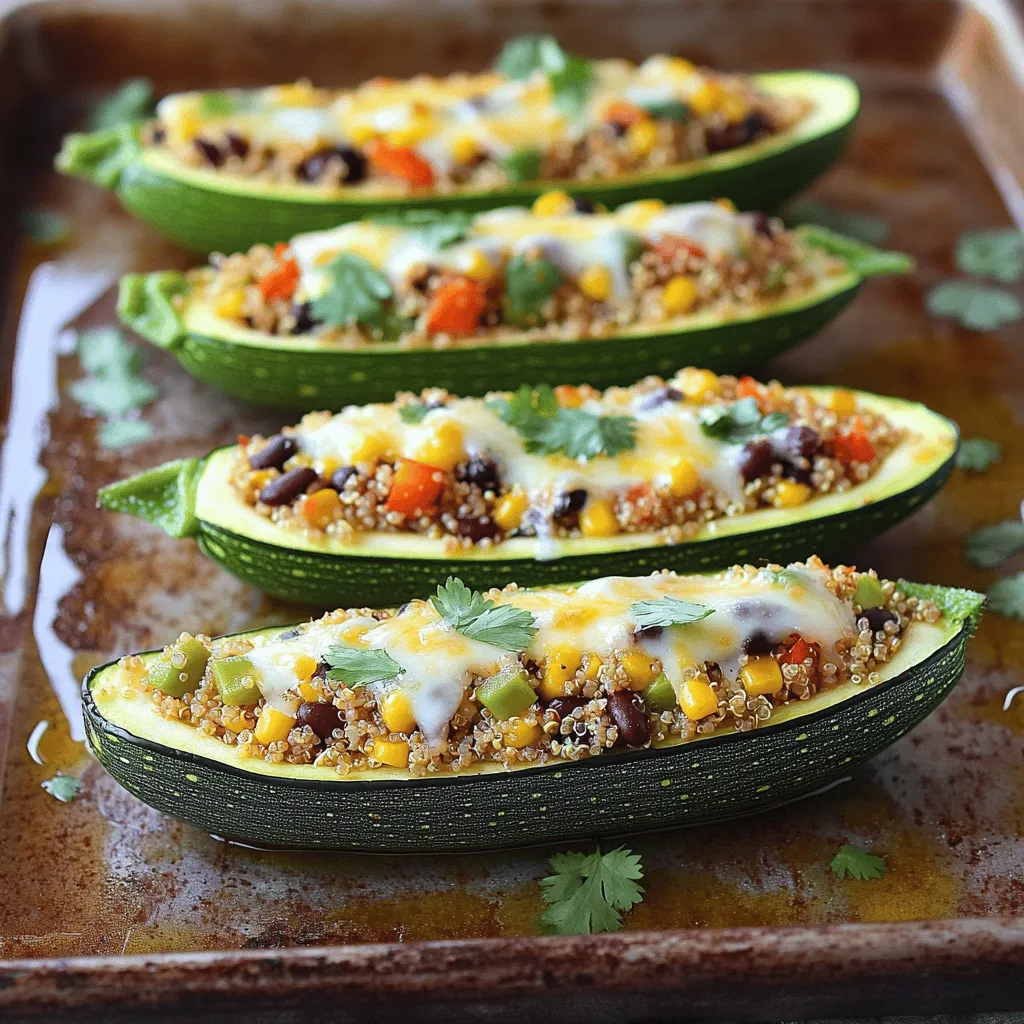 To make flavorful vegetarian stuffed zucchini boats, gather these key ingredients: - 4 medium zucchinis - 1 cup cooked quinoa - 1 can (15 oz) black beans, drained and rinsed - 1 cup corn kernels (fresh or frozen) - 1 red bell pepper, diced - 1 small red onion, finely chopped - 2 cloves garlic, minced - 1 teaspoon ground cumin - 1 teaspoon smoked paprika - ½ teaspoon chili powder - 1 cup shredded cheese (cheddar or Monterey Jack) - ¼ cup fresh cilantro, chopped - Salt and pepper, to taste - Olive oil for drizzling Fresh ingredients make a big difference in taste. For example, fresh corn adds sweetness while canned beans provide a hearty base. Using high-quality spices, like ground cumin and smoked paprika, boosts flavor. You can also play with cheese types to suit your taste. Always choose ingredients that you enjoy, as they will shine in the dish. When preparing, make sure to use the measurements listed. They ensure the best balance of flavors. I find that following the recipe helps each bite be as tasty as possible. For the full recipe, check out the detailed instructions. To start, gather your tools. You need a sharp knife, a spoon, and a baking sheet. First, wash the zucchinis. Cut each zucchini in half lengthwise. Use a spoon to scoop out the insides, leaving about a 1/4-inch shell. Save the scooped-out flesh for later. Next, cook the quinoa. Rinse 1 cup of quinoa under cold water. In a pot, add the quinoa and 2 cups of water. Bring it to a boil, then cover and simmer for 15 minutes. Once done, fluff it with a fork. Now, preheat your oven to 375°F (190°C). This ensures your zucchinis cook evenly. For the filling, heat a tablespoon of olive oil in a large skillet over medium heat. Add the chopped onion and minced garlic. Cook for about 2-3 minutes, until they soften. Then add diced red bell pepper and the reserved zucchini flesh. Cook for another 3-4 minutes until they are tender. Mix in the cooked quinoa, black beans, corn, cumin, smoked paprika, and chili powder. Stir well and season with salt and pepper. Finally, add half of the shredded cheese, mixing until evenly combined. Now it’s time to fill the zucchini boats. Take a spoon and scoop the filling into each zucchini half. Press down gently to pack the filling tightly. This ensures every bite is full of flavor. Place the stuffed zucchinis on a baking sheet. Drizzle a little olive oil over the tops to help them brown. Place the baking sheet in your preheated oven. Bake the zucchinis for 20-25 minutes. They should be tender and hot. If your oven runs hot or cold, adjust the time as needed. After 25 minutes, take them out and sprinkle the remaining cheese on top. Return them to the oven for another 5 minutes, until the cheese is melted and bubbly. Enjoy your delicious vegetarian stuffed zucchini boats! For a detailed list of all steps, refer to the Full Recipe. To cook zucchini boats just right, avoid overcooking. Start by preheating your oven to 375°F (190°C). Cut each zucchini in half and scoop out the insides, leaving a thin shell. This helps them hold their shape. When cooking your filling, use medium heat. Sauté onions and garlic for about 2-3 minutes until soft. Then, add in the diced bell peppers and zucchini flesh. Cook for an extra 3-4 minutes. This keeps the veggies crisp. To enhance flavor, use spices wisely. Ground cumin, smoked paprika, and chili powder add depth. Mix in fresh herbs like cilantro for brightness. A squeeze of lime juice can also lift the dish. Don’t forget to taste and adjust salt and pepper. Plating is key to a stunning dish. Use a large, flat plate. Arrange the stuffed zucchini boats neatly in the center. For a pop of color, add a bed of fresh greens or a simple salad around them. You can also use a drizzle of balsamic glaze for a fancy touch. Garnishing makes your dish shine. Top each zucchini with fresh cilantro right before serving. A sprinkle of extra cheese on top can also add visual appeal. If you want to impress, consider adding edible flowers or microgreens. These zucchini boats pair well with side dishes. A light quinoa salad or a simple green salad works great. If you want something warm, serve with garlic bread or crusty rolls. For dipping sauces, try a tangy yogurt sauce or a spicy salsa. A smooth avocado dip can also complement the flavors. These additions will enhance your meal and provide more variety on the plate. For the complete recipe, check out the Full Recipe section. {{image_2}} You can make your stuffed zucchini boats unique by swapping in different proteins. Tofu is a great choice if you like a soft texture. Lentils add a nice bite and are rich in protein. You can also try chickpeas for a nutty flavor. Feel free to add other vegetables, too. Chopped spinach or kale works well for added greens. Mushrooms give a nice earthy taste, while diced carrots add a touch of sweetness. Get creative with what you have! Spices can change the whole dish. Try adding Italian herbs like basil and oregano for a fresh taste. For a spicy kick, mix in crushed red pepper flakes. If you want a smoky flavor, increase the smoked paprika or add some chipotle peppers. Cheese choices can vary as well. Feta gives a nice tang, while goat cheese adds creaminess. For a dairy-free option, use vegan cheese, or leave it out altogether. You can also sprinkle nutritional yeast for a cheesy flavor without the dairy. If you need vegan options, skip cheese and use lentils or tofu for protein. For gluten-free boats, just ensure your filling contains gluten-free grains like quinoa. Looking for low-carb options? You can replace quinoa with cauliflower rice for fewer carbs. Just pulse cauliflower in a food processor until it resembles rice. This will keep your dish light and flavorful! For a full recipe, check out the Vegetarian Stuffed Zucchini Boats! After enjoying your tasty Vegetarian Stuffed Zucchini Boats, you might have some leftovers. To keep them fresh, place them in an airtight container. Make sure the zucchini boats are cool before sealing the container. Store them in the fridge for up to three days. If you want to keep them longer, freezing is a great option. Wrap each zucchini boat in plastic wrap, then place them in a freezer-safe bag. This helps prevent freezer burn. You can freeze them for up to three months. When it's time to enjoy your leftovers, reheating is key. The oven is the best way to reheat stuffed zucchini boats. Preheat your oven to 350°F (175°C). Place the zucchini boats on a baking sheet and cover them with foil. Heat for about 15 to 20 minutes, until they are warm. This method keeps the zucchini tender and the filling moist. You can also use a microwave if you're short on time. Just place one or two zucchini boats on a microwave-safe plate. Heat them for about 1 to 2 minutes, checking to avoid overcooking. While the microwave works, it may not keep the texture as nice as the oven. If you want to bring back some crispness, consider finishing them in the oven for a few minutes after microwaving. For more details, you can find the Full Recipe for these delicious zucchini boats. How to make vegetarian stuffed zucchini boats extra flavorful? To boost the flavor, use fresh herbs like basil or oregano. Add a splash of lime juice for brightness. Consider mixing in some diced jalapeños for heat. You can also swap out spices to match your taste. Can I prepare the filling in advance? Yes, you can prepare the filling a day ahead. Store it in the fridge in an airtight container. Just fill the zucchini right before baking for the best results. This saves time and makes meal prep easier. What should I do with leftover zucchini flesh? You can use the leftover zucchini flesh in many ways. Add it to soups, stir-fries, or salads. You can also mix it into the filling for a more flavorful dish. It’s a great way to avoid waste. Is this dish suitable for meal prep? Absolutely! Vegetarian stuffed zucchini boats are perfect for meal prep. Bake a batch and store them in the fridge. They keep well for up to four days. Reheat in the oven or microwave for a quick meal. For the Full Recipe, refer to the earlier section. In this blog post, we explored how to make delicious stuffed zucchini boats. We covered the key ingredients and their measurements, plus the difference between fresh and canned options. You learned preparation tips, cooking techniques, and how to assemble and bake the dish. To elevate your meal, I shared serving ideas and presentation tricks. Don’t forget to try variations to suit your taste. Finally, proper storage and reheating methods will help you enjoy leftovers. Enjoy experimenting with this healthy recipe!