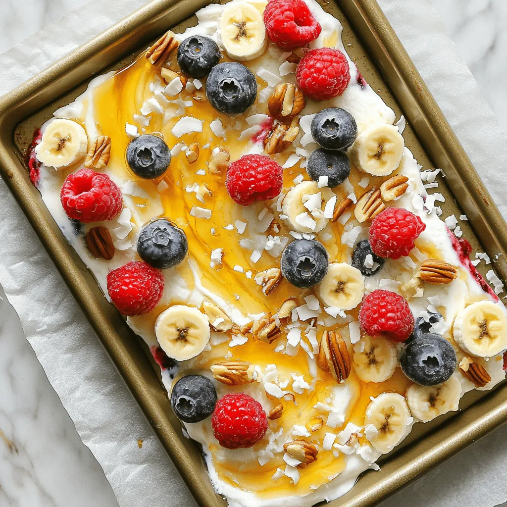- 2 cups plain Greek yogurt - 2 tablespoons honey or maple syrup - 1 teaspoon vanilla extract - 1 cup mixed berries (strawberries, blueberries, raspberries) - 1/2 banana, sliced - 1/4 cup chopped nuts (almonds, walnuts, or pistachios) - 2 tablespoons shredded coconut (optional) - A pinch of sea salt To make frozen yogurt bark, you need some key items. First, grab 2 cups of plain Greek yogurt. This yogurt gives your bark a creamy base. Next, add 2 tablespoons of honey or maple syrup. This sweetens it up just right. Don’t forget 1 teaspoon of vanilla extract for that yummy flavor. You can also add fun toppings. I love using 1 cup of mixed berries like strawberries, blueberries, and raspberries. They add color and taste. A 1/2 banana, sliced, works well too. For some crunch, add 1/4 cup of chopped nuts like almonds or walnuts. If you want a little extra, sprinkle on 2 tablespoons of shredded coconut. Finally, a pinch of sea salt brings out all the flavors. These ingredients make a tasty treat that’s also healthy. You can find the full recipe online for more details. Enjoy making this fun and easy snack! - Line a baking sheet with parchment paper or a silicone mat. This helps with easy removal later. - In a mixing bowl, combine the Greek yogurt, honey (or maple syrup), vanilla extract, and a pinch of sea salt. Stir until smooth. This yogurt mixture should be creamy and easy to spread. - Pour the yogurt mixture onto the baking sheet. Spread it out evenly to make a rectangular layer about 1/4 inch thick. - Scatter mixed berries, banana slices, chopped nuts, and shredded coconut (if using) over the yogurt. Press them lightly into the mixture. This step adds flavor and crunch to your bark. - Transfer the baking sheet to the freezer. Freeze for 3-4 hours until firm. Make sure it is completely frozen to ensure crisp bites. - Once frozen, remove the bark from the freezer. Let it sit for a few minutes. This helps soften it slightly for easier cutting. - Using a sharp knife, cut the yogurt bark into pieces of your desired size. You can make squares or rectangles. For cutting tips, try to use a warm knife. It makes slicing easier. You can store the pieces in an airtight container in the freezer. Enjoy this fun treat whenever you like! For the full recipe, check out the details provided earlier. To make great frozen yogurt bark, start with the right Greek yogurt. Look for full-fat plain Greek yogurt. It gives a creamy texture and rich taste. Brands like Fage or Chobani are good choices. They have the right balance of tartness and creaminess. Next, focus on sweeteners. Honey and maple syrup both work well. Honey gives a floral note, while maple syrup adds a warm flavor. You can also adjust the sweetness to your taste. Start with two tablespoons and taste before adding more. Presentation matters when serving frozen yogurt bark. Use a colorful platter to catch the eye. Drizzle extra honey on top for a shiny finish. This adds a sweet touch and looks great. Add fresh berries on top right before serving. They bring color and brightness to your dish. Use strawberries, blueberries, or raspberries for a fun mix. You can even add mint leaves for a fresh look. To freeze yogurt bark evenly, spread the yogurt mixture about 1/4 inch thick on the baking sheet. Make it as smooth as possible. This helps it freeze uniformly. Avoid freezer burn by covering your yogurt bark well. Use parchment paper to line your baking sheet. After freezing, wrap pieces in plastic wrap. Store them in an airtight container. This keeps them fresh and tasty for longer. For the full recipe, you can check the other section above. {{image_2}} You can mix things up with different flavors. For a chocolate yogurt bark, use chocolate Greek yogurt instead of plain. It adds a rich taste that kids love. You can also sprinkle mini chocolate chips on top for extra sweetness. For a tropical yogurt bark, try using pineapple and coconut. Use plain Greek yogurt and mix in some shredded coconut. Then, top it with diced pineapple. This combo gives a bright and sweet taste that feels like a vacation. If you need vegan options, use coconut yogurt instead of Greek yogurt. Maple syrup works great as a sweetener. This keeps it plant-based and delicious. For nut-free versions, skip the nuts and add seeds instead. Pumpkin seeds or sunflower seeds add crunch without the allergy risk. This way, everyone can enjoy a tasty treat. Using seasonal fruits can change the taste of your yogurt bark. In spring, fresh strawberries and cherries are perfect. In fall, try using apples and cinnamon for a cozy flavor. You can also customize your bark for holidays. For example, use red and green fruits for Christmas. Or, use orange and black fruits for Halloween. These colors make your bark fun and festive. Check out the Full Recipe for all the details on how to make frozen yogurt bark! To keep your frozen yogurt bark fresh, store it in an airtight container. This step helps keep moisture out. You can also use a freezer bag for easy access. To avoid freezer burn, press out as much air as possible before sealing. This will keep your bark tasty and looking great. Frozen yogurt bark lasts about one month in the freezer. To ensure freshness, always check your container's seal. If you see ice crystals on the bark, it may have freezer burn. Look for changes in color or texture, which are signs of spoilage. When in doubt, throw it out! If you have leftovers, get creative! You can chop the bark and mix it into yogurt parfaits. Just layer it with more yogurt and fresh fruit. Another fun idea is to blend pieces into smoothies. This adds a creamy texture and fruity flavor. Enjoy experimenting with your frozen yogurt bark! Frozen yogurt bark can last about 2 to 3 months in the freezer. To keep it fresh, store it in an airtight container. This will help prevent freezer burn and keep the taste great. Just be sure to label it with the date you made it. This way, you’ll know how long it has been in there. Yes, you can customize toppings to fit your needs. Some common allergens include nuts, dairy, and certain fruits. If someone has a nut allergy, try using seeds like sunflower or pumpkin instead. For a dairy-free option, look for coconut yogurt or almond yogurt. You can also switch up the fruits based on personal taste or what you have at home. Frozen yogurt bark can be a healthy snack. Each serving provides protein from the Greek yogurt, which helps keep you full. The mixed berries add fiber and vitamins. Bananas provide potassium, while nuts add healthy fats. Overall, it is a tasty treat that can fit into a balanced diet. Absolutely! You can make frozen yogurt bark in advance. It’s perfect for meal prepping. Just follow the Full Recipe and freeze it. When you want a snack, simply take out a piece. This makes it a great option for busy days when you need something quick and healthy. Frozen yogurt bark is a fun, easy treat you can make at home. We discussed simple ingredients, like Greek yogurt and honey, and ways to boost flavor and looks with toppings. You learned easy steps to prepare, freeze, and serve this snack. Remember to store it well to keep it fresh. Whether you want fruity or chocolatey, frozen yogurt bark is a treat for everyone. Enjoy creating your own versions while keeping health in mind.