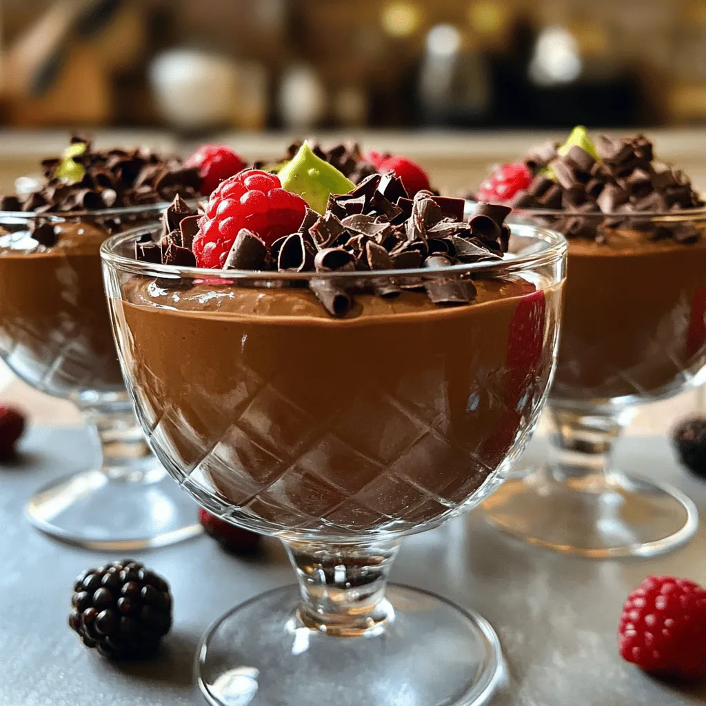 To make a rich and creamy chocolate avocado mousse, gather these ingredients: - 2 ripe avocados, peeled and pitted - 1/2 cup unsweetened cocoa powder - 1/3 cup maple syrup - 1/4 cup almond milk - 1 teaspoon vanilla extract - 1/4 teaspoon sea salt - Pinch of cinnamon (optional) - Dark chocolate shavings (optional) - Fresh berries (optional) Each ingredient plays a key role. The avocados create a smooth texture while adding healthy fats. Unsweetened cocoa powder gives that deep chocolate flavor we all love. Maple syrup acts as a sweetener, making it perfect for dessert. Almond milk keeps it light and creamy. Vanilla adds warmth, while sea salt heightens all the flavors. A hint of cinnamon can bring a warm twist if you like. For finishing touches, dark chocolate shavings or fresh berries make it pretty and tasty. You can find the full recipe for Chocolate Avocado Mousse in the recipe section. - Combine ingredients in a blender. - Use two ripe avocados, cocoa powder, maple syrup, almond milk, vanilla extract, sea salt, and cinnamon if you like. - Blend until smooth and creamy. Scrape down the sides as needed. - Taste the mousse and adjust sweetness to your liking. - Transfer mousse to serving bowls. - Cover the bowls with plastic wrap or a lid. - Refrigerate for at least 30 minutes to 1 hour. This helps the mousse set and flavors blend well. - Garnish with dark chocolate shavings for a rich touch. - Add fresh berries on top for a burst of color and flavor. - Pair with a dollop of coconut whipped cream for extra creaminess. - Serve alongside crunchy cookies for a fun texture contrast. For the complete recipe, check the Full Recipe. Enjoy making this rich and creamy treat! To make the best chocolate avocado mousse, start with ripe avocados. They should be soft to the touch but not too mushy. Ripe avocados blend smoothly and create a creamy base. If they are too firm, the mousse will be chunky. When blending, use high speed. This helps to break down the avocado fully. Stop the blender once to scrape the sides. This ensures an even mix. Blend for about 1-2 minutes until you see a velvety consistency. You might want to adjust the sweetness of your mousse. Start with the amount of maple syrup in the recipe. After blending, taste it. If you want it sweeter, add more syrup. Blend again to mix it in well. If you prefer other sweeteners, try agave nectar. Honey is another option, but it’s not vegan. You can also use stevia or monk fruit for a low-calorie option. To take your mousse to the next level, think about adding spices. A pinch of cinnamon gives a warm flavor. You can also try a dash of sea salt. It enhances the chocolate taste. For other flavor combinations, consider adding coffee. A bit of espresso powder boosts the chocolate flavor. You can also infuse it with citrus, like orange zest. This adds a fresh twist to your mousse. For more ideas, check out the full recipe. {{image_2}} To make this mousse vegan, you can swap out a few items. Use almond milk or any plant-based milk instead of dairy milk. For sweetening, choose maple syrup or agave nectar. Both options keep it tasty and vegan-friendly. Want to spice things up? You can add peanut butter or any nut butter to the mix. This twist gives the mousse a rich, nutty flavor. You can also infuse the mousse with citrus zest, like orange. The zest brightens the chocolate and adds a fresh kick. If you need to change serving sizes, it’s simple! You can double the recipe for a party or cut it in half for a small treat. The ideal size is about half a cup per person. This portion lets everyone enjoy their dessert without overdoing it. For larger gatherings, consider using small cups for a fun presentation. To store leftover chocolate avocado mousse, place it in an airtight container. This keeps it fresh. The mousse lasts about 3 to 5 days in the fridge. Make sure to cover it well to avoid any odors from other foods. Yes, you can freeze chocolate avocado mousse! Use a freezer-safe container for best results. It can last up to 2 months in the freezer. When ready to eat, thaw it overnight in the fridge. This helps to keep the texture creamy. Check for a change in color or smell. If the mousse becomes brown or has an off odor, it is best to discard it. Always trust your senses when it comes to food safety. Enjoy your chocolate avocado mousse while it’s fresh for the best taste! For the full recipe, refer back to the ingredients and instructions. Chocolate avocado mousse is a rich and creamy dessert made from ripe avocados and cocoa powder. The avocados give it a smooth texture, while cocoa adds a deep chocolate flavor. This mousse is not just tasty; it is also dairy-free and can be made vegan. The ingredients blend well, creating a decadent treat that feels indulgent. Yes, you can make this mousse ahead of time. It tastes even better after some chilling. Make it a day before your event, and let it sit in the fridge. Just cover it well to keep it fresh. When you are ready to serve, add your favorite garnishes for a lovely touch. Yes, this mousse is a healthier dessert option. Avocados are full of healthy fats, which are good for your heart. They also have fiber, vitamins, and minerals. Cocoa powder is rich in antioxidants. With maple syrup as a sweetener, you get a natural touch. Overall, this mousse can fit well into a balanced diet. Absolutely! You can use other sweeteners if you prefer. Honey, agave nectar, or even stevia work well. Just keep in mind that each sweetener has a different level of sweetness. Start with a small amount and taste as you mix. Adjust until you find the perfect sweetness for your mousse. To make this mousse nut-free, simply swap almond milk for a nut-free milk. Options like oat milk, soy milk, or coconut milk are great choices. These will keep the mousse creamy without using any nuts. Always double-check labels to ensure they meet your dietary needs. In this post, we explored how to make delicious chocolate avocado mousse. We covered the necessary ingredients, preparation steps, and ways to enhance flavors. I shared tips to perfect the texture and adjust sweetness. Variations allow you to customize this treat for any diet. Lastly, I provided essential storage info to keep your mousse fresh. This mousse is not just tasty; it's a fun way to enjoy healthy ingredients. Now it’s your turn to try making this dessert and impress your friends. Enjoy your cooking adventure!