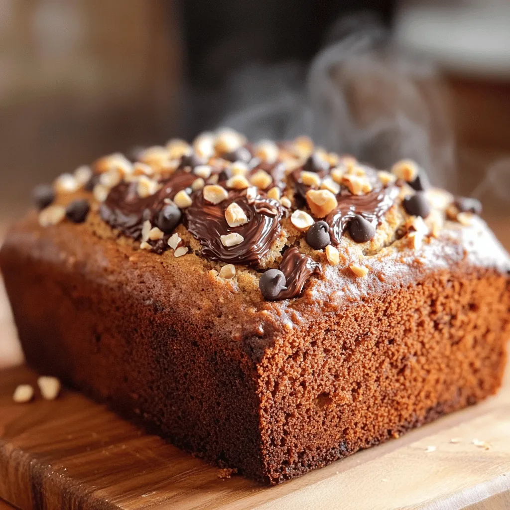 To make Nutella-Stuffed Banana Bread, gather these simple ingredients: - 3 overripe bananas, mashed - 1/3 cup melted butter - 1 teaspoon baking soda - Pinch of salt - 3/4 cup sugar - 1 large egg, beaten - 1 teaspoon vanilla extract - 1 1/2 cups all-purpose flour - 1/2 cup Nutella - Optional: chocolate chips or chopped hazelnuts These ingredients work together to create a moist and sweet banana bread. The overripe bananas give it a rich flavor. The melted butter adds a nice texture. Baking soda helps it rise, while the egg binds everything together. You can even add chocolate chips or nuts for extra crunch. When you mix these ingredients, remember to mash the bananas well. This ensures that they blend nicely into the batter. And don’t forget the Nutella! It adds a delightful surprise in the middle of the bread. For more detailed steps, check out the Full Recipe. You’ll find everything you need to create this tasty treat! - Preheat the oven to 350°F (175°C). - Grease the loaf pan with butter or non-stick spray. - In a bowl, combine the mashed bananas and melted butter. Mix until smooth. - Next, add the baking soda, salt, sugar, beaten egg, and vanilla. Stir well. - Gradually incorporate the flour into the banana mixture. Mix just until no dry flour remains. - Pour half of the batter into the prepared loaf pan. Spread it evenly. - Add dollops of Nutella across the batter. Use a knife to swirl it slightly. - Pour the remaining batter over the top, covering the Nutella. Smooth it out. - Bake in the preheated oven for 60 to 70 minutes. - Check doneness by inserting a toothpick into the center. Avoid the Nutella. - Once baked, let the banana bread cool in the pan for 10 minutes. Then, transfer it to a wire rack to cool completely. For the full recipe, refer to the ingredients and steps above. Enjoy the process! To make the best Nutella-stuffed banana bread, use overripe bananas. They are sweeter and softer. This adds moisture and flavor to your bread. If your bananas are not overripe, your bread may be dry. Avoid over-mixing the batter. Mix just until the flour disappears. A few lumps are okay. Over-mixing makes the bread dense, not light and fluffy. Serve your banana bread warm for the best taste. You can slice it and add extra Nutella on top. It also tastes great with a scoop of vanilla ice cream. Try pairing it with fresh fruit or a dollop of whipped cream for added flavor. If your bread does not rise, check your baking soda. It must be fresh. Old baking soda can cause the bread to fall flat. Make sure your oven is at the right temperature too. If your banana bread is dense, you may have over-mixed it. This can cause the bread to be tough. Next time, remember to mix gently. A light hand makes a big difference. For the full recipe, check the earlier sections. Enjoy your baking! {{image_2}} You can make your Nutella-stuffed banana bread even better by adding ingredients. Try chocolate chips for a rich taste. Chopped hazelnuts give a nice crunch. You can also play with spices. A dash of cinnamon adds warmth. Vanilla extract can brighten the flavor. Experimenting with these add-ins makes baking fun! You might want a healthier banana bread. You can use honey instead of sugar. This gives a sweet taste with less refined sugar. Swap all-purpose flour for whole wheat flour. This adds fiber to your bread. If you want to switch from Nutella, try almond or peanut butter. Both offer a nutty flavor and creamy texture. Change the recipe with the seasons. In fall, add pumpkin puree and warming spices. This makes a cozy treat. During summer, toss in fresh berries. Raspberries or blueberries add a fruity burst. For a tropical twist, use diced pineapple or coconut. These twists keep your banana bread exciting all year round. To keep your Nutella-stuffed banana bread fresh, you have two main options: room temperature and refrigeration. - Room Temperature: If you plan to eat the bread within a few days, store it at room temperature. Wrap it in plastic wrap or foil to keep it moist. - Refrigeration: If you want to keep it longer, place it in the fridge. This slows down spoilage but may dry it out slightly. Wrap it well to maintain moisture. For later use, you can freeze the banana bread. Slice it first for easy access. Wrap each slice in plastic wrap, then place them in a freezer bag. This way, you can enjoy a slice whenever you crave it! Banana bread lasts about 3 to 4 days at room temperature when stored properly. - Signs that it has gone bad: Look for mold or an off smell. If it feels dry or hard, it's time to toss it. Always check before eating! Enjoy your Nutella-stuffed banana bread while it’s fresh for the best taste. For the full recipe, you can refer to the earlier sections. Yes, you can. Frozen bananas work great in banana bread. To use them, take the bananas out of the freezer and let them thaw. This usually takes a few hours. You can also speed it up by placing them in warm water. Once thawed, peel and mash them. They should be very soft and easy to mix into your batter. This recipe is not gluten-free as it uses all-purpose flour. To make it gluten-free, you can use a gluten-free flour blend. Just make sure it contains xanthan gum, which helps give the bread structure. You might need to adjust the liquid amounts as gluten-free flours can absorb more moisture. Leftover Nutella is a treat! You can use it in many ways. Try spreading it on toast or pancakes. You can also swirl it into yogurt or oatmeal for extra flavor. Another fun idea is to make Nutella hot chocolate. Just mix it with warm milk, and enjoy! Reheating banana bread is easy! The best way is to use an oven. Preheat your oven to 350°F (175°C). Wrap the bread in foil to keep it moist. Heat it for about 10-15 minutes. You can also use a microwave, but be careful. Heat it in short bursts to avoid drying it out. Enjoy your warm banana bread! Banana bread is simple and fun to make. We covered all the essential steps and tips. Start with ripe bananas for great flavor. Layer Nutella for a tasty twist. You learned how to store it for longer freshness. Experiment with variations to keep it exciting. This recipe is great for sharing or enjoying alone. Now, gather your ingredients and bake your perfect loaf!