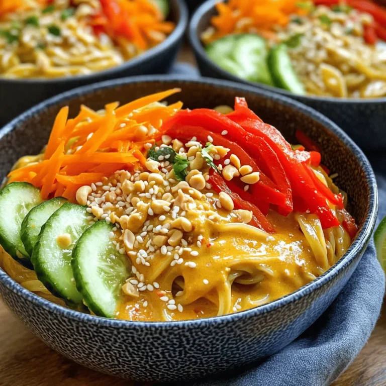 - Noodles: I use 8 oz of rice noodles. These noodles cook quickly. Boil them in water until just tender. Then, drain and rinse them under cold water. This stops the cooking and keeps them firm. - Vegetables: For crunch, I pick fresh and colorful options. I slice 1 cup of red bell pepper and julienne 1 cup of carrots and 1 cup of cucumber. I also add 1 cup of bean sprouts. Finally, I include 1/4 cup each of chopped green onions and fresh cilantro. These veggies add color and freshness. - Peanut Sauce: The sauce is key to this dish. I mix 1/2 cup of creamy peanut butter with 1/4 cup of soy sauce. Then, I add 2 tablespoons of lime juice and 1 tablespoon of sriracha. For sweetness, I add 1 tablespoon of honey or maple syrup and 1 tablespoon of sesame oil. If it’s too thick, I thin it with warm water. This sauce gives rich, bold flavor to the noodles. For the full recipe, check the details above. To cook the noodles, start by boiling water in a large pot. Add the rice noodles and cook them as the package says. This usually takes about 6 to 8 minutes. You want them to be tender but not mushy. Once done, drain the noodles in a colander. Rinse them under cold water. This stops the cooking and helps keep their texture just right. Next, prepare the peanut sauce. In a medium bowl, mix together the creamy peanut butter, soy sauce, lime juice, sriracha, sesame oil, and honey. Use a whisk to blend everything until it is smooth. If your sauce feels too thick, add a tablespoon of warm water. This will help it coat the noodles better. You can adjust the spice by adding more or less sriracha. Now it’s time to bring everything together. In a large mixing bowl, add the cooked noodles. Pour the peanut sauce over the noodles and toss gently. You want to coat the noodles without breaking them. Next, add your mixed veggies: red bell pepper, carrots, cucumber, bean sprouts, green onions, and cilantro. Toss everything together again. Make sure the sauce covers all the ingredients. For the full recipe, check back to the ingredients section. To get the best flavor from your spicy Thai peanut noodles, focus on balancing the seasonings. Start by tasting your dish as you cook. If it feels bland, add more soy sauce or lime juice. For extra heat, a dash of sriracha can make a big difference. You want that perfect mix of salty, sweet, and spicy. When it comes to veggies, think about texture. Some people like crunchy vegetables, while others prefer soft ones. For a crunchy bite, use fresh bean sprouts and red bell peppers. If you want softer veggies, cook the carrots briefly before adding them. This gives variety to each bite and makes your dish more exciting. How you serve your noodles can make your meal look more appealing. Use deep bowls to hold the noodles and arrange the veggies on top. This creates a colorful display that draws the eye. A lime wedge on the side adds a bright, zesty touch. For garnishing, crushed peanuts add a nice crunch. You can also sprinkle sesame seeds on top for a little extra flair. A handful of fresh cilantro not only adds flavor but also makes the dish pop with color. These small touches elevate your meal and impress your guests. {{image_2}} You can add protein to your spicy Thai peanut noodles for a heartier meal. Here are some great options: - Chicken: Cook and slice boneless chicken breast. Toss it in with the noodles for a savory kick. - Shrimp: Sauté shrimp in a pan until pink. Mix it in for a seafood twist. - Tofu: For a vegetarian option, use firm tofu. Press it to remove water, then cube and sauté until golden. For vegetarians and vegans, tofu is a perfect choice. It absorbs the sauce well and adds protein. You can also use tempeh for a different texture. Just remember to season it well to enhance the flavors. Finding substitutes can help if you have dietary needs. Here are some tips: - Gluten-free alternatives: Use rice noodles, which are already gluten-free. You can also try zucchini noodles for a low-carb twist. - Nut-free substitution: If you need a nut-free sauce, try sunbutter made from sunflower seeds. It mimics the creaminess of peanut butter without the nuts. These variations keep the dish tasty while catering to different diets. Enjoy experimenting with your spicy Thai peanut noodles! To store your spicy Thai peanut noodles, place them in an airtight container. This keeps the flavors fresh and prevents drying out. You can use glass or plastic containers that seal well. Make sure the noodles are cool before sealing. You can keep them in the fridge for up to three days. After that, the veggies may lose their crunch, and the noodles might become soggy. When it's time to eat again, reheating is key. To avoid mushy noodles, try to reheat gently. You have two main options: microwaving or stovetop reheating. - Microwaving: Place the noodles in a microwave-safe bowl. Add a splash of water to keep them moist. Heat in short bursts, stirring in between, until warm. - Stovetop reheating: Heat a non-stick pan over medium heat. Add a bit of oil or water, then toss in the noodles. Stir often until warmed through. This method helps maintain texture better than microwaving. By following these tips, you can enjoy your spicy Thai peanut noodles just as much as the first time! For complete details on making this dish, check the Full Recipe. Can I use other types of noodles? Yes, you can! While rice noodles are the go-to, feel free to use wheat noodles or even whole grain options. Just remember to adjust cooking times based on the type of noodle you choose. What is the origin of Thai Peanut Noodles? This dish comes from Thailand. It mixes Chinese and Thai flavors. Street vendors often serve it as a quick, tasty meal. The creamy peanut sauce makes it special and filling. How can I make this dish less spicy? To reduce the heat, cut back on sriracha. You can also skip it entirely or use a milder sauce. Adding more peanut butter or honey helps balance the spice too. What can I replace peanut butter with? If you need a substitute, try almond butter or sunbutter. Both have a similar texture and flavor. You can also use tahini, but it has a different taste. Alternatives for fresh vegetables? You can swap in any fresh veggies you like. Broccoli, snap peas, or even spinach work well. Just chop them into bite-sized pieces for easy mixing. You’ve learned how to make Spicy Thai Peanut Noodles from scratch. We covered main ingredients, cooking steps, and tips to enhance flavor. You now know how to customize the dish with proteins and adapt it to different diets. Remember, adjusting spice and balancing flavors can transform your meal. With the right storage and reheating methods, leftovers can be just as tasty. Dive into this dish and enjoy its vibrant flavors any time!