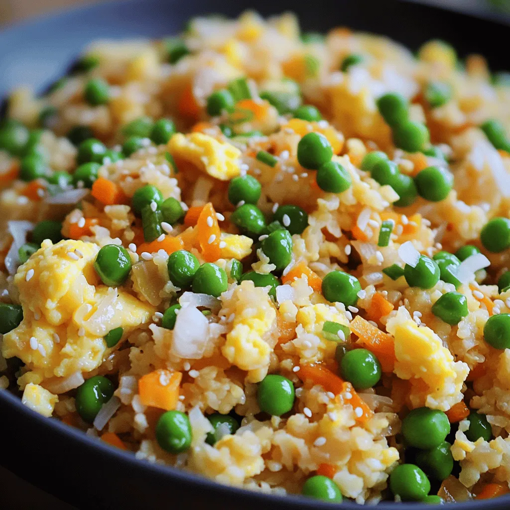 - 1 medium head of cauliflower, grated or processed into rice-size pieces - 2 tablespoons sesame oil - 2 cloves garlic, minced - 1 small onion, finely chopped - 1 carrot, diced - 1 cup frozen peas - 2 eggs, beaten - 3 tablespoons soy sauce (or tamari for gluten-free) - 2 green onions, sliced - Salt and pepper to taste To make cauliflower fried rice, you start with a medium head of cauliflower. Grating or processing it creates rice-like pieces. This is the base of the dish. The sesame oil adds a rich flavor. Garlic and onion bring depth and aroma that fills the kitchen. Diced carrots and frozen peas add color and sweetness. For protein, I often use eggs, which give the dish heartiness. - 1 teaspoon sriracha or chili sauce for heat - Different protein choices: chicken, shrimp, or tofu For an extra kick, I like to add sriracha or chili sauce. It brings a nice heat that pairs well with the flavors. You can also swap in different proteins. Chicken, shrimp, or tofu work great here. This makes the dish more versatile and fun. - Calories: 200 - Carbs: 15g - Protein: 10g - Fat: 10g Cauliflower fried rice is not just tasty; it's also healthy. Each serving has around 200 calories. With 15 grams of carbs, it fits well in many diets. You also get about 10 grams of protein, thanks to the eggs. The healthy fats come from the sesame oil, which helps keep the dish balanced. To start, take a medium head of cauliflower. Remove the leaves and stem. You can grate it using a box grater or pulse it in a food processor. Aim for rice-sized pieces. This step is key. It gives the dish its name and texture. Set the grated cauliflower aside for later use. Next, heat two tablespoons of sesame oil in a large skillet over medium heat. Add two cloves of minced garlic and one small finely chopped onion. Sauté these until you smell the garlic, about two to three minutes. You want the onion to look clear. After that, add one diced carrot. Stir it for three to four minutes until it softens a bit. Then, toss in one cup of frozen peas. This mix adds color and sweetness to your fried rice. Now, push the veggies to one side of the skillet. Pour in two beaten eggs on the other side. Scramble the eggs until they are fully cooked. Once done, mix them into the vegetables. Next, add the grated cauliflower and the frozen peas. Stir everything together well. Cook for about five to seven minutes until the cauliflower is tender but still has a little crunch. Finally, pour in three tablespoons of soy sauce and season with salt and pepper. If you like heat, add one teaspoon of sriracha. Mix everything well until heated through. Remove from heat and stir in two sliced green onions. This adds freshness to your dish. For the full recipe, refer to the detailed instructions above. To avoid soggy cauliflower fried rice, focus on cooking techniques. Always start with dry cauliflower. If you use frozen cauliflower, thaw it first and drain any water. Grate or process the cauliflower into rice-sized pieces. Sauté on medium-high heat to help it brown. This quick cook time keeps it from getting mushy. Stir often, but don’t overdo it. You can customize flavor profiles easily. Use different sauces or spices to change the taste. Try adding teriyaki sauce for a sweet twist. If you like heat, mix in chili garlic sauce. You can also swap soy sauce for coconut aminos. Fresh herbs like cilantro or basil add brightness. Experiment until you find your favorite blend. To ensure your cauliflower retains its crunch, keep an eye on cooking time. Cook the cauliflower for just 5-7 minutes. This gives it enough time to soften without turning mushy. Stir in the soy sauce near the end of cooking. This helps keep the cauliflower firm. Lastly, add green onions right before serving for extra crunch and flavor. Enjoy your vibrant, tasty dish! For the full recipe, check out the detailed steps above. {{image_2}} You can add many proteins to your cauliflower fried rice. Chicken is a great option. Simply chop cooked chicken into small bits and mix it in. Shrimp is another tasty choice. Cook them until pink and tender, then stir them through. For a plant-based option, tofu works well. Cube firm tofu, sauté it until golden, and then add it to your dish. Each protein brings its own flavor, making your meal more exciting. If you want a vegan version, you need to swap eggs. A good egg replacement is silken tofu. Just blend it until smooth, then mix it in during the cooking process. Another option is to use a flaxseed meal. Combine one tablespoon of flaxseed meal with two and a half tablespoons of water. Let it sit for a few minutes to thicken, then add it to your mix. Both options keep your dish rich and tasty. For those watching their sodium, you can use low-sodium soy sauce. It has less salt but still adds great flavor. You might also try coconut aminos. This sauce is sweeter and lower in sodium, making it a fantastic choice. Use it in place of regular soy sauce. You can enjoy your meal without the extra salt while still keeping it delicious. For the full recipe, check out the details shared above. To keep your leftover cauliflower fried rice fresh, place it in an airtight container. Make sure to cool it down to room temperature before sealing. Store it in the fridge for up to 3 days. If you notice any moisture, use a paper towel to absorb it. This helps prevent sogginess. When it’s time to enjoy your leftover rice, the best method is using a skillet. Heat a little sesame oil over medium heat. Add the rice and stir it often. This keeps the texture nice and prevents it from becoming mushy. You can also microwave it, but cover it with a damp paper towel to keep moisture in. To freeze cauliflower fried rice, first let it cool completely. Then, portion it into freezer-safe bags. Squeeze out as much air as possible before sealing. You can freeze it for up to 2 months. When you're ready to eat, thaw it in the fridge overnight. Then, reheat it in a skillet or microwave as mentioned earlier. This keeps the flavors fresh and vibrant. Yes, cauliflower fried rice is very healthy. Cauliflower is low in calories and high in nutrients. It is rich in vitamins C and K. It also has fiber, which helps digestion. Using cauliflower instead of rice lowers carbs. This makes it perfect for low-carb diets. Plus, it adds great flavor and texture. You can feel good about eating this dish! Yes, you can make cauliflower fried rice in advance. It works great for meal prep. Just cook the dish and let it cool. Store it in airtight containers in the fridge. It stays fresh for up to four days. When you are ready to eat, just reheat it on the stove or microwave. This saves time on busy days! Cauliflower fried rice pairs well with many dishes. You can serve it with grilled chicken or shrimp. Tofu is a great vegetarian option. For sides, try a simple salad or steamed vegetables. You can also add some sweet and sour sauce for extra flavor. This makes your meal even more tasty and fun! Cauliflower fried rice offers a healthy twist on a classic dish. We discussed key ingredients like grated cauliflower, vegetables, and protein options. Cooking techniques help keep your dish crunchy. Customizing flavors with sauces can add excitement for your taste buds. Proper storage extends its freshness, and meal prep makes it easy to enjoy. Embrace this versatile recipe. You can enjoy a tasty meal while staying healthy!