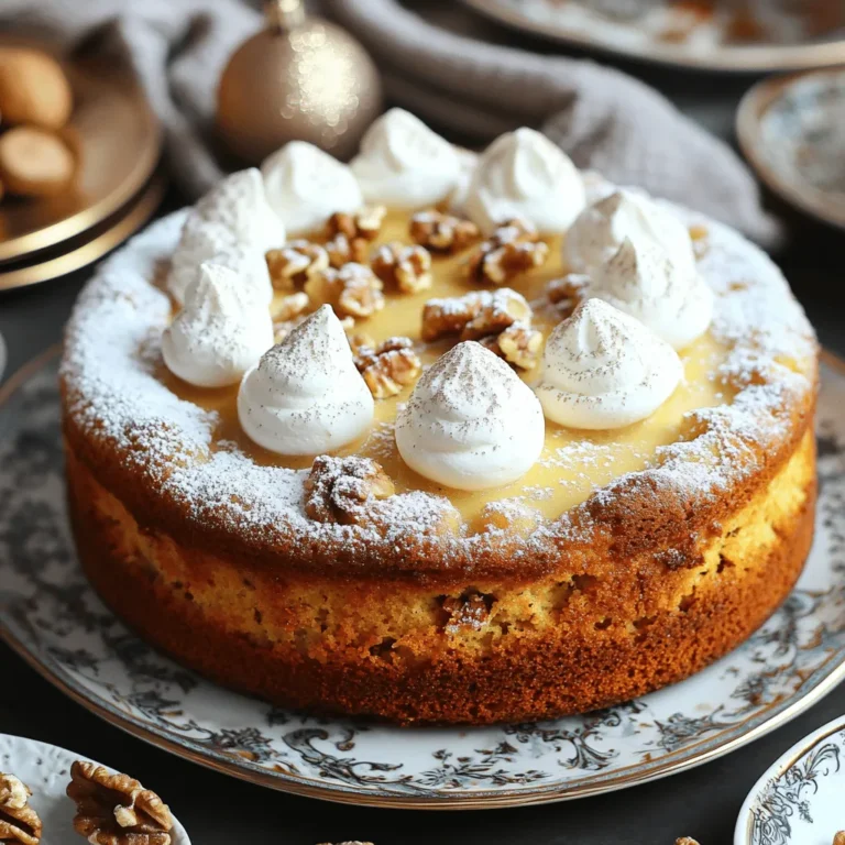 To make a perfect eggnog cake, gather these simple ingredients: - 2 cups all-purpose flour - 1 ½ teaspoons baking powder - ½ teaspoon baking soda - ½ teaspoon salt - 1 teaspoon ground nutmeg - 1 teaspoon ground cinnamon - 1 cup unsalted butter, softened - 1 cup granulated sugar - 1 cup packed brown sugar - 4 large eggs - 1 ½ cups eggnog - 1 teaspoon vanilla extract - ½ teaspoon almond extract - 1 cup chopped walnuts (optional) Each ingredient plays a key role in creating the cake's rich flavor and moist texture. The flour, baking powder, baking soda, and salt form the cake's base. Nutmeg and cinnamon add warmth and holiday cheer. Butter and sugars give the cake its sweetness and softness. Eggs help bind everything together, while eggnog adds moisture and a festive twist. Vanilla and almond extracts enhance the flavors even more. If you want a bit of crunch, add chopped walnuts for texture. For the full recipe, which includes preparation steps and baking instructions, check the detailed sections ahead! 1. First, preheat your oven to 350°F (175°C). This step is key for the cake. 2. Next, grease and flour a 9x13 inch baking pan. You can also line it with parchment paper for easy removal. 3. In a medium bowl, mix together the dry ingredients. Combine 2 cups of flour, 1 ½ teaspoons of baking powder, ½ teaspoon of baking soda, ½ teaspoon of salt, 1 teaspoon of nutmeg, and 1 teaspoon of cinnamon. Set this bowl aside. 4. Now, in a large mixing bowl, cream 1 cup of softened butter, 1 cup of granulated sugar, and 1 cup of brown sugar. Mix until it looks pale and fluffy, about 3-4 minutes. 1. It’s time to add the eggs! Drop in 4 large eggs, one at a time. Mix well after each egg. 2. Next, you will gradually stir in the dry mix. Alternate this with 1 ½ cups of eggnog. Start and end with the dry ingredients. Mix until just combined. 1. Pour the batter into your prepared baking pan. Spread it evenly across the pan. 2. Bake your cake for 30-35 minutes. To check if it’s done, stick a toothpick in the center. If it comes out clean, the cake is ready! 3. Allow your cake to cool in the pan for about 10 minutes. Then, transfer it to a wire rack to cool completely. For the full recipe, you can check out the detailed instructions. Enjoy baking this festive treat! - Avoid overmixing the batter: Mix just until everything blends. Too much mixing can make your cake tough. - How to check for doneness: Insert a toothpick in the center. If it comes out clean, the cake is ready. - Ways to decorate the cake: Dust the top with powdered sugar. Add whipped cream and a sprinkle of nutmeg for a festive look. - Serving suggestions: Slice the cake and serve on colorful plates. This adds to the holiday cheer. - Issues that can affect the texture: Using cold eggs or butter can lead to a dense cake. Always use room temperature ingredients. - Tips for ingredient substitutions: If you need to swap eggs, use 1/4 cup of unsweetened applesauce per egg. This keeps the cake moist. For the complete recipe, check out the Full Recipe. {{image_2}} You can easily switch up the taste of your eggnog cake. Adding different spices can bring new flavors. Try a pinch of ginger or allspice for extra warmth. If you like, you can also mix in flavored extracts. Swap out vanilla for peppermint or rum extract for a festive twist. These small changes can make a big difference in your cake. If you need a gluten-free cake, use a gluten-free flour blend. This works well in the recipe. You can also make a vegan version. Replace butter with coconut oil and eggs with flax eggs. Use unsweetened almond milk instead of eggnog. These options keep the cake tasty and fun for everyone. How you serve your cake can change the experience. You can layer it with frosting for a fancy touch. Cream cheese frosting pairs well with the eggnog flavor. Alternatively, serve it plain for breakfast with a sprinkle of powdered sugar. It’s great any time of day. Enjoy your delicious cake! You can find the full recipe above. You can store your eggnog cake at room temperature for up to two days. If you want it to last longer, keep it in the fridge. Wrap the cake in plastic wrap or place it in an airtight container. This helps keep it moist and fresh. If you choose the fridge, it can last up to a week. If you want to save some for later, freezing is a great option. First, let the cake cool completely. Then, wrap it tightly in plastic wrap. You can also use aluminum foil for extra protection. Place it in a freezer-safe bag or container. Your eggnog cake can freeze well for up to three months. When you're ready to eat it, move it to the fridge to thaw overnight. You can also let it sit at room temperature for a few hours. Use thawed cake for special occasions or family gatherings. After baking, your eggnog cake can last about five days at room temperature. In the fridge, it can stay fresh for around one week. Watch for signs of spoilage. If you see mold or a change in smell, it's best to throw it away. Enjoy your eggnog cake while it's fresh and delicious! For the full recipe, check out the details above. You can use milk or cream mixed with spices. Add a bit of vanilla for flavor. This keeps the cake moist but changes the taste slightly. You may also try almond milk or coconut milk for a dairy-free option. Each choice adds a unique twist to your cake. Yes, you can use cake flour for a lighter texture. Whole wheat flour adds a hearty flavor but may make it denser. Gluten-free flour blends are also available. Just remember, different flours may change how the cake rises and its overall texture. If you use a smaller pan, bake for a shorter time. Start checking the cake ten minutes early. For a larger pan, it may need longer. Always check with a toothpick to see if it’s done. Adjusting the time helps ensure a perfectly baked cake. This post covers making a delicious eggnog cake, focusing on key ingredients and preparation steps. We explored important tips for baking and presentation. Variations for flavor and dietary needs add excitement to the recipe. Finally, we discussed storage methods to keep your cake fresh longer. With simple steps and handy tricks, you can create a delightful cake for any occasion. Enjoy your baking journey and the tasty results!