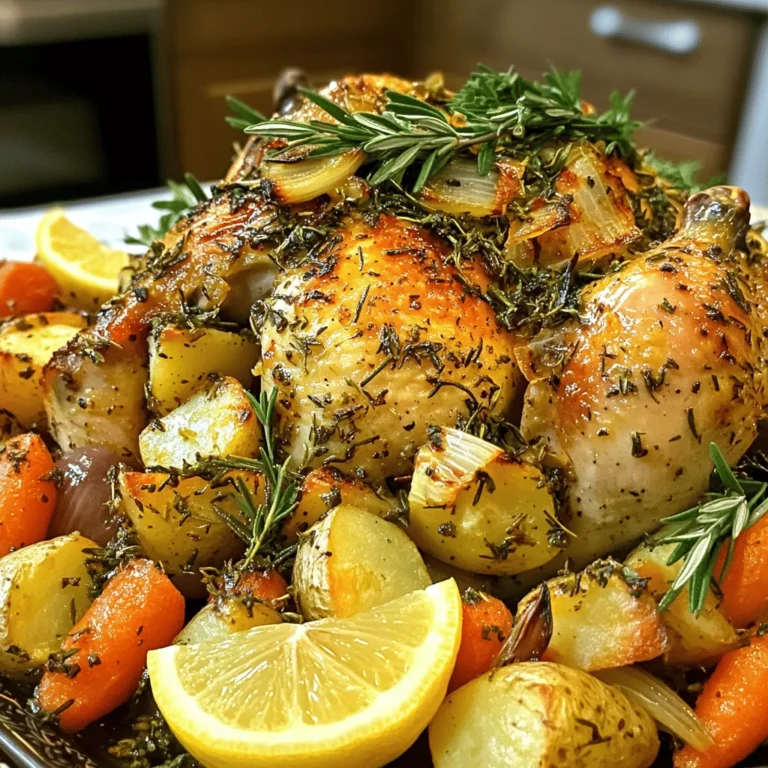 - Whole chicken (4-5 lbs) - Fresh herbs: rosemary, thyme, parsley - Olive oil and garlic - Vegetables: onion, carrots, potatoes - Seasoning essentials: lemon, salt, and pepper To make savory herb roasted chicken, you need simple, fresh ingredients. Start with a whole chicken. A bird weighing 4-5 pounds works best. Next, gather fresh herbs. I love using rosemary, thyme, and parsley. They add great flavor and aroma. Olive oil and garlic also play key roles. They help create a rich, tasty crust. For vegetables, use onion, carrots, and potatoes. They roast well and soak up the chicken's juices. Add seasoning essentials like lemon, salt, and pepper. Lemon brightens the dish and makes it zesty. This recipe uses fresh ingredients to ensure a juicy and flavorful chicken. You can find the full recipe above, which guides you through each step. Enjoy your cooking! Start by cleaning the chicken. Rinse it under cold water and pat it dry with paper towels. This step is key for a crispy skin. Next, make your herb paste. In a small bowl, mix olive oil, chopped rosemary, thyme, parsley, minced garlic, lemon zest, salt, and pepper. This paste will bring great flavor. Now, loosen the skin on the chicken breast and thighs. You can do this by gently sliding your fingers under the skin. Be careful not to tear it. Once you loosen the skin, rub the herb paste under the skin and over the chicken. Make sure every part gets some love. Then, stuff the cavity with the quartered lemon. This adds moisture and flavor. In a roasting pan, arrange the onion, carrots, and potatoes in a single layer. Place the chicken on top, breast side up. Now, roast the chicken in your preheated oven at 425°F (220°C) for about 1 hour and 15 minutes. It's done when the internal temperature hits 165°F (75°C) in the thickest part of the thigh. The skin should be golden and crispy. Halfway through cooking, baste the chicken with the pan juices. This keeps it juicy. After cooking, let the chicken rest for 10 to 15 minutes before carving. This helps the juices settle. Enjoy your savory herb roasted chicken! For more details, check out the Full Recipe. Basting is key to keeping your chicken juicy. Baste the chicken halfway through cooking. This adds flavor and moisture. Use the pan juices to soak the skin. Doing this step helps the chicken stay tender and gives it a nice color. Letting the chicken rest is very important. After you take it out of the oven, let it sit for 10-15 minutes. This allows the juices to settle. If you cut it right away, those juices run out. You want every bite to be juicy and full of flavor. To boost the taste, try adding different spices. You can use smoked paprika for a hint of smoke. A bit of lemon juice can add brightness. Feel free to experiment with marinades too. Soy sauce or honey can make nice glazes. These ideas give your chicken a unique twist. For more details, check the Full Recipe. {{image_2}} You can mix and match herbs to create your own flavor. Rosemary, thyme, and parsley work well together. If you want a twist, try oregano or sage. Each herb adds its own taste. Oregano gives a warm, earthy flavor. Sage adds a hint of woodiness. This keeps your dish exciting and unique. Roasting is classic, but other methods work, too. You can use a slow cooker for a tender chicken. Just put everything in, set it, and walk away. An air fryer is another great option. It cooks fast and gives crispy skin without tons of oil. Each method offers its own benefits, so try what you like best. Feel free to swap out sides or add flavors. Instead of carrots and potatoes, try sweet potatoes or Brussels sprouts. You can even add a splash of balsamic vinegar for a tangy bite. This recipe is flexible, so get creative! Mix in your favorite flavors for a dish that feels personal. For the full recipe, check the earlier section. Store leftover chicken in an airtight container. This keeps it fresh and safe to eat. Make sure to refrigerate your chicken within two hours of cooking. It helps prevent harmful bacteria growth. If you have any herbs left, store those separately to maintain their flavor. To freeze your chicken, first let it cool completely. Wrap it tightly in plastic wrap, then place it in a freezer-safe bag. This extra layer helps prevent freezer burn. When you are ready to eat it again, thaw it in the fridge overnight. Reheat it in the oven at 350°F (175°C) until it's hot all the way through. For best quality, eat refrigerated chicken within three to four days. If frozen, it’s best to use it within four months. After that, it may still be safe to eat, but the quality may drop. Always check for any off smells or changes in texture before eating. Following these steps ensures you enjoy every bite of your savory herb roasted chicken from the [Full Recipe]. Roasting a chicken takes about 20 minutes per pound. For a 4-5 pound chicken, that means roughly 1 hour and 15 minutes. Always check the size of your chicken. Some ovens may cook faster or slower. Use a meat thermometer to ensure accuracy. The chicken is ready when it reaches an internal temperature of 165°F (75°C) in the thickest part of the thigh. Yes, you can use dried herbs, but the flavor will change. Dried herbs are more potent than fresh ones. Use about one-third the amount when switching. For example, if the recipe calls for 2 tablespoons of fresh herbs, use about 1 tablespoon of dried herbs. This change will still give you a nice flavor, but fresh herbs bring a brighter taste. The best way to know if your chicken is done is to check its internal temperature. Use a meat thermometer to measure the temperature in the thigh, not touching the bone. It should read 165°F (75°C). This ensures the chicken is safe to eat. Also, the juices should run clear when you cut into it. Enjoy your perfectly juicy chicken! This post covered how to roast a whole chicken perfectly. We discussed the ingredients, from fresh herbs to essential vegetables. I provided step-by-step instructions to prep, season, and roast the chicken safely. Tips on basting and resting helped ensure moisture and flavor. I also shared variations for herbs, cooking methods, and storage tips to keep leftovers fresh. With these guidelines, you can elevate your cooking skills and impress others with a delicious meal.