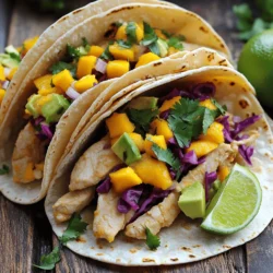 To create the perfect spicy mango chicken tacos, you need a few key items: - 2 boneless, skinless chicken breasts - 1 ripe mango, diced - 1/2 cup red cabbage, shredded - 1/4 cup red onion, finely chopped - 1 jalapeño, deseeded and minced - 2 tablespoons lime juice - 2 tablespoons olive oil - 1 teaspoon chili powder - 1 teaspoon cumin - Salt and pepper, to taste - 8 small corn tortillas These ingredients work together to create a balance of flavors. The chicken gives protein, while the mango adds sweetness. The spices bring heat and depth, making each bite exciting. You can enhance your tacos with these toppings: - Fresh cilantro - Avocado slices Cilantro adds a fresh taste, while avocado gives creaminess. These optional items make the dish even more enjoyable. Feel free to mix and match to find your favorite combination! For a detailed look at the preparation, check out the Full Recipe. To start, you need to prepare the marinade. In a bowl, mix olive oil, lime juice, chili powder, cumin, salt, and pepper. This blend adds great flavor to the chicken. Use two boneless, skinless chicken breasts. Make sure each piece gets a nice coat of the marinade. Let the chicken marinate for at least 30 minutes. This time allows the flavors to soak in. Now, it's time to cook the chicken. You can grill or pan-sear it. Preheat your grill or skillet over medium heat. Remove the chicken from the marinade and place it on the hot surface. Cook for 6 to 7 minutes on each side. Check for doneness; the chicken should not be pink in the center. Once cooked, let it rest for a few minutes before slicing. While the chicken rests, prepare the mango salsa. In a mixing bowl, combine diced ripe mango, shredded red cabbage, chopped red onion, and minced jalapeño. Add a pinch of salt for flavor. Toss everything gently and set it aside. Letting the salsa sit helps the flavors meld together. This step ensures each bite bursts with freshness. Now comes the fun part: assembling the tacos! First, you need to warm the corn tortillas. Use a dry skillet over medium heat for about 30 seconds on each side. This makes them soft and easy to fold. Next, slice the cooked chicken into strips. Place a few strips on each tortilla. Top with the mango salsa mixture and avocado slices if you like. This layering creates a delightful taste in every bite. To get the best flavor from your chicken, pay special attention to the marinade. Adjust your spice levels by adding more jalapeño for heat or lime juice for brightness. If you prefer milder flavors, reduce the chili powder and jalapeño. Marination time is key. I recommend letting the chicken sit for at least 30 minutes. If you have more time, try marinating for up to four hours. This helps the flavors soak into the chicken. Cooking the chicken properly keeps it juicy. I like to sear the chicken over medium heat. This gives a nice crust and seals in the juices. Cook each side for about 6 to 7 minutes. Always check that it is no longer pink in the center. After cooking, let the chicken rest for a few minutes. Resting allows the juices to redistribute, making the chicken more flavorful and tender. Pair your tacos with fresh sides. I love serving them with a simple salad or chips and salsa. A fruity drink like mango lemonade also complements the spicy tacos well. For a great presentation, stack the tacos on a colorful platter. Sprinkle fresh cilantro on top for a pop of color. You can also add avocado slices for creaminess. This makes your dish not just tasty but visually appealing too. {{image_2}} You can swap chicken for shrimp or tofu. Shrimp cooks fast and adds a nice ocean taste. Simply marinate and grill them like chicken. Tofu is great for a vegetarian choice. Use firm tofu and press it to remove extra water. Marinate and grill or pan-sear until golden. Feel free to get creative with your salsa. You can add fruits like pineapple or peach for sweetness. Fresh herbs like mint or basil can also lift the flavor. If you want more heat, toss in extra jalapeño or a dash of cayenne. Adjust the spice to your taste for a perfect balance. Corn tortillas are classic for tacos. They have a nice flavor and are gluten-free. If you prefer flour, they offer a softer bite. For a low-carb option, use lettuce wraps instead. They give a fresh crunch and are a great way to enjoy the filling without the carbs. Check out the full recipe for all these tips and ideas! Store leftover tacos in an airtight container. Keep them in the fridge for up to three days. To maintain flavor, separate the chicken and salsa from the tortillas. This way, the tortillas stay soft and fresh. Reheat your tacos in the microwave or on a skillet. If using a microwave, cover the tacos with a damp paper towel. This keeps them moist. If you use a skillet, heat it on medium-low and warm the tacos for a few minutes. Freshness is key, so eat them within a couple of days. Prep the chicken and mango salsa in advance. Marinate the chicken a day before. Store it in the fridge. For the salsa, mix all ingredients and keep it in a sealed container. When you are ready to eat, just warm the tortillas and assemble your tacos. This makes taco night easy and fun! Check out the Full Recipe for more details. Yes, you can. For meal prepping, marinate the chicken a day before cooking. Store it in the fridge. This allows flavors to soak in. You can cook the chicken and make the mango salsa in advance too. Keep them in separate containers. When ready to eat, warm the tortillas and assemble. Enjoy fresh tacos without extra work! Many sides pair well with Spicy Mango Chicken Tacos. Here are some popular choices: - Mexican rice - Black beans - Corn salad - Chips with salsa - Guacamole These sides add color and flavor to your meal. They also balance the spice of the tacos. You can easily adjust the heat level. Start with less jalapeño if you prefer mild tacos. You can also remove the seeds for less heat. If you like it spicy, add more jalapeño or even a dash of hot sauce. Experiment with chili powder too. Just remember, taste as you go! Yes, this recipe can be gluten-free. Use corn tortillas instead of flour tortillas. Make sure to check the packaging for gluten-free labels. Many brands offer tasty options that work perfectly with the tacos. Enjoy the flavors without worry! Spicy Mango Chicken Tacos are easy to make and packed with flavor. You learned about the essential ingredients and step-by-step cooking methods. We discussed tips for juiciness and variations to fit any diet. Storing leftovers and meal prep ideas help you enjoy these tacos later. Try customizing your dish with unique toppings and side dishes. This recipe is fun and flexible. Dive in, have fun, and make it your own! Your perfect taco night starts now.