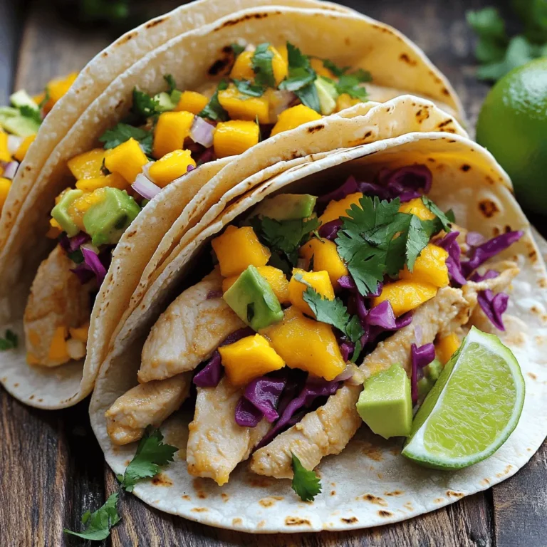 To create the perfect spicy mango chicken tacos, you need a few key items: - 2 boneless, skinless chicken breasts - 1 ripe mango, diced - 1/2 cup red cabbage, shredded - 1/4 cup red onion, finely chopped - 1 jalapeño, deseeded and minced - 2 tablespoons lime juice - 2 tablespoons olive oil - 1 teaspoon chili powder - 1 teaspoon cumin - Salt and pepper, to taste - 8 small corn tortillas These ingredients work together to create a balance of flavors. The chicken gives protein, while the mango adds sweetness. The spices bring heat and depth, making each bite exciting. You can enhance your tacos with these toppings: - Fresh cilantro - Avocado slices Cilantro adds a fresh taste, while avocado gives creaminess. These optional items make the dish even more enjoyable. Feel free to mix and match to find your favorite combination! For a detailed look at the preparation, check out the Full Recipe. To start, you need to prepare the marinade. In a bowl, mix olive oil, lime juice, chili powder, cumin, salt, and pepper. This blend adds great flavor to the chicken. Use two boneless, skinless chicken breasts. Make sure each piece gets a nice coat of the marinade. Let the chicken marinate for at least 30 minutes. This time allows the flavors to soak in. Now, it's time to cook the chicken. You can grill or pan-sear it. Preheat your grill or skillet over medium heat. Remove the chicken from the marinade and place it on the hot surface. Cook for 6 to 7 minutes on each side. Check for doneness; the chicken should not be pink in the center. Once cooked, let it rest for a few minutes before slicing. While the chicken rests, prepare the mango salsa. In a mixing bowl, combine diced ripe mango, shredded red cabbage, chopped red onion, and minced jalapeño. Add a pinch of salt for flavor. Toss everything gently and set it aside. Letting the salsa sit helps the flavors meld together. This step ensures each bite bursts with freshness. Now comes the fun part: assembling the tacos! First, you need to warm the corn tortillas. Use a dry skillet over medium heat for about 30 seconds on each side. This makes them soft and easy to fold. Next, slice the cooked chicken into strips. Place a few strips on each tortilla. Top with the mango salsa mixture and avocado slices if you like. This layering creates a delightful taste in every bite. To get the best flavor from your chicken, pay special attention to the marinade. Adjust your spice levels by adding more jalapeño for heat or lime juice for brightness. If you prefer milder flavors, reduce the chili powder and jalapeño. Marination time is key. I recommend letting the chicken sit for at least 30 minutes. If you have more time, try marinating for up to four hours. This helps the flavors soak into the chicken. Cooking the chicken properly keeps it juicy. I like to sear the chicken over medium heat. This gives a nice crust and seals in the juices. Cook each side for about 6 to 7 minutes. Always check that it is no longer pink in the center. After cooking, let the chicken rest for a few minutes. Resting allows the juices to redistribute, making the chicken more flavorful and tender. Pair your tacos with fresh sides. I love serving them with a simple salad or chips and salsa. A fruity drink like mango lemonade also complements the spicy tacos well. For a great presentation, stack the tacos on a colorful platter. Sprinkle fresh cilantro on top for a pop of color. You can also add avocado slices for creaminess. This makes your dish not just tasty but visually appealing too. {{image_2}} You can swap chicken for shrimp or tofu. Shrimp cooks fast and adds a nice ocean taste. Simply marinate and grill them like chicken. Tofu is great for a vegetarian choice. Use firm tofu and press it to remove extra water. Marinate and grill or pan-sear until golden. Feel free to get creative with your salsa. You can add fruits like pineapple or peach for sweetness. Fresh herbs like mint or basil can also lift the flavor. If you want more heat, toss in extra jalapeño or a dash of cayenne. Adjust the spice to your taste for a perfect balance. Corn tortillas are classic for tacos. They have a nice flavor and are gluten-free. If you prefer flour, they offer a softer bite. For a low-carb option, use lettuce wraps instead. They give a fresh crunch and are a great way to enjoy the filling without the carbs. Check out the full recipe for all these tips and ideas! Store leftover tacos in an airtight container. Keep them in the fridge for up to three days. To maintain flavor, separate the chicken and salsa from the tortillas. This way, the tortillas stay soft and fresh. Reheat your tacos in the microwave or on a skillet. If using a microwave, cover the tacos with a damp paper towel. This keeps them moist. If you use a skillet, heat it on medium-low and warm the tacos for a few minutes. Freshness is key, so eat them within a couple of days. Prep the chicken and mango salsa in advance. Marinate the chicken a day before. Store it in the fridge. For the salsa, mix all ingredients and keep it in a sealed container. When you are ready to eat, just warm the tortillas and assemble your tacos. This makes taco night easy and fun! Check out the Full Recipe for more details. Yes, you can. For meal prepping, marinate the chicken a day before cooking. Store it in the fridge. This allows flavors to soak in. You can cook the chicken and make the mango salsa in advance too. Keep them in separate containers. When ready to eat, warm the tortillas and assemble. Enjoy fresh tacos without extra work! Many sides pair well with Spicy Mango Chicken Tacos. Here are some popular choices: - Mexican rice - Black beans - Corn salad - Chips with salsa - Guacamole These sides add color and flavor to your meal. They also balance the spice of the tacos. You can easily adjust the heat level. Start with less jalapeño if you prefer mild tacos. You can also remove the seeds for less heat. If you like it spicy, add more jalapeño or even a dash of hot sauce. Experiment with chili powder too. Just remember, taste as you go! Yes, this recipe can be gluten-free. Use corn tortillas instead of flour tortillas. Make sure to check the packaging for gluten-free labels. Many brands offer tasty options that work perfectly with the tacos. Enjoy the flavors without worry! Spicy Mango Chicken Tacos are easy to make and packed with flavor. You learned about the essential ingredients and step-by-step cooking methods. We discussed tips for juiciness and variations to fit any diet. Storing leftovers and meal prep ideas help you enjoy these tacos later. Try customizing your dish with unique toppings and side dishes. This recipe is fun and flexible. Dive in, have fun, and make it your own! Your perfect taco night starts now.