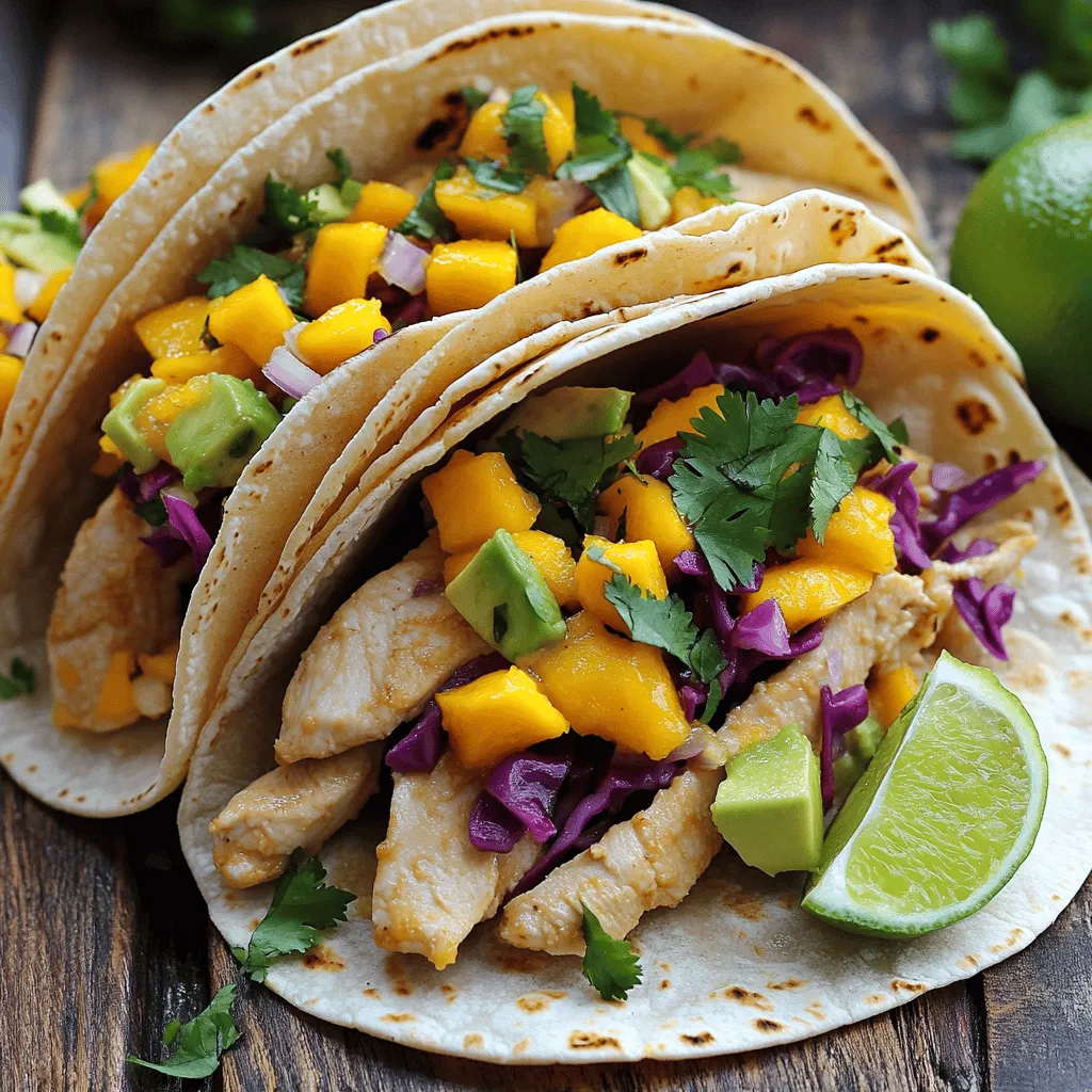 To create the perfect spicy mango chicken tacos, you need a few key items: - 2 boneless, skinless chicken breasts - 1 ripe mango, diced - 1/2 cup red cabbage, shredded - 1/4 cup red onion, finely chopped - 1 jalapeño, deseeded and minced - 2 tablespoons lime juice - 2 tablespoons olive oil - 1 teaspoon chili powder - 1 teaspoon cumin - Salt and pepper, to taste - 8 small corn tortillas These ingredients work together to create a balance of flavors. The chicken gives protein, while the mango adds sweetness. The spices bring heat and depth, making each bite exciting. You can enhance your tacos with these toppings: - Fresh cilantro - Avocado slices Cilantro adds a fresh taste, while avocado gives creaminess. These optional items make the dish even more enjoyable. Feel free to mix and match to find your favorite combination! For a detailed look at the preparation, check out the Full Recipe. To start, you need to prepare the marinade. In a bowl, mix olive oil, lime juice, chili powder, cumin, salt, and pepper. This blend adds great flavor to the chicken. Use two boneless, skinless chicken breasts. Make sure each piece gets a nice coat of the marinade. Let the chicken marinate for at least 30 minutes. This time allows the flavors to soak in. Now, it's time to cook the chicken. You can grill or pan-sear it. Preheat your grill or skillet over medium heat. Remove the chicken from the marinade and place it on the hot surface. Cook for 6 to 7 minutes on each side. Check for doneness; the chicken should not be pink in the center. Once cooked, let it rest for a few minutes before slicing. While the chicken rests, prepare the mango salsa. In a mixing bowl, combine diced ripe mango, shredded red cabbage, chopped red onion, and minced jalapeño. Add a pinch of salt for flavor. Toss everything gently and set it aside. Letting the salsa sit helps the flavors meld together. This step ensures each bite bursts with freshness. Now comes the fun part: assembling the tacos! First, you need to warm the corn tortillas. Use a dry skillet over medium heat for about 30 seconds on each side. This makes them soft and easy to fold. Next, slice the cooked chicken into strips. Place a few strips on each tortilla. Top with the mango salsa mixture and avocado slices if you like. This layering creates a delightful taste in every bite. To get the best flavor from your chicken, pay special attention to the marinade. Adjust your spice levels by adding more jalapeño for heat or lime juice for brightness. If you prefer milder flavors, reduce the chili powder and jalapeño. Marination time is key. I recommend letting the chicken sit for at least 30 minutes. If you have more time, try marinating for up to four hours. This helps the flavors soak into the chicken. Cooking the chicken properly keeps it juicy. I like to sear the chicken over medium heat. This gives a nice crust and seals in the juices. Cook each side for about 6 to 7 minutes. Always check that it is no longer pink in the center. After cooking, let the chicken rest for a few minutes. Resting allows the juices to redistribute, making the chicken more flavorful and tender. Pair your tacos with fresh sides. I love serving them with a simple salad or chips and salsa. A fruity drink like mango lemonade also complements the spicy tacos well. For a great presentation, stack the tacos on a colorful platter. Sprinkle fresh cilantro on top for a pop of color. You can also add avocado slices for creaminess. This makes your dish not just tasty but visually appealing too. {{image_2}} You can swap chicken for shrimp or tofu. Shrimp cooks fast and adds a nice ocean taste. Simply marinate and grill them like chicken. Tofu is great for a vegetarian choice. Use firm tofu and press it to remove extra water. Marinate and grill or pan-sear until golden. Feel free to get creative with your salsa. You can add fruits like pineapple or peach for sweetness. Fresh herbs like mint or basil can also lift the flavor. If you want more heat, toss in extra jalapeño or a dash of cayenne. Adjust the spice to your taste for a perfect balance. Corn tortillas are classic for tacos. They have a nice flavor and are gluten-free. If you prefer flour, they offer a softer bite. For a low-carb option, use lettuce wraps instead. They give a fresh crunch and are a great way to enjoy the filling without the carbs. Check out the full recipe for all these tips and ideas! Store leftover tacos in an airtight container. Keep them in the fridge for up to three days. To maintain flavor, separate the chicken and salsa from the tortillas. This way, the tortillas stay soft and fresh. Reheat your tacos in the microwave or on a skillet. If using a microwave, cover the tacos with a damp paper towel. This keeps them moist. If you use a skillet, heat it on medium-low and warm the tacos for a few minutes. Freshness is key, so eat them within a couple of days. Prep the chicken and mango salsa in advance. Marinate the chicken a day before. Store it in the fridge. For the salsa, mix all ingredients and keep it in a sealed container. When you are ready to eat, just warm the tortillas and assemble your tacos. This makes taco night easy and fun! Check out the Full Recipe for more details. Yes, you can. For meal prepping, marinate the chicken a day before cooking. Store it in the fridge. This allows flavors to soak in. You can cook the chicken and make the mango salsa in advance too. Keep them in separate containers. When ready to eat, warm the tortillas and assemble. Enjoy fresh tacos without extra work! Many sides pair well with Spicy Mango Chicken Tacos. Here are some popular choices: - Mexican rice - Black beans - Corn salad - Chips with salsa - Guacamole These sides add color and flavor to your meal. They also balance the spice of the tacos. You can easily adjust the heat level. Start with less jalapeño if you prefer mild tacos. You can also remove the seeds for less heat. If you like it spicy, add more jalapeño or even a dash of hot sauce. Experiment with chili powder too. Just remember, taste as you go! Yes, this recipe can be gluten-free. Use corn tortillas instead of flour tortillas. Make sure to check the packaging for gluten-free labels. Many brands offer tasty options that work perfectly with the tacos. Enjoy the flavors without worry! Spicy Mango Chicken Tacos are easy to make and packed with flavor. You learned about the essential ingredients and step-by-step cooking methods. We discussed tips for juiciness and variations to fit any diet. Storing leftovers and meal prep ideas help you enjoy these tacos later. Try customizing your dish with unique toppings and side dishes. This recipe is fun and flexible. Dive in, have fun, and make it your own! Your perfect taco night starts now.