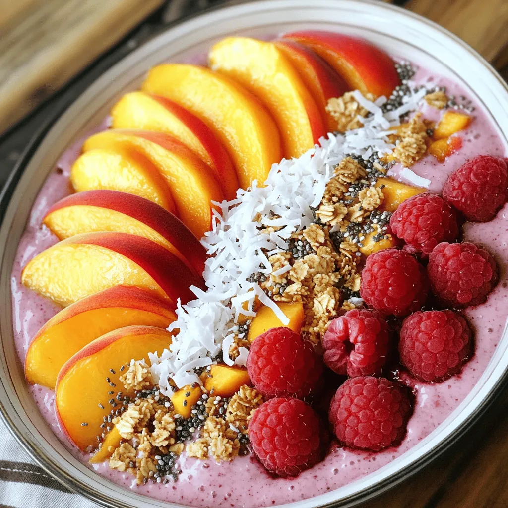 - 2 ripe peaches, pitted and sliced - 1 cup frozen raspberries - 1 banana, sliced - 1 cup Greek yogurt (or dairy-free yogurt) - 1/2 cup almond milk (or any milk of choice) In this Peach Melba Smoothie Bowl, the main ingredients create a vibrant, fruity base. The ripe peaches add sweetness. The frozen raspberries bring a tart kick. The banana adds creaminess. Greek yogurt packs in protein and adds a nice tang. Almond milk keeps everything smooth and light. - 1 tablespoon honey or maple syrup - 1/4 teaspoon vanilla extract You can make this bowl sweeter by adding honey or maple syrup. A little vanilla extract enhances the flavor too. These additions are optional. But they can elevate your smoothie bowl experience. - Sliced fresh peaches - Fresh raspberries - Granola - Chia seeds - Shredded coconut Toppings make your smoothie bowl fun and pretty. I love using sliced fresh peaches for color. Fresh raspberries add a burst of flavor. Granola gives a nice crunch. Chia seeds are great for texture and nutrition. Shredded coconut provides a tropical twist. You can mix and match toppings to suit your taste. Feel free to explore the Full Recipe for more details! To make your Peach Melba smoothie bowl, start by adding the main ingredients to your blender. You will need: - 2 ripe peaches, pitted and sliced - 1 cup frozen raspberries - 1 banana, sliced - 1 cup Greek yogurt (or dairy-free yogurt) - 1/2 cup almond milk (or any milk of choice) - 1 tablespoon honey or maple syrup (optional) - 1/4 teaspoon vanilla extract Blend on high until it is smooth and creamy. If it gets stuck, stop and scrape the sides. This will help mix everything well. After blending, taste your smoothie. If it needs more sweetness, add honey or syrup. Start with a small amount and blend again. You can also use alternatives like agave or stevia. These options keep the taste yummy without adding too much sugar. Once blended, pour the smoothie into a bowl. You can make it look nice by adding toppings. Use sliced fresh peaches, fresh raspberries, granola, chia seeds, and shredded coconut. Arrange them in a fun way to make it pretty. Enjoy your Peach Melba smoothie bowl right away for the best taste! To create a great Peach Melba Smoothie Bowl, start with ripe peaches. Look for peaches that are soft to touch and smell sweet. They should have a rich color. If they are hard, let them sit at room temperature until they ripen. For yogurt, choose Greek yogurt for creaminess and protein. You can also use dairy-free yogurt made from almonds or coconuts. For a creamy texture, blend on high until smooth. Stop to scrape down the sides as needed. This helps mix in all the fruit and yogurt well. Avoid over-blending, which can make it too thin. If your smoothie seems too thick, add a splash of almond milk to loosen it up. To make your smoothie bowl look amazing, arrange the toppings neatly. Use sliced fresh peaches and raspberries in a pattern. Add a sprinkle of granola and chia seeds for crunch. A little shredded coconut adds a nice touch, too. Colorful fruits not only look good but also add more flavor. Enjoy the beauty of your creation! {{image_2}} You can easily make this smoothie bowl dairy-free. First, substitute Greek yogurt with dairy-free yogurt, like coconut or almond. For milk, use almond milk or any plant-based milk you like. If you want to sweeten it, try maple syrup or agave nectar. These swaps keep the bowl rich and tasty. Want a fun twist? Add tropical fruits! Pineapple and mango can bring a bright flavor. You can blend these fruits right in. For a creamier taste, switch to coconut milk. It makes the bowl extra refreshing and adds a taste of the tropics. Boost the nutrition in your smoothie bowl. Adding a handful of spinach or kale blends right in without changing the taste much. This adds vitamins and minerals. You can also mix in some protein powder. It keeps you full longer and adds a creamy texture. For the full recipe, check out the Peach Melba Smoothie Bowl details to get started! After you make your peach melba smoothie bowl, store leftovers in a sealed container. This keeps it fresh and tasty. Place it in the fridge. Enjoy it within one to two days for the best flavor. The longer it sits, the more it may separate. Just stir it well before eating. You can freeze the smoothie mix if you have extra. Pour it into ice cube trays or a freezer-safe container. This way, you can enjoy it later. For best results, consume it within a month. When you want to eat it, let it thaw in the fridge overnight. Blend it again if needed. Top it fresh right before serving. If mornings are busy, prep your smoothie bowl in advance. You can chop fruits and store them in the fridge. You can also measure out yogurt and milk for quick mixing. For toppings, choose pre-packaged options like granola or chia seeds. This makes breakfast easy and fast. You’ll love the convenience on hectic days. For the full recipe, check the section above! Yes, you can use fresh raspberries. Fresh raspberries are sweeter and add a nice texture. However, frozen raspberries make the smoothie cold and thick. If you use fresh raspberries, you might need to add some ice. This will help keep it refreshing and creamy. You can add sweeteners like honey, maple syrup, or agave. If you want a healthier option, try ripe banana. Another choice is to use flavored yogurt. You can also add a touch of vanilla extract to enhance the sweetness without adding sugar. Yes, you can prepare it ahead of time. Blend the ingredients and store them in the fridge for a day. Just remember to give it a good stir before serving. If you want to keep it longer, you can freeze it. Pour the smoothie into a container, and it will last up to a month. Just thaw it overnight in the fridge before enjoying. Absolutely! This smoothie bowl is packed with vitamins. Peaches and raspberries are full of fiber and antioxidants. Greek yogurt adds protein, making it a great snack for kids. Serve it with fun toppings like granola and fresh fruits. Kids love the colorful look and delicious taste. You learned how to make a tasty smoothie bowl. We covered key ingredients and optional add-ins. I shared tips for blending and serving to make it look great. You can even tweak it for special diets or flavors. Remember to store leftovers properly to enjoy later. With this knowledge, you're set to create delicious bowls that everyone will love. Enjoy experimenting with flavors and toppings. Your smoothie bowl adventure starts now!