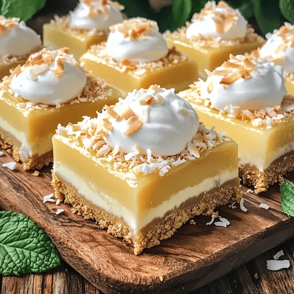 To make Coconut Cream Pie Bars, you need a few simple ingredients. Each one plays a key role in creating that creamy, dreamy taste. Here’s what you will need: - 1 ½ cups graham cracker crumbs - ½ cup unsalted butter, melted - 1/4 cup granulated sugar - 1 (14 oz) can coconut milk - 1 cup heavy whipping cream - 1/2 cup sweetened shredded coconut - 3/4 cup powdered sugar - 2 large eggs - 1 teaspoon vanilla extract - 1/4 cup cornstarch - 1/4 teaspoon salt - Toasted coconut flakes, for garnish These ingredients come together to make a treat that is both rich and refreshing. The graham cracker crumbs form a buttery crust that holds everything together. The coconut milk and heavy cream create that luscious filling. Each bite feels like a little slice of paradise. You can find the full recipe to guide you through every step of making these bars. Enjoy the process and savor the results! 1. Preheat your oven to 350°F (175°C). Grease an 8x8-inch baking dish. You can use cooking spray or line it with parchment paper for easy removal. 2. In a medium bowl, combine the graham cracker crumbs, melted butter, and granulated sugar. Mix until the mixture looks like wet sand. 3. Press the graham cracker mixture firmly into the bottom of the baking dish. Bake for 10 minutes, then set it aside to cool. 1. In a saucepan over medium heat, whisk together the coconut milk, heavy cream, shredded coconut, and granulated sugar. Bring this mixture to a gentle simmer. 2. In a separate bowl, whisk the eggs, cornstarch, vanilla extract, and salt until smooth. Once the coconut mixture is simmering, slowly pour it into the egg mixture while whisking. This helps avoid curdling the eggs. 3. Return the mixture to the saucepan. Cook over medium heat, stirring constantly until it thickens and bubbles gently. This should take about 5 to 7 minutes. 1. Pour the coconut filling over the baked crust. Spread it evenly with a spatula. 2. Allow the pie bars to cool to room temperature. Then cover and refrigerate for at least 4 hours to set. 3. Once set, lift the bars from the baking dish using the parchment paper. Cut into squares. 4. In a medium bowl, whip the heavy cream with powdered sugar until stiff peaks form. Top each bar with a dollop of whipped cream and sprinkle with toasted coconut flakes. For the full recipe, check the earlier section. Enjoy making your Coconut Cream Pie Bars! - Ensure the eggs are at room temperature for smooth mixing. Cold eggs can cause lumps. - Use full-fat coconut milk for a richer flavor. It adds creaminess and depth to your bars. - Whip the cream until stiff peaks form for the best texture. This makes your topping light and fluffy. - Serve chilled for the best taste. Chilling helps the flavors meld and enhances the dish. - Garnish with fresh mint for added color. It gives a nice pop and freshness to each bite. - Don’t skip chilling the bars for at least 4 hours. This step is key for the filling to set properly. - Ensure not to overcook the filling. Overcooking can lead to a rubbery texture, which is not pleasant. For the full recipe, you can check the earlier sections. Enjoy making your Coconut Cream Pie Bars! {{image_2}} You can change the flavor of these coconut cream pie bars to suit your taste. - Add a hint of lime for a tropical twist. This will brighten the bars. - Incorporate chocolate chips for a richer dessert. The chocolate adds depth to the coconut flavor. If you need a gluten-free version, it’s easy to adapt the recipe. - Substitute graham cracker crumbs with gluten-free alternatives. Look for gluten-free graham crackers or use crushed nuts. This will keep the crust tasty and firm. Making these bars vegan is simple and fun. - Use coconut cream instead of heavy whipping cream. This gives a rich, creamy texture. - Replace eggs with a flaxseed mixture or a commercial egg replacer. Mix 1 tablespoon of ground flaxseed with 2.5 tablespoons of water. Let it sit until thick. This keeps the bars moist and fluffy. Explore these variations to make the bars your own. Each twist adds something special! For the complete recipe, check the Full Recipe section. Store your coconut cream pie bars in the refrigerator. They stay fresh for up to 5 days. Keep them covered to prevent drying out. You can use plastic wrap or an airtight container. To enjoy these bars later, freeze them in an airtight container. They can last up to 3 months in the freezer. Cut them into squares before freezing for easy serving later. Layer parchment paper between the bars to keep them from sticking. Thaw your frozen bars in the refrigerator overnight. This method gives the best results. Avoid thawing at room temperature to keep the texture perfect. Enjoy the creamy goodness without losing any taste or quality. Prep time is 20 minutes, total time 4 hours 30 minutes including setting. This allows the bars to chill and get firm. Chilling helps all the flavors mix well. You can easily prepare the crust and filling while you wait. Yes, but consider adjusting sugar levels to taste. Unsweetened coconut has a different flavor. It can make the bars less sweet. If you prefer a sweeter treat, add a bit more sugar to the filling. Taste it as you mix to find what you like best. All-purpose flour or tapioca starch can be used as alternatives. Both options work well in this recipe. If you use flour, use the same amount as the cornstarch. Tapioca starch may give a slightly different texture, but it’s also a good choice. The filling should coat the back of a spoon and bubble gently. This shows it has thickened correctly. If it doesn’t coat the spoon, keep cooking for a bit longer. Stir constantly to prevent it from sticking or burning. This blog post covers the essential steps to make delicious Coconut Cream Pie Bars. We explored the key ingredients, from graham crackers to coconut milk. I shared tips to perfect your recipe and suggested variations for a unique twist. Remember, patience is key; chill the bars for the best flavor. Enjoy your creation and experiment with different ingredients to make it your own. Happy baking!
