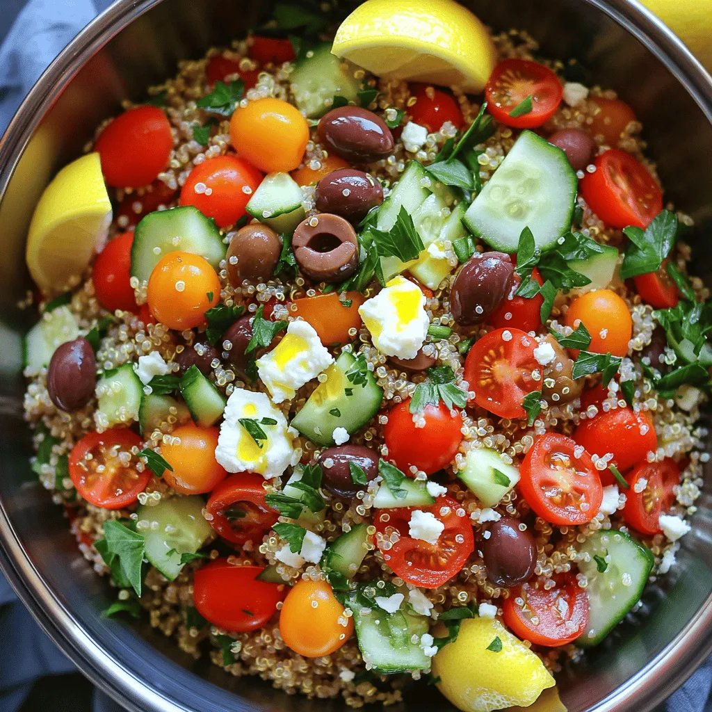 - 1 cup quinoa (uncooked) - 2 cups vegetable broth (or water) - 1 cup cherry tomatoes, halved - 1 cucumber, diced - 1 bell pepper (red or yellow), diced - 1/2 red onion, finely chopped - 1 cup kalamata olives, pitted and halved - 1/2 cup feta cheese, crumbled (optional) - 1/4 cup fresh parsley, chopped - 1/4 cup fresh mint, chopped - 3 tablespoons lemon juice - 3 tablespoons olive oil - Salt and pepper to taste When making Mediterranean quinoa salad, start with the main ingredients. Quinoa is your base. It’s light and healthy. Using vegetable broth gives it a nice flavor. You’ll also need fresh vegetables like cherry tomatoes and cucumbers. These add crunch and color. Bell peppers and red onions boost flavor and nutrients. Next, consider the additional ingredients. Kalamata olives add a salty bite. If you like cheese, feta adds creaminess. Fresh herbs like parsley and mint brighten the dish. Now, let’s talk about the dressing components. Lemon juice gives a fresh zing. Olive oil brings richness. Salt and pepper finish the mix. You can find the full recipe above for precise measurements and steps. Enjoy making this dish! 1. Rinse quinoa under cold water in a fine mesh strainer. This removes any bitterness. 2. In a medium pot, combine the rinsed quinoa and vegetable broth. Bring it to a boil. 3. Once boiling, reduce heat to low. Cover the pot and simmer for 15-20 minutes. The quinoa will absorb all the liquid. Fluff it with a fork and let it cool. 1. While the quinoa cools, chop the vegetables. Cut the cherry tomatoes in half. Dice the cucumber and bell pepper. Finely chop the red onion. 2. Add all the prepared vegetables to a large mixing bowl. This makes mixing easy later. 1. Now, it’s time to add more flavor. Toss in the kalamata olives, crumbled feta cheese (if you want), fresh parsley, and mint to the bowl with the vegetables. 2. In a small bowl, whisk together the lemon juice, olive oil, salt, and pepper. This dressing brings everything together. 3. Once the quinoa has cooled, add it to the large bowl. Drizzle the dressing over the top. 4. Gently toss the salad to mix all the ingredients. Ensure the dressing coats everything evenly. 5. Taste the salad and adjust the seasoning. Add more salt, pepper, or lemon juice if needed. 6. For the best flavor, let the salad sit for at least 15 minutes before serving. This method ensures a fresh and flavorful Mediterranean quinoa salad. For the complete details on the ingredients, check the Full Recipe. To make your quinoa just right, rinse it well. This step helps remove any bitter flavor. After rinsing, cook the quinoa in vegetable broth. This adds a nice taste. Once it’s cooked, let it cool before mixing. Cooling helps keep the grains fluffy. When your salad is ready, taste it! Adjust the seasoning if needed. You can add more salt, pepper, or lemon juice. Let the salad sit for 15 minutes before serving. This time lets the flavors blend and become yummy. For a great look, serve the salad in a big bowl or on individual plates. This makes it fun to share. Top it with extra herbs and lemon wedges. These little touches make the dish pop. For the full recipe, check out the details above. {{image_2}} You can make your Mediterranean quinoa salad even better by adding protein. Grilled chicken works well and adds great flavor. You can also use chickpeas for a plant-based option. They add a nice texture and are full of nutrients. For creaminess, try incorporating diced avocado. It brings a rich taste and pairs well with the other ingredients. The dressing can change the flavor of your salad. You can experiment with balsamic vinaigrette for a sweet and tangy taste. This adds a nice kick to the dish. If you want something unique, try tahini. This sesame paste gives the salad a rich and nutty flavor that you won’t forget. Using seasonal ingredients can make your salad more exciting. In summer, add fresh bell peppers or zucchini for crunch. In winter, try using pomegranate seeds for a burst of sweetness. They also add a lovely color that brightens the dish. This way, your salad stays fresh and fun all year round. For the complete recipe, check out the Full Recipe section. Store your Mediterranean quinoa salad in an airtight container in the fridge. This keeps it fresh and tasty. You should eat it within 3-5 days for the best flavor. Freezing this salad is not a good idea. The texture will change, and it won't taste as good. It’s best to prepare the salad fresh for great taste and quality. You can serve the salad cold or at room temperature. If you prefer it warm, you can lightly heat it in the microwave. Just be careful not to overheat it, as that can ruin the flavors and texture. Enjoy your meal! Yes, it's great for meal prep and can be made a day ahead. When you prepare it in advance, the flavors have time to blend. Just store it in the fridge in an airtight container. This makes it easy to grab for lunches or quick dinners. Yes, quinoa is naturally gluten-free. It is a perfect grain for those who avoid gluten. Quinoa is also high in protein, which makes it a healthy choice as well. Absolutely! Feel free to add or substitute your favorite vegetables or herbs. You might like to try adding avocado, chickpeas, or even different types of olives. Customize it to match your taste or what's in season. It's best to consume within 2 hours if not refrigerated. After that, bacteria can grow. To keep it safe, always store leftovers in the fridge. It provides healthy fats, fiber, and vitamins from fresh ingredients. You'll find a good mix of nutrients that support your health. The olives add healthy fats, while veggies give you vitamins and minerals. This Mediterranean quinoa salad is simple and packed with flavor. You learned how to cook quinoa, prepare fresh veggies, and mix everything together with a tasty dressing. I shared tips to enhance taste and present the dish beautifully. Feel free to change up the ingredients or dressing to suit your likes. Remember, this salad is great for meal prep and stays fresh in the fridge. Enjoy your fresh and healthy creation that’s full of nutrition and flavor!