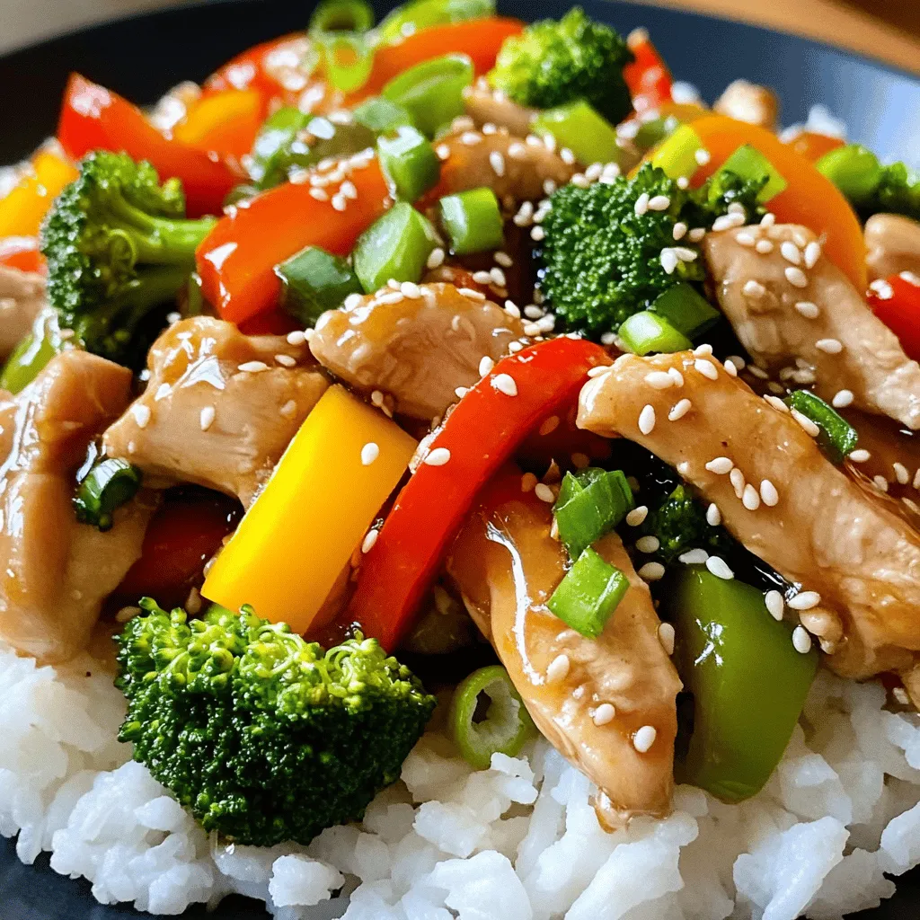 - 1 lb (450 g) chicken breast, thinly sliced - 2 tablespoons honey - 3 tablespoons soy sauce - 1 tablespoon rice vinegar - 1 bell pepper (red or yellow), sliced - 1 cup broccoli florets - 1 medium carrot, julienned - 2 cloves garlic, minced - 1 inch ginger, grated - Salt and pepper to taste - 2 green onions, sliced (for garnish) - Sesame seeds (for garnish) This dish shines from its simple yet flavorful ingredients. The chicken breast gives you lean protein, while honey adds a sweet touch. Soy sauce brings depth, and rice vinegar adds a hint of tang. For the veggies, I love using bell pepper and broccoli. They add color and crunch. Carrots bring a nice sweetness, and garlic and ginger deliver aromatic flavors. You can mix and match vegetables based on what you have on hand. Feel free to add snap peas or even mushrooms for extra texture. The key is to keep it fresh and vibrant. You can find the full recipe for this stir-fry below and get cooking! To start, you need to make the honey garlic sauce. In a bowl, combine these ingredients: - 2 tablespoons honey - 3 tablespoons soy sauce - 1 tablespoon rice vinegar - 2 cloves garlic, minced - 1 inch ginger, grated Stir until the honey mixes well with the other liquids. If you want a thicker sauce, mix 1 tablespoon of cornstarch with 2 tablespoons of water in a small bowl and set it aside. Next, heat 1 tablespoon of vegetable oil in a large skillet over medium-high heat. Add 1 pound of thinly sliced chicken breast. Season it with salt and pepper. Stir-fry the chicken until it turns white, about 5 to 7 minutes. Once it is cooked, remove the chicken from the skillet and set it aside on a plate. In the same skillet, add another tablespoon of vegetable oil. Add sliced bell pepper, broccoli florets, and julienned carrot. Stir-fry these veggies for about 3 to 4 minutes. You want them to be bright and slightly tender but still crisp. Now, return the cooked chicken to the skillet. Pour your honey garlic sauce over the chicken and veggies. Stir well to coat everything in the sauce. If you used cornstarch, add it now to thicken the sauce. Cook for another 2 to 3 minutes until everything is heated through. Taste it and adjust the seasoning if needed. Once done, you can enjoy this tasty weeknight meal. For the full recipe, check back to the beginning of this article! To make a great stir-fry, you need high heat. This helps cook your food fast. Keep all your ingredients ready before you start. This makes cooking smooth and easy. You can add cornstarch to thicken the sauce. Mix it with water first. If you like your dish sweeter, add more honey. This lets you control the taste just how you like it. Serve your stir-fry over fluffy rice or noodles. This adds a nice base. For a finishing touch, sprinkle extra green onions and sesame seeds on top. This makes your dish look appealing and fresh. If you want a pop of color, add a lime wedge on the side. For the complete recipe, check out the [Full Recipe]. {{image_2}} You can easily swap chicken for other proteins. Try beef for a heartier meal. Shrimp adds a nice seafood twist. For a plant-based option, use tofu. Each choice gives a unique flavor and texture. Adjust cooking times based on what you choose. Beef may take longer, while shrimp cooks quickly. Feel free to mix up the vegetables. Snap peas add a sweet crunch. Asparagus brings a fresh taste to the dish. Mushrooms add umami and richness. Just remember to cut them into bite-sized pieces. This keeps everything cooking evenly and looking great. You can use any veggie you like. If you love heat, spice things up! Add red pepper flakes for a mild kick. Sriracha gives a bold flavor with more heat. Start with a small amount, then taste as you go. Adjust to find your perfect spice level. This twist makes the dish exciting and unique. For more details on making this delicious meal, check out the Full Recipe. Refrigerate your honey garlic chicken stir-fry in an airtight container. It stays fresh for up to 3 days. Keeping it sealed helps prevent moisture loss and keeps flavors intact. To reheat, I suggest using the stovetop. This method brings back the stir-fry's fresh texture. Heat it gently over low to medium heat. Stir occasionally until everything is warm. Avoid microwaving, as it can make the chicken tough. You can freeze the stir-fry in portions for quick meals. Use freezer-safe containers or bags. It’s best to consume within 1 month for optimal taste. When ready to eat, thaw it in the fridge overnight before reheating. Yes, just ensure it's fully thawed before cooking. Frozen chicken can work well. Replace chicken with tofu and use vegetable broth in the sauce. Tofu absorbs flavors well. It's great with rice, noodles, or steamed vegetables. Each option adds a nice touch. Total time is approximately 30 minutes (prep + cook). It’s a quick meal option. Yes, it's loaded with protein and vegetables, making it a nutritious meal choice. Enjoy the flavors! For the complete recipe, check the Full Recipe section. Honey Garlic Chicken Stir-Fry brings together simple ingredients and great flavors. You start by making the sauce, then cook the chicken, and finally stir-fry your veggies. Don't forget tips for perfecting your stir-fry technique and exploring fun variations! This dish is quick, nutritious, and delicious. Enjoy all the options for protein and veggies to fit your taste. With easy storage and reheating, it’s perfect for busy days. Now, you can impress your friends or family with this tasty meal!
