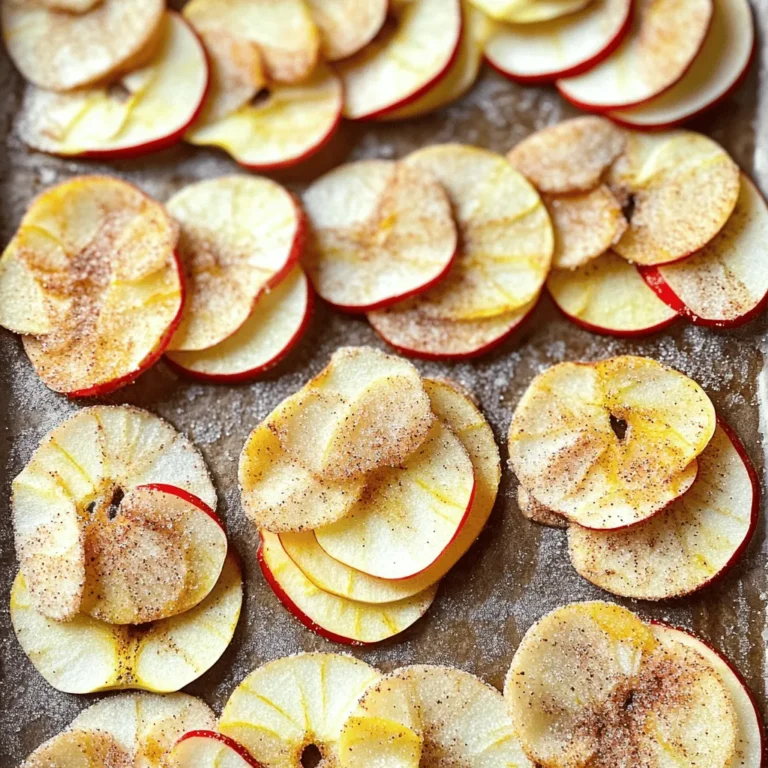 - 3 medium-sized apples (preferably honeycrisp or Fuji) - 2 tablespoons granulated sugar - 1 teaspoon ground cinnamon - 1 tablespoon lemon juice - Optional: pinch of salt You can use different apple types for your chips. For sweeter chips, try Gala or Golden Delicious. If you want tartness, use Granny Smith apples. For sugar, honey or maple syrup works as a healthier choice. You can also use coconut sugar for a unique twist. For slicing apples, you can use a mandoline slicer or a sharp knife. A mandoline gives you even slices quickly. If you choose a knife, take your time to slice apples thinly and evenly. You will also need a baking sheet lined with parchment paper. This helps prevent sticking and makes cleanup easy. To make great apple chips, start with clean apples. Wash them under cool water. Use a soft cloth to dry them well. This step is key to getting rid of dirt and wax. Next, slice the apples into thin rounds. A mandoline slicer works best, but a sharp knife will do. Aim for about 1/8-inch thickness. Keeping the slices even helps them bake evenly. The next step is to mix the cinnamon sugar coating. In a medium bowl, combine 2 tablespoons of granulated sugar and 1 teaspoon of ground cinnamon. If you want, add a pinch of salt for extra flavor. Even coating is very important. It ensures each apple slice gets the same sweet flavor. Toss all the apple slices in the mix until they are well-coated. Now it’s time to bake the apple chips. Preheat your oven to 225°F (110°C) and line a baking sheet with parchment paper. Arrange the apple slices in a single layer on the sheet. Make sure they don’t touch; this helps them crisp up. Bake for 1.5 to 2 hours. Flip the apple slices halfway through for even cooking. Keep an eye on them as they bake. They should look crisp and slightly golden when done. After baking, let the chips cool on the sheet. They will get even crisper as they cool. Store them in an airtight container to keep them fresh. For the full recipe, check above. To get your apple chips just right, the oven temperature matters. Set your oven to 225°F (110°C) for the best results. This low heat helps the apples dry out slowly, making them crispier. Bake for about 1.5 to 2 hours. Flip the slices halfway through to ensure even baking. Keep an eye on them; you want a light golden color. One common mistake is slicing apples unevenly. Aim for slices about 1/8-inch thick. Too thick, and they won’t crisp well. Too thin, and they might burn. Another mistake is not spacing the apple slices correctly. If they touch, they will steam instead of crisp. Leave room between each slice on the baking sheet. Want to jazz up your apple chips? Try adding a pinch of nutmeg or ginger to the cinnamon sugar mix. You can also drizzle a bit of caramel over the chips after baking for a sweet twist. These little changes can take your cinnamon sugar apple chips to the next level, making them even more delicious. {{image_2}} You can add other spices to your cinnamon sugar apple chips. A pinch of nutmeg brings warmth and depth. Ginger adds a nice kick. Mix them in with your sugar and cinnamon for fun new flavors. If you want a treat that's extra sweet, drizzle them with caramel. This makes them more like candy. Kids love this twist! Apple chips are just the start. You can use pears or bananas for a change. Slice these fruits just like you do with apples. Each fruit gives a new taste. Pear chips are juicy and soft while banana chips are sweet and chewy. Try mixing different fruits for a colorful snack! Fall is the perfect time for cinnamon sugar apple chips. You can add pumpkin spice to the mix for a seasonal touch. Or, try to sprinkle some crushed pecans on top. This gives a nice crunch and complements the fall flavors. You can even shape the apples into fun autumn designs for kids. Enjoying these chips while watching the leaves fall makes the season special. For the full recipe, see the section above. To keep your apple chips crispy, store them in an airtight container. Make sure they are completely cool before sealing. If you live in a humid area, add a small packet of silica gel. This helps absorb moisture and keeps the chips crunchy. Homemade apple chips last about one week at room temperature. If you store them in the fridge, they can last up to two weeks. For longer storage, try freezing them. Frozen apple chips can last several months, but the texture may change after thawing. Check your apple chips for obvious signs of spoilage. If they feel soft or chewy, they have lost their crunch. Look for any dark spots or mold; these mean they are no longer safe to eat. If they smell off or stale, it's best to discard them. Enjoy your crispy cinnamon sugar apple chips while they are fresh! Yes, you can use a dehydrator! It’s a great tool for making apple chips. First, slice your apples as you would for baking. Lay the slices flat on the dehydrator trays. Set the dehydrator to 135°F (57°C). Dehydrate the apple slices for 6 to 8 hours. Check them every few hours. You want them dry and crispy, not chewy. If your apple chips are not crispy, check a few things. Slices may be too thick. Aim for 1/8-inch thickness for best results. Moisture can also be a problem. Make sure to dry apples well before baking. If you used too much lemon juice, it might add extra moisture. Lastly, make sure to space the slices on the baking sheet. They should not touch each other. Yes, you can make these chips ahead of time! Store them in an airtight container to keep them fresh. If they lose some crispness, you can reheat them. Just pop them back in the oven at 225°F (110°C) for about 10 minutes. This will help restore their crunch. Enjoy your tasty snack anytime! Check out the Full Recipe for more details. You learned how to create tasty apple chips using just a few simple steps. We explored the best ingredients, equipment, and tips to help you succeed. With this knowledge, you can make delicious snacks with various flavors and textures. Remember to store them right to keep them crispy. Now, get the whole family involved and enjoy making your own apple chips at home. It's a fun way to snack smart!
