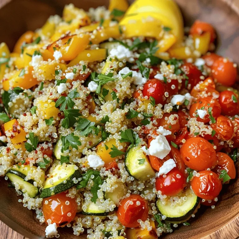 To make this tasty salad, you need: - 1 cup quinoa, rinsed - 2 cups vegetable broth - 1 medium zucchini, diced - 1 medium bell pepper (any color), diced - 1 cup cherry tomatoes, halved - 1 red onion, chopped - 2 cloves garlic, minced - 2 tablespoons olive oil - 1 teaspoon cumin - 1 teaspoon smoked paprika - Salt and pepper to taste - 1/4 cup fresh parsley, chopped - 1/4 cup feta cheese, crumbled (optional) - Juice of 1 lemon Fresh produce is key for your salad. I love using seasonal veggies. They add flavor and color. Zucchini brings a soft texture. Bell pepper adds crunch and sweetness. Cherry tomatoes offer juiciness. Red onion gives a mild bite. Fresh parsley brightens the dish. You can also mix in other veggies like carrots or asparagus. To make your salad even better, consider adding a few optional ingredients. Feta cheese adds creaminess and a salty kick. You can also sprinkle on some nuts or seeds for crunch. A dash of hot sauce can give it some heat. If you like herbs, try adding basil or mint for a fresh twist. These small changes can take your salad to a new level! For the full recipe, check out the details above. Enjoy making this healthy and filling meal! Start by preheating your oven to 400°F (200°C). In a large bowl, gather your diced zucchini, bell pepper, halved cherry tomatoes, chopped red onion, and minced garlic. Pour in two tablespoons of olive oil and sprinkle one teaspoon each of cumin and smoked paprika. Add salt and pepper to taste. Toss everything together until the vegetables are well coated. This step adds flavor and helps them roast evenly. While your vegetables are ready to roast, grab a medium saucepan. Pour in two cups of vegetable broth and bring it to a boil. Rinse one cup of quinoa under cold water. Once the broth boils, add the rinsed quinoa to the pan. Lower the heat, cover it, and let it simmer for about 15 minutes. After that time, the quinoa should be fluffy, and all the liquid will be absorbed. Once your veggies are roasted and your quinoa is cooked, remove both from heat. In a large mixing bowl, combine the fluffy quinoa and the roasted vegetables. Add in a quarter cup of chopped parsley, crumbled feta cheese if you like, and juice from one lemon. Stir gently to mix everything well. Taste your salad and adjust the seasoning with salt and pepper if needed. Now you have a colorful, healthy, and filling meal ready to enjoy! For the full recipe, check out the detailed instructions above. Roasting vegetables is an art. The right method brings out their natural flavors. Here are some tips to get it right: - Cut Evenly: Make sure to cut your veggies into similar sizes. This helps them cook evenly. - Don’t Overcrowd: Give your veggies space on the baking sheet. If they are too close, they will steam instead of roast. - Use High Heat: Roasting at a high temperature, around 400°F, helps caramelize the veggies. This adds a sweet flavor. Quinoa can be tricky. You want it fluffy and not mushy. Here’s how to nail the texture: - Rinse Well: Always rinse quinoa under cold water before cooking. This removes the natural coating called saponin, which can taste bitter. - Use the Right Ratio: For a fluffy texture, use two parts broth to one part quinoa. This helps it absorb the right amount of liquid. - Let it Sit: After cooking, let the quinoa sit covered for five minutes. This allows it to steam and become fluffy. To make your salad pop, consider these flavor tips: - Fresh Herbs: Add fresh herbs like parsley, basil, or cilantro. They bring color and freshness. - Zesty Citrus: A squeeze of lemon juice or lime juice brightens the dish. It adds a nice zing. - Spices and Nuts: Try adding different spices or nuts. Toasted almonds or walnuts can add a crunchy element. For more details, check out the Full Recipe. Enjoy your delicious creation! {{image_2}} If you want a change from quinoa, you have options. You can use brown rice or bulgur wheat. Both add a nice texture. Another great choice is farro. It has a chewy bite and a nutty taste. If you're avoiding grains, try lentils. They pack a protein punch and taste great. Feel free to mix up the veggies. You can use carrots, sweet potatoes, or broccoli. Each adds a unique flavor and color. For a bit of spice, add some jalapeños or radishes. You can also try seasonal vegetables. This keeps your salad fresh and exciting. The dressing can change the vibe of your salad. A simple balsamic vinaigrette works well. You can also try tahini or a yogurt-based dressing. If you want a kick, add sriracha or hot sauce. For toppings, consider nuts or seeds for crunch. Toasted almonds or pumpkin seeds add great texture. You can visit the Full Recipe for more ideas on how to customize your dish! To keep your roasted vegetable quinoa salad fresh, place it in an airtight container. Make sure to let it cool down to room temperature before sealing it. Store it in the fridge where it will stay good for up to four days. If you want to enjoy it later, just scoop out what you need. You can freeze this salad for later meals. First, ensure it cools completely. Then, transfer it to a freezer-safe container or bag. Squeeze out as much air as possible to prevent freezer burn. This salad can last up to three months in the freezer. When you’re ready to eat, just thaw it in the fridge overnight. To reheat, you can use a microwave or a stove. If using a microwave, place the salad in a bowl and heat in short bursts. Stir in between to heat evenly. If you prefer the stove, gently warm it in a pan over low heat. Add a splash of vegetable broth or water to keep it moist. Enjoy it warm or at room temperature. For the full recipe, check out the detailed instructions above! Roasted vegetable quinoa salad lasts for about 4 to 5 days in the fridge. Make sure to store it in an airtight container. This helps keep it fresh and tasty. I recommend checking for any smells or changes before eating it after a few days. Yes, you can make roasted vegetable quinoa salad ahead of time. In fact, it tastes even better after sitting for a few hours or overnight. The flavors mingle and create a delicious dish. Just make sure to store it in the fridge until you are ready to serve. You can serve roasted vegetable quinoa salad with many dishes. It pairs well with grilled chicken or fish for added protein. You can also enjoy it with pita bread or hummus for a lighter meal. If you want a full spread, add a simple soup on the side. Just think of what you like, and get creative! For the complete recipe, check out the Full Recipe link. This blog post covers making a tasty Roasted Vegetable Quinoa Salad. We talked about key ingredients and how to prepare them. The step-by-step guide makes cooking easy. You can use tips to improve flavor and texture. Variations let you customize this salad to your taste. Plus, I shared how to store leftovers safely. Roasted Vegetable Quinoa Salad is not only healthy but also fun to make. Try it out for a fresh meal!