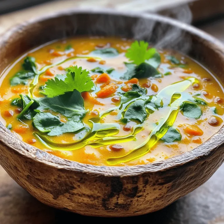 - 1 cup red lentils, rinsed - 1 can (13.5 oz) coconut milk - 1 medium onion, diced - 2 cloves garlic, minced - 1 tablespoon fresh ginger, grated - 2 tablespoons curry powder - 1 teaspoon turmeric powder - Salt and pepper to taste - 4 cups vegetable broth - 1 cup diced tomatoes (fresh or canned) - 1 carrot, diced - 1 bell pepper, diced - 2 cups spinach or kale, roughly chopped - Fresh cilantro, for garnish (optional) Using these ingredients, you create a warm and tasty Coconut Curry Lentil Soup. Each one plays a key role in building flavor and nutrition. The red lentils cook down nicely and add protein. Coconut milk brings creaminess and a subtle sweetness. Onions, garlic, and ginger form a strong base, giving depth to the soup. The spices, curry powder and turmeric, add warmth and a vibrant color. Adjust salt and pepper to enhance the flavors to your liking. Feel free to mix in your favorite vegetables. Carrots and bell peppers add a nice crunch. Spinach or kale gives extra nutrients. Don't forget the fresh cilantro for a bright finish. For the complete list of ingredients and instructions, check the Full Recipe. Enjoy the process of making this hearty soup! - Heat olive oil in a large pot over medium heat. - Sauté diced onion until translucent. Start by warming the olive oil. This helps the onion cook evenly. I love using medium heat to avoid burning. Once the onion turns soft and clear, it's time to add more flavor. - Add minced garlic and grated ginger, cooking until fragrant. - Stir in curry powder and turmeric, cooking to bloom the spices. Next, toss in the minced garlic and ginger. They add a fresh kick to the soup. Cook them until you can smell their aroma. Then, add the curry powder and turmeric. This step brings out the spice flavors. Cook this mix for a minute to bloom the spices. - Add diced carrots and bell pepper, then cook slightly. - Introduce rinsed lentils, diced tomatoes, coconut milk, and vegetable broth. - Bring to a boil, then simmer uncovered until lentils are tender. - Stir in chopped spinach or kale, and season with salt and pepper. Now, it's time to add the veggies. Toss in the diced carrots and bell pepper. Cook them for a few minutes until they soften a bit. Then, add the rinsed lentils, diced tomatoes, coconut milk, and vegetable broth. Stir everything nicely. Bring this mix to a boil. Once boiling, lower the heat and let it simmer uncovered. This will take about 20 to 25 minutes until the lentils get tender. Finally, stir in the chopped spinach or kale. Let it simmer for another five minutes. Season your soup with salt and pepper to taste. For the full recipe, check out the ingredients and precise steps. Enjoy creating a warm bowl of coconut curry lentil soup! - Rinse lentils thoroughly for best results. This helps remove dirt and impurities. - Adjust cooking times based on desired lentil texture. For softer lentils, cook longer. - Garnish with fresh cilantro for an added touch. It brightens up the soup. - Serve with crusty bread or rice to enhance the meal. Both options soak up the flavors. - Overcooking vegetables before adding broth. This can make them mushy and bland. - Skipping the spice blooming step, which enhances flavors. Blooming spices brings out their true taste. Coconut Curry Lentil Soup is a simple yet delicious dish. For the full recipe, check out the details above. {{image_2}} You can easily make this soup fit your diet. For a vegan option, ensure your vegetable broth is plant-based. This simple step keeps the soup fully vegan. If you need it gluten-free, check that all ingredients, especially the broth, are gluten-free. Many brands offer great gluten-free options. Want to spice things up? Add lime juice for a fresh citrus kick. It brightens the soup! You can also try different greens. Swiss chard or arugula adds a unique twist. These greens not only change the flavor but also boost nutrition. Looking to add protein? You can include tofu or chickpeas. Both options make the soup more filling. If lentils aren't your favorite, swap them with other legumes like black beans. This keeps the texture nice and gives a different flavor profile. These variations keep Coconut Curry Lentil Soup exciting and tasty. Don't forget to check the Full Recipe for more ideas! You can store your Coconut Curry Lentil Soup in an airtight container. It will last up to 5 days in the fridge. This makes it easy to grab for a quick meal. Just make sure to let it cool before sealing. For longer storage, freeze the soup in portions. Use freezer-safe containers or bags. It will stay good for up to 3 months. This way, you’ll have healthy meals ready when you need them. When you want to enjoy the soup again, reheat it on the stovetop or microwave. If it seems thick, add a little water for the right consistency. Stir well as it warms up to keep it smooth and tasty. The soup can be refrigerated for up to 5 days or frozen for 3 months. This makes it a great meal prep option. I often make a big batch and enjoy it throughout the week. Yes, combine all ingredients and cook on low for 6-8 hours or high for 3-4 hours. A slow cooker gives the flavors time to blend, making it even tastier. You'll love the ease of using one pot! Lentils are high in protein, fiber, and essential minerals, making them nutritious. They help keep you full and support digestion. Plus, they are a great source of iron, which is vital for energy. Red lentils are preferred, but green or brown lentils can also work, with slight adjustments in cooking time. Just remember that red lentils cook faster, while green and brown lentils hold their shape better. You might need to add more liquid if you use the latter. For the full recipe, check out the details above! This essay shared how to make Coconut Curry Lentil Soup using simple ingredients. We discussed the main components like lentils, coconut milk, and spices. You learned step-by-step instructions and common mistakes to avoid. Don't forget to try variations, such as adding lime juice or different greens. Storing leftovers is easy. You can keep it fresh for days or freeze it for later. Cooking can be fun and simple with this recipe. Enjoy your healthy, tasty meal and get creative!