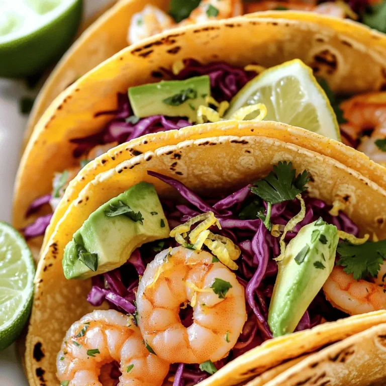 To make Zesty Lemon Garlic Shrimp Tacos, you need some fresh and simple ingredients. Here’s what you’ll need: - 1 lb large shrimp, peeled and deveined - 3 tablespoons olive oil - 4 cloves garlic, minced - Juice and zest of 2 lemons - 1 teaspoon paprika - 1 teaspoon ground cumin - Salt and pepper to taste - 8 small corn tortillas - 1 cup shredded red cabbage - 1 avocado, sliced - Fresh cilantro for garnish - Lime wedges for serving These ingredients come together to create a vibrant dish bursting with flavor. The shrimp pairs perfectly with the zesty lemon and garlic, while the fresh toppings add a nice crunch. Each bite takes you to a sunny beach, even if you're at home. For the full recipe, check out the details that will guide you through every step. To start, you will need to prepare the marinade. In a medium bowl, combine the following: - 3 tablespoons olive oil - 4 cloves garlic, minced - Juice and zest of 2 lemons - 1 teaspoon paprika - 1 teaspoon ground cumin - Salt and pepper to taste Mix these ingredients well. Add 1 pound of large shrimp that are peeled and deveined. Toss the shrimp to coat them in the marinade. I recommend letting it sit for about 15 minutes. This time allows the shrimp to absorb all those zesty flavors. For the best shrimp, heat a large skillet over medium-high heat. Once it's hot, add the marinated shrimp in a single layer. Cook the shrimp for 2-3 minutes on each side. You want them to turn pink and be fully cooked. Keep an eye on the time so they do not overcook. Overcooked shrimp can become tough and rubbery. While the shrimp cooks, it's time to warm the corn tortillas. Use a separate dry skillet and set it over low heat. Warm each tortilla for about 30 seconds on each side. This makes them pliable and improves the texture. You want them soft and ready to hold all the tasty fillings. Now it’s time for the fun part: assembling the tacos! Take a warm tortilla and place a portion of the shrimp on it. Next, add some shredded red cabbage for crunch and then top with sliced avocado. I love to garnish my tacos with fresh cilantro. Serve them with lime wedges on the side for an extra zesty kick. For the full recipe, check out the complete instructions above. To avoid overcooking shrimp, watch the color closely. Cook them until they turn pink. This usually takes 2-3 minutes per side. If they curl tightly, they are overdone. For a perfect sear, use a hot skillet. Add the shrimp in a single layer. This helps them cook evenly. Don’t overcrowd the pan; cook in batches if needed. You can use other spices to boost flavor. Try adding chili powder or cayenne for heat. Marinades with lime juice or soy sauce can add depth. For garnishes, fresh herbs like parsley or dill work great. Thinly sliced radishes and jalapeños add a nice crunch. These extras can brighten up your tacos. For sides, consider black beans or a fresh corn salad. They add a nice contrast to the tacos. You can also serve with tortilla chips and salsa for a fun touch. For gatherings, set up a taco bar. Let guests build their own tacos with various toppings. This makes serving easy and fun! For the full recipe, check out the details above. {{image_2}} For those who need gluten-free options, corn tortillas work great. They add a nice crunch and keep the taco authentic. If you want to try something different, you can use lettuce wraps instead. They are fresh and light. If you prefer vegan options, swap the shrimp for jackfruit or tofu. Both of these ingredients soak up flavor well. You can use the same marinade from the original recipe. Just make sure to cook them until tender. Want to spice things up? Add jalapeños or chili flakes for heat. You can also use hot sauce on top for an extra kick. If you love smoky flavors, try adding smoked paprika instead of regular. For herbs, cilantro is a classic choice, but don’t stop there. Fresh basil or dill can add a unique twist. Experiment with different herbs to find your favorite mix. Using fresh produce can really elevate your tacos. In summer, fresh corn kernels can add sweetness. In fall, diced apples or pears can provide a nice crunch. Check your local market for seasonal fruits and veggies. This can help you adapt your tacos based on what’s available. Fresh ingredients always make meals taste better. For the full recipe, refer to the earlier sections. To store shrimp tacos, place them in an airtight container. Make sure to separate the shrimp from the tortillas and toppings. This keeps the tortillas from getting soggy. You can store them in the fridge for up to two days. I recommend using glass containers for easy viewing. They also help keep the shrimp fresh. Avoid using plastic wrap as it can trap moisture. When reheating shrimp, do it gently to keep the texture. Place the shrimp in a skillet over low heat. Stir often until they are warm. Avoid high heat, as it can toughen them. For tortillas, wrap them in damp paper towels and microwave for about 15 seconds. This method makes them soft and warm. Add your toppings after reheating to keep them fresh. Can you freeze shrimp tacos? Yes, but do it right. Store the shrimp in freezer-safe bags. Squeeze out the air to prevent freezer burn. You can freeze them for up to three months. When ready to eat, thaw the shrimp in the fridge overnight. Reheat them using the tips above. Remember, it’s best to freeze shrimp without the tortillas and toppings. Enjoy the full recipe to make fresh tacos! To tell if shrimp is cooked, look for a few signs. Cooked shrimp turns pink and opaque. It also curls up into a C shape. If you see these signs, your shrimp is ready. Overcooked shrimp becomes tough and rubbery, so watch closely. Yes, you can use frozen shrimp. To thaw, place them in the fridge overnight. If you're in a hurry, put them in a bowl of cold water for about 15 minutes. After thawing, pat them dry before cooking. This helps them get a nice sear. If you need a different option, try lettuce wraps. They are fresh and crunchy. You can also use corn tortillas for gluten-free needs. For a low-carb choice, try cauliflower tortillas. These options still taste great with the shrimp. For toppings, I recommend shredded red cabbage for crunch. Sliced avocado adds a creamy texture. Fresh cilantro brings a burst of flavor. You can also squeeze lime juice on top for extra zest. These toppings really enhance the dish. Absolutely! You can marinate the shrimp ahead of time. Just store them in the fridge for up to 24 hours. Warm your tortillas and cook the shrimp when you're ready to eat. This makes for quick assembly and a tasty meal. Check out the Full Recipe for more details on preparation. We explored how to make Zesty Lemon Garlic Shrimp Tacos. I shared essential ingredients, step-by-step instructions, and tips for perfect shrimp. We discussed variations for dietary needs and seasonal items, plus storage and reheating advice. Enjoy experimenting with flavors and customizing this dish. Perfect shrimp tacos can elevate any meal or gathering. Let your creativity shine as you try new toppings and techniques. You'll impress everyone with these tasty tacos!