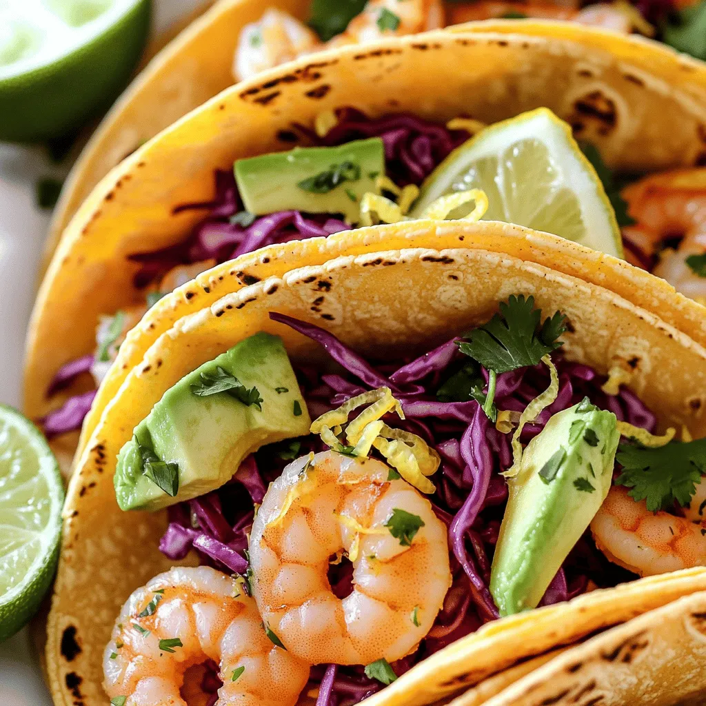 To make Zesty Lemon Garlic Shrimp Tacos, you need some fresh and simple ingredients. Here’s what you’ll need: - 1 lb large shrimp, peeled and deveined - 3 tablespoons olive oil - 4 cloves garlic, minced - Juice and zest of 2 lemons - 1 teaspoon paprika - 1 teaspoon ground cumin - Salt and pepper to taste - 8 small corn tortillas - 1 cup shredded red cabbage - 1 avocado, sliced - Fresh cilantro for garnish - Lime wedges for serving These ingredients come together to create a vibrant dish bursting with flavor. The shrimp pairs perfectly with the zesty lemon and garlic, while the fresh toppings add a nice crunch. Each bite takes you to a sunny beach, even if you're at home. For the full recipe, check out the details that will guide you through every step. To start, you will need to prepare the marinade. In a medium bowl, combine the following: - 3 tablespoons olive oil - 4 cloves garlic, minced - Juice and zest of 2 lemons - 1 teaspoon paprika - 1 teaspoon ground cumin - Salt and pepper to taste Mix these ingredients well. Add 1 pound of large shrimp that are peeled and deveined. Toss the shrimp to coat them in the marinade. I recommend letting it sit for about 15 minutes. This time allows the shrimp to absorb all those zesty flavors. For the best shrimp, heat a large skillet over medium-high heat. Once it's hot, add the marinated shrimp in a single layer. Cook the shrimp for 2-3 minutes on each side. You want them to turn pink and be fully cooked. Keep an eye on the time so they do not overcook. Overcooked shrimp can become tough and rubbery. While the shrimp cooks, it's time to warm the corn tortillas. Use a separate dry skillet and set it over low heat. Warm each tortilla for about 30 seconds on each side. This makes them pliable and improves the texture. You want them soft and ready to hold all the tasty fillings. Now it’s time for the fun part: assembling the tacos! Take a warm tortilla and place a portion of the shrimp on it. Next, add some shredded red cabbage for crunch and then top with sliced avocado. I love to garnish my tacos with fresh cilantro. Serve them with lime wedges on the side for an extra zesty kick. For the full recipe, check out the complete instructions above. To avoid overcooking shrimp, watch the color closely. Cook them until they turn pink. This usually takes 2-3 minutes per side. If they curl tightly, they are overdone. For a perfect sear, use a hot skillet. Add the shrimp in a single layer. This helps them cook evenly. Don’t overcrowd the pan; cook in batches if needed. You can use other spices to boost flavor. Try adding chili powder or cayenne for heat. Marinades with lime juice or soy sauce can add depth. For garnishes, fresh herbs like parsley or dill work great. Thinly sliced radishes and jalapeños add a nice crunch. These extras can brighten up your tacos. For sides, consider black beans or a fresh corn salad. They add a nice contrast to the tacos. You can also serve with tortilla chips and salsa for a fun touch. For gatherings, set up a taco bar. Let guests build their own tacos with various toppings. This makes serving easy and fun! For the full recipe, check out the details above. {{image_2}} For those who need gluten-free options, corn tortillas work great. They add a nice crunch and keep the taco authentic. If you want to try something different, you can use lettuce wraps instead. They are fresh and light. If you prefer vegan options, swap the shrimp for jackfruit or tofu. Both of these ingredients soak up flavor well. You can use the same marinade from the original recipe. Just make sure to cook them until tender. Want to spice things up? Add jalapeños or chili flakes for heat. You can also use hot sauce on top for an extra kick. If you love smoky flavors, try adding smoked paprika instead of regular. For herbs, cilantro is a classic choice, but don’t stop there. Fresh basil or dill can add a unique twist. Experiment with different herbs to find your favorite mix. Using fresh produce can really elevate your tacos. In summer, fresh corn kernels can add sweetness. In fall, diced apples or pears can provide a nice crunch. Check your local market for seasonal fruits and veggies. This can help you adapt your tacos based on what’s available. Fresh ingredients always make meals taste better. For the full recipe, refer to the earlier sections. To store shrimp tacos, place them in an airtight container. Make sure to separate the shrimp from the tortillas and toppings. This keeps the tortillas from getting soggy. You can store them in the fridge for up to two days. I recommend using glass containers for easy viewing. They also help keep the shrimp fresh. Avoid using plastic wrap as it can trap moisture. When reheating shrimp, do it gently to keep the texture. Place the shrimp in a skillet over low heat. Stir often until they are warm. Avoid high heat, as it can toughen them. For tortillas, wrap them in damp paper towels and microwave for about 15 seconds. This method makes them soft and warm. Add your toppings after reheating to keep them fresh. Can you freeze shrimp tacos? Yes, but do it right. Store the shrimp in freezer-safe bags. Squeeze out the air to prevent freezer burn. You can freeze them for up to three months. When ready to eat, thaw the shrimp in the fridge overnight. Reheat them using the tips above. Remember, it’s best to freeze shrimp without the tortillas and toppings. Enjoy the full recipe to make fresh tacos! To tell if shrimp is cooked, look for a few signs. Cooked shrimp turns pink and opaque. It also curls up into a C shape. If you see these signs, your shrimp is ready. Overcooked shrimp becomes tough and rubbery, so watch closely. Yes, you can use frozen shrimp. To thaw, place them in the fridge overnight. If you're in a hurry, put them in a bowl of cold water for about 15 minutes. After thawing, pat them dry before cooking. This helps them get a nice sear. If you need a different option, try lettuce wraps. They are fresh and crunchy. You can also use corn tortillas for gluten-free needs. For a low-carb choice, try cauliflower tortillas. These options still taste great with the shrimp. For toppings, I recommend shredded red cabbage for crunch. Sliced avocado adds a creamy texture. Fresh cilantro brings a burst of flavor. You can also squeeze lime juice on top for extra zest. These toppings really enhance the dish. Absolutely! You can marinate the shrimp ahead of time. Just store them in the fridge for up to 24 hours. Warm your tortillas and cook the shrimp when you're ready to eat. This makes for quick assembly and a tasty meal. Check out the Full Recipe for more details on preparation. We explored how to make Zesty Lemon Garlic Shrimp Tacos. I shared essential ingredients, step-by-step instructions, and tips for perfect shrimp. We discussed variations for dietary needs and seasonal items, plus storage and reheating advice. Enjoy experimenting with flavors and customizing this dish. Perfect shrimp tacos can elevate any meal or gathering. Let your creativity shine as you try new toppings and techniques. You'll impress everyone with these tasty tacos!