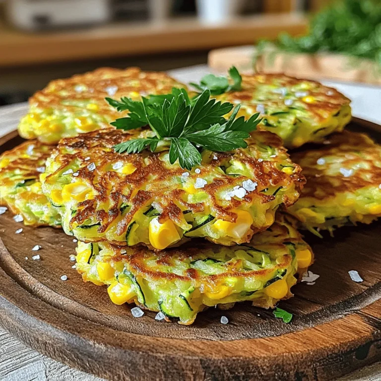 - Grated zucchini: 2 medium zucchinis - Fresh or frozen corn: 1 cup corn kernels - Dry ingredients: 1/2 cup all-purpose flour, 1/2 cup cornmeal - 2 large eggs - 1/4 cup green onions, finely chopped - 1/4 cup fresh parsley, chopped - 1 teaspoon baking powder - 1 teaspoon garlic powder - Salt and pepper to taste - Olive oil for frying The main stars of this dish are the grated zucchini and corn. Zucchini adds moisture and a mild taste. Corn brings sweetness and crunch. You need two medium zucchinis for the right texture. Grate them well and squeeze out the water. This step helps keep your fritters crisp. Next, you can use fresh or frozen corn kernels. Either option works well. This ingredient adds bright color and flavor. For the dry ingredients, mix equal parts all-purpose flour and cornmeal. This blend gives a nice crunch. Don't forget the eggs! They bind the fritters together. The green onions and parsley add freshness. Baking powder helps the fritters rise, giving them a light feel. Garlic powder adds depth. Finally, season with salt and pepper to taste. You can find the complete instructions in the Full Recipe. Enjoy making these tasty fritters! Start by grating the zucchini. You need two medium zucchinis for this recipe. Use a box grater for best results. After grating, take a clean dish towel. Place the grated zucchini in the towel and twist it. This squeezes out the extra moisture. Removing moisture keeps your fritters from getting soggy. Next, grab a large bowl. Now, mix the squeezed zucchini with corn kernels. You can use fresh or frozen corn. Add half a cup of all-purpose flour and half a cup of cornmeal to the bowl. Then, crack two large eggs into the mix. Add finely chopped green onions and parsley, about a quarter cup each. Sprinkle in a teaspoon of baking powder and a teaspoon of garlic powder. Finally, season with salt and pepper. Stir everything until well combined and smooth. Heat a non-stick skillet over medium heat. Add a drizzle of olive oil to coat the bottom. Wait until the skillet is hot. This step is key to getting a nice golden brown color. Now it's time to cook. Drop spoonfuls of the fritter mixture onto the skillet. Flatten them slightly with the back of a spoon. Cook them in batches to avoid crowding the pan. Each fritter needs about 3-4 minutes on each side. Look for a golden brown and crispy finish. After cooking, transfer the fritters to a plate lined with paper towels. This helps drain any excess oil. Now your fritters are ready to enjoy! For a full recipe, check the recipe section above. To make great zucchini and corn fritters, start with the zucchini. Grated zucchini holds a lot of water. If you don’t squeeze out the moisture, your fritters will be soggy. Use a clean dish towel to twist and drain the zucchini well. Next, get the skillet hot enough. A medium heat is best for frying. If the skillet is too cool, the fritters will absorb oil and not crisp up. If it’s too hot, they may burn. A good tip is to add a drop of water. If it sizzles, your skillet is ready. These fritters are tasty on their own, but you can elevate them with dips. Try yogurt or a simple salsa. They also pair well with a spicy mayo for a kick. For garnishing, sprinkle chopped parsley on top. You can also add a squeeze of lemon for a fresh taste. These small touches make your dish look and taste better. For the full recipe, check the previous section. {{image_2}} You can make these zucchini and corn fritters even healthier. One great way is to use gluten-free flours like almond flour or chickpea flour. These flours work well and keep the fritters tasty. Adding spices can also boost flavor. Try adding cumin or smoked paprika. A little heat from chili powder can spice things up too. Mixing in other vegetables is fun! Bell peppers add a sweet crunch. Shredded carrots give a nice color and taste. You can also use cheese for extra flavor. Feta or cheddar cheese melts well and makes the fritters rich. Feel free to get creative and use what you love. You can check the Full Recipe for more ideas. After cooking, let the fritters cool to room temperature. This helps keep them crispy. Once cooled, place them in an airtight container. You can store them in the fridge for up to three days. If you plan to eat them later, freezing is a good option. To freeze, layer the fritters between parchment paper. This keeps them from sticking together. Put the wrapped fritters in a freezer bag. They can stay frozen for up to three months. To reheat your fritters, the best method is to use a skillet. Heat a little olive oil over medium heat. Once hot, add the fritters in a single layer. Cook for about two to three minutes on each side. This method helps keep them crispy. You can also use an oven. Preheat it to 375°F. Place the fritters on a baking sheet lined with parchment paper. Bake for about 10-15 minutes, flipping halfway. This also helps restore their crunchiness. Enjoy your leftovers just as much as the first time! Can I bake zucchini and corn fritters instead of frying? Yes, you can bake these fritters. Preheat your oven to 400°F (200°C). Place the fritters on a greased baking sheet. Bake for about 20 minutes, flipping halfway through. This method gives you a lower-fat option while keeping them tasty. How do I know when the fritters are done cooking? Look for a nice golden-brown color. Each fritter should be crispy on the outside. You can also gently press on them. If they feel firm, they are likely done. If they are soft, give them a minute more. What can I use instead of eggs in this recipe? You can use flaxseed meal as a great egg substitute. Mix one tablespoon of flaxseed meal with three tablespoons of water. Let it sit for about five minutes to thicken. This mix helps bind the fritters well. Can I use different types of corn for these fritters? Absolutely! Fresh corn tastes great, but frozen corn works too. You can also use canned corn. Just make sure to drain it first. Each type will add a slightly different taste while keeping the fritters delicious. For the full recipe, check the section above. Zucchini and corn fritters are easy to make with simple ingredients and steps. You can tweak the recipe to suit your taste and keep leftovers fresh. Remember, the key is to prep the zucchini well and choose the right cooking method. These fritters can be a fun, tasty snack or meal. Experiment with flavors or dips to make them your own. Enjoy your time in the kitchen!