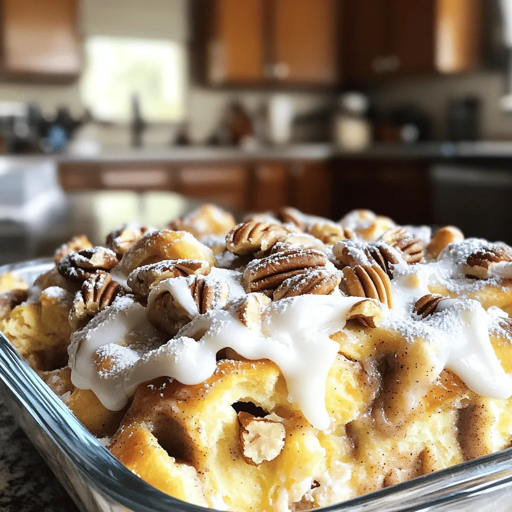 - 2 cans of refrigerated cinnamon rolls (with icing included) - 4 large eggs - 1 cup milk - 1 teaspoon vanilla extract - 1 teaspoon ground cinnamon - 1/2 cup brown sugar - 1/2 cup chopped pecans or walnuts (optional) - Powdered sugar for dusting (optional) When you gather your ingredients, make sure they are fresh. For the cinnamon rolls, I love using the ones with icing included. They add a sweet touch. The eggs give the casserole a nice, fluffy texture. Milk makes it creamy, while vanilla and cinnamon provide warm, lovely flavors. Brown sugar adds depth and sweetness. If you enjoy nuts, sprinkle in some chopped pecans or walnuts for a crunchy bite. Finally, a dusting of powdered sugar brings a nice finish to your dish. - 9x13 inch baking dish - Mixing bowls - Whisk and knife - Measuring cups and spoons Having the right tools makes cooking easier. A 9x13 inch baking dish is perfect for this casserole. You will need mixing bowls to blend your ingredients well. A whisk helps you mix the eggs and milk smoothly. A knife cuts the cinnamon rolls easily. Measuring cups and spoons ensure your ingredients are just right. These tools help you create a delicious breakfast everyone will love. - Preheat the oven to 350°F (175°C). - Grease a 9x13 inch baking dish. - Open the cans of cinnamon rolls. - Cut each cinnamon roll into quarters. - Place the cinnamon roll pieces in the greased baking dish. - In a large bowl, whisk together the eggs, milk, vanilla, cinnamon, and brown sugar. - Pour the egg mixture over the cinnamon rolls. Make sure all pieces are soaked. - If you like, sprinkle the chopped pecans or walnuts on top. - Bake for about 25-30 minutes. The edges should turn golden brown. - Once baked, let it cool slightly. Drizzle the icing over the top. - For a sweet touch, dust with powdered sugar before serving. Follow these steps for a warm and tasty Cinnamon Roll Casserole. For the complete recipe, check out the Full Recipe section. To make sure your cinnamon roll casserole bakes evenly, always preheat your oven. This step gives you a fluffy texture. Greasing the pan well helps too. For a better rise, let the casserole rest for a few minutes before baking. If you have a convection oven, reduce the baking time by about 5 minutes. Convection ovens cook faster. Always check for a golden color around the edges. If using a toaster oven, keep an eye on it. Small ovens can heat unevenly, so adjust as needed. Garnishing your casserole can elevate the dish. A light dusting of powdered sugar adds sweetness. You can drizzle extra icing on top for a rich flavor. Alternatively, serve with fresh fruits, like berries or sliced bananas. They add color and freshness. Whipped cream is another great choice. It balances the sweetness and makes the dish feel special. For added crunch, consider topping with toasted nuts. They pair well with the cinnamon flavor. {{image_2}} You can change up your cinnamon roll casserole by using different flavored rolls. Try pumpkin spice rolls for a fall twist. They add a warm, inviting flavor. Other flavors, like apple or caramel, also work well. Instead of nuts, you can use different toppings. Try chocolate chips for sweetness. You can also add fresh fruit, like berries or bananas. These additions can brighten up the dish. If you need gluten-free options, look for gluten-free cinnamon rolls. Many brands offer tasty choices that fit your needs. You can follow the same recipe steps with these rolls. For those who want dairy-free alternatives, use almond milk or coconut milk. You can swap eggs with flax eggs or applesauce. These changes keep your dish delicious while meeting dietary needs. For the full recipe, check the main article! To keep your cinnamon roll casserole fresh, store it in the fridge. Place it in an airtight container. This helps keep moisture in and flavors intact. You can also cover the dish with plastic wrap or foil. Make sure it cools down before putting it in the fridge. For freezing, wrap the casserole tightly in plastic wrap, then in foil. This keeps it safe from freezer burn. Thaw it in the fridge overnight before reheating. Your cinnamon roll casserole stays good in the fridge for about 3 to 4 days. If you freeze it, the casserole lasts for about 2 to 3 months. Remember to check for signs of spoilage before eating. If it looks or smells off, throw it away. Enjoy your leftovers safely! How do I know when the Cinnamon Roll Casserole is done? Check the casserole after 25 minutes. It should puff up and the edges turn golden brown. A toothpick inserted in the center should come out clean. If it still looks wet, bake for a few more minutes. Can I make this casserole ahead of time? Yes! You can prepare it the night before. Just assemble the casserole and cover it well. In the morning, bake it right from the fridge. This makes breakfast easy and quick! What are some customization ideas for this recipe? You can switch the nuts for chocolate chips or raisins. Try adding fresh fruits like apples or berries. Different flavors of cinnamon rolls, like caramel or pumpkin spice, work well too. The options are endless! What to do if the casserole is too dry? If your casserole is dry, it might need more liquid. Try adding a splash of milk to the egg mixture next time. You can also serve it with syrup or whipped cream for added moisture. How to fix burnt edges? If the edges burn, cover the casserole with foil during baking. This helps keep the middle soft while the edges cook evenly. Next time, check it a few minutes early to avoid burning. This blog post provided a simple, fun way to make a Cinnamon Roll Casserole. We covered the needed ingredients and helpful kitchen tools. You learned step-by-step instructions for preparation, baking, and serving. I shared tips and variations to make it your own and discussed storage options. Enjoy crafting this dish for any occasion. It's a delightful treat with endless possibilities. Dive in and make it your way!