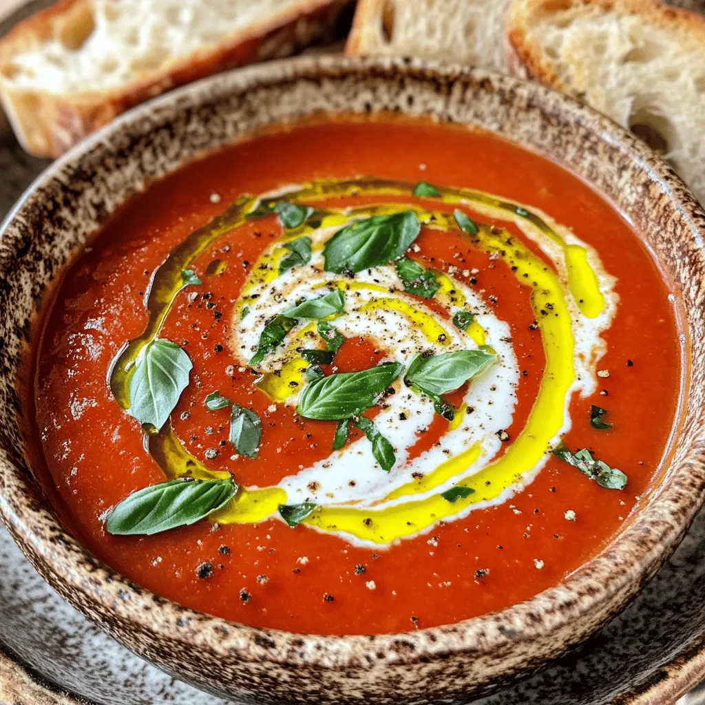 To make a great homemade tomato basil soup, you need some fresh and simple ingredients. Here is the list: - Olive oil - Onion - Garlic - Ripe tomatoes - Vegetable broth - Sugar - Salt and pepper - Fresh basil leaves - Balsamic vinegar - Heavy cream These ingredients come together to create a rich and tasty soup. I love using ripe tomatoes for the best flavor. You can use fresh tomatoes from the farmer's market or canned ones if you’re in a pinch. The onion and garlic add depth to the soup. I always pick a good-quality olive oil, as it helps enhance the taste. If you want a hint of sweetness, the sugar is optional. I often skip it if the tomatoes are sweet enough. Basil is key in this recipe. It brings a fresh and bright note to the soup. The balsamic vinegar adds a layer of flavor that many people overlook. Lastly, the heavy cream makes the soup rich and smooth, but you can swap it for coconut cream for a vegan twist. For the full recipe, check out the section above. This soup is not just easy to make; it's also a comforting dish perfect for any meal. Enjoy crafting this simple yet flavorful soup! 1. Sauté onions and garlic Start by heating olive oil in a large pot over medium heat. Add the diced onion. Cook it until it turns soft and clear, about 5 minutes. Then, mix in the minced garlic. Cook for another minute or two until it smells great. 2. Add tomatoes and broth Next, stir in the chopped tomatoes and vegetable broth. This is where the magic begins! Bring the mix to a simmer. If you use fresh tomatoes, let the soup cook for around 20 minutes. If you use canned ones, simmer for about 10 minutes. 3. Simmering times for fresh vs. canned tomatoes Fresh tomatoes need a little longer to break down and release their flavors. Canned tomatoes are already soft, so they need less time. Keep an eye on your soup and enjoy the smells! 4. Adjust seasoning Now, add sugar, salt, and pepper to taste. Sugar helps balance the flavors. Taste the soup and tweak the seasoning until it makes your taste buds happy. 1. Using an immersion blender vs. traditional blender Once your soup is ready, it’s time to blend. Use an immersion blender right in the pot for ease. If you have a traditional blender, you can pour the soup in batches. Just be careful, as it’s hot! 2. Incorporating cream and balsamic vinegar After blending, stir in balsamic vinegar and heavy cream if you want a creamy touch. Heat the soup gently over low heat. Make sure it doesn’t boil, or the cream might curdle. Taste it again and adjust the seasoning if needed. 1. Presentation tips Serve your soup in bowls. Drizzle a bit of olive oil on top. Add a sprinkle of fresh basil leaves for a pop of color. For a nice touch, swirl some cream on top. 2. Accompaniments for the soup This soup pairs well with crusty bread. You can also serve a side salad for a complete meal. Enjoy your homemade tomato basil soup! To make your tomato basil soup shine, choose your tomatoes wisely. Fresh tomatoes offer a bright, vibrant taste. If fresh tomatoes are not available, canned tomatoes are a great choice. They provide a rich flavor, especially when cooked down. Add optional ingredients like balsamic vinegar for depth. A touch of sugar can balance the acidity too. Blending the soup is key to a smooth texture. An immersion blender works best, as it can blend directly in the pot. If you use a traditional blender, let the soup cool a bit first. This helps avoid splatters. After adding cream, keep the soup on low heat. Boiling can cause the cream to curdle, which is not what we want. One common mistake is overcooking basil. Add it at the end to keep its fresh flavor. Another mistake is not adjusting seasoning. Taste the soup before serving. You might need extra salt or pepper. Small changes can make a big difference in flavor. Use these tips from the [Full Recipe] to create a delicious dish. {{image_2}} To make a vegan version of this soup, you can easily swap out the heavy cream. Use coconut cream instead. It adds a nice creaminess and a hint of sweetness. You can also choose almond milk or cashew cream for a lighter option. For added flavor, consider using nutritional yeast. It gives a cheesy taste without dairy. You can also add a splash of lemon juice for brightness. It will lift the flavors and make the soup taste fresh. You can customize your soup with some fun add-ins. Try adding vegetables like spinach, carrots, or bell peppers. They add color and extra nutrients. You can also mix in cooked lentils or chickpeas for protein. Seasonal ingredients work great too. In summer, fresh corn or zucchini shines in this soup. In fall, roasted squash or sweet potatoes can add a warm flavor. If you want to serve more people, it’s easy to scale up the recipe. Just double or triple the ingredients. Keep the same cooking steps. It works well for gatherings or family dinners. For meal prep, make a big batch and store it in containers. This soup freezes well too. It’s perfect for a quick lunch or dinner later on. Just reheat, and you’re good to go! To store your leftover soup, place it in an airtight container. This helps keep the soup fresh. You can also use glass jars with tight lids. Your soup will stay good in the fridge for about 3 to 5 days. Always let the soup cool down before placing it in the fridge. This helps avoid raising the temperature inside your fridge. If you want to keep your soup longer, freezing is a great choice. Pour the cooled soup into freezer-safe containers. Leave some space at the top since it will expand when frozen. You can freeze the soup for up to 3 months. When you’re ready to eat it, take the soup out and place it in the fridge overnight to thaw. This slow thawing helps keep the flavor. To reheat your soup, you have a few options. The best way is to use a pot on the stove. Heat it over low to medium heat, stirring often. This method keeps the soup smooth and tasty. You can also use a microwave, but be careful. Heat it in short bursts, stirring in between to avoid hot spots. No matter which method you choose, make sure the soup is hot all the way through before serving. Enjoy your warm, flavorful soup! Homemade tomato basil soup lasts about 3 to 5 days in the fridge. Store it in an airtight container. For the best taste, eat it within the first few days. You can also freeze it for up to 3 months. Just make sure to cool it first before freezing. Yes, you can use dried basil instead of fresh. Use one teaspoon of dried basil for every tablespoon of fresh. Dried basil has a stronger flavor, so start small. Adjust to taste as you cook. Fresh basil adds a bright taste, but dried works great in a pinch. You can serve tomato basil soup with a variety of sides. Here are some ideas: - Grilled cheese sandwiches - Crusty bread or baguette - A fresh garden salad - Garlic bread These pair well and make for a comforting meal. Yes, this soup is gluten-free! All the ingredients, like tomatoes and basil, are naturally gluten-free. If you serve it with bread, make sure to choose a gluten-free option. Absolutely! You can make this soup ahead of time. It tastes even better the next day as the flavors meld. Just cool it down and store it in the fridge. Reheat it on the stove over low heat before serving. For a quick meal, this is a great option! For the full recipe, check out the Tomato Basil Bliss section! This blog post covered making a delicious tomato basil soup. We explored the key ingredients and step-by-step instructions. I shared tips on enhancing flavor and cooking techniques. You learned about variations, storage info, and common mistakes to avoid. Remember, you can adjust the recipe to your taste. Making this soup can be fun and rewarding. Enjoy creating your own bowl of comfort!