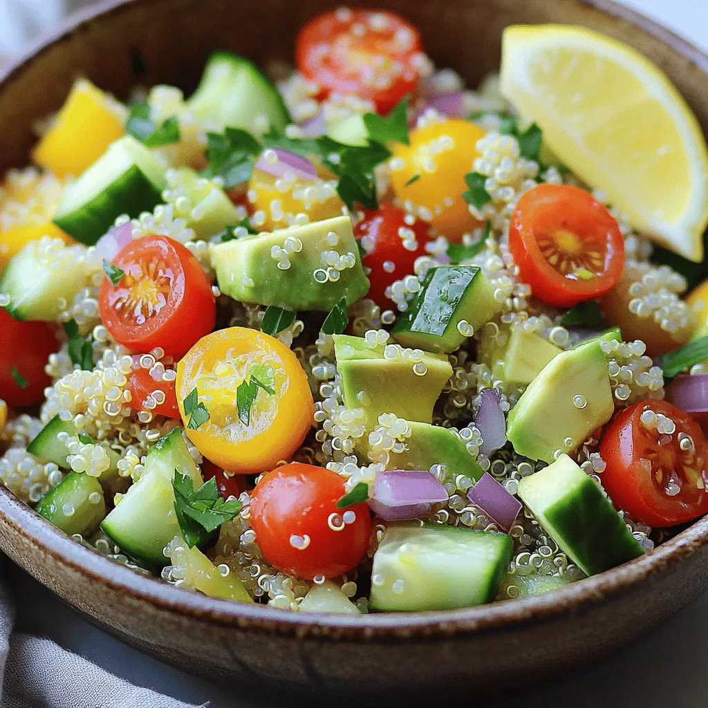To make your savory quinoa salad with avocado, gather these fresh ingredients: - 1 cup quinoa - 2 cups vegetable broth or water - 1 ripe avocado, diced - 1 cup cherry tomatoes, halved - 1/2 cup cucumber, diced - 1/4 red onion, finely chopped - 1 small bell pepper, diced (any color) - 1/4 cup fresh parsley, chopped - 1 tablespoon olive oil - 2 tablespoons lemon juice - 1 teaspoon garlic powder - 1/2 teaspoon cumin - Salt and pepper to taste This salad is not just tasty; it is also healthy. Here’s a quick glance at its benefits: - Calories: About 250 per serving - Protein: 7 grams - Carbohydrates: 35 grams - Fat: 10 grams - Fiber: 6 grams - Vitamins: Rich in vitamins A, C, and K Quinoa is a complete protein, which means it has all nine essential amino acids. The avocado adds healthy fats and fiber. Together, these ingredients provide a great balance. To prepare this salad, you’ll need a few simple tools: - Medium saucepan for cooking quinoa - Fine mesh strainer for rinsing quinoa - Large mixing bowl for combining ingredients - Small bowl for making the dressing - Whisk or fork for mixing the dressing - Knife and cutting board for chopping vegetables These tools make the process easy and fun. You can find all of them in your kitchen. For the full recipe, refer to the earlier section. Enjoy your cooking! First, rinse the quinoa under cold water. Use a fine mesh strainer for this step. Rinsing helps remove any bitter taste. Next, pour two cups of vegetable broth or water into a medium saucepan. Bring it to a boil. Add the rinsed quinoa to the boiling liquid. Lower the heat to a simmer and cover the pot. Cook for about 15 minutes until all the liquid is gone. Once cooked, take the pot off the heat and let the quinoa cool. In a large mixing bowl, add the cooled quinoa. Now, it’s time to add other fresh ingredients. Toss in one diced avocado, one cup of halved cherry tomatoes, and half a diced cucumber. Next, add a quarter of a finely chopped red onion and one diced bell pepper. You can use any color bell pepper you like. Lastly, add a quarter cup of chopped fresh parsley. Gently mix these ingredients together until combined. To make the dressing, grab a small bowl. In this bowl, whisk together one tablespoon of olive oil and two tablespoons of lemon juice. Next, add one teaspoon of garlic powder and half a teaspoon of cumin. Season with salt and pepper to taste. Whisk until the dressing is well combined. Pour the dressing over your quinoa salad mix. Gently toss everything together to ensure even coating. If needed, adjust seasoning with more salt or lemon juice. For the full recipe, check out the detailed instructions above. To cook quinoa well, first rinse it. Rinsing removes bitterness and improves taste. Use one part quinoa to two parts liquid. You can use water or vegetable broth for more flavor. Bring the liquid to a boil, then add the rinsed quinoa. Lower the heat and cover. Let it simmer for about 15 minutes. After that, remove it from heat and let it cool. Fluff it with a fork for the best texture. This savory quinoa salad works great as a main dish or a side. You can serve it warm or cold. For lunch, pack it in a container. It holds up well in the fridge. For dinner, pair it with grilled chicken or fish. You can also add it to a taco bar for a fresh twist. Garnishing adds a fun touch to your salad. Try adding extra parsley on top for color. A lemon wedge or lime can brighten the dish. You might also sprinkle some feta cheese for creaminess. For crunch, consider adding toasted nuts or seeds. These little extras make your salad pop with flavor and style. For the complete recipe, check out the [Full Recipe]. {{image_2}} You can change up the flavor with different dressings. A creamy tahini dressing adds a nutty taste. For a spicy kick, try a chipotle vinaigrette. A simple balsamic glaze also works well. These dressings can bring new life to your quinoa salad. Feel free to mix in more veggies. Try adding shredded carrots for crunch. Roasted corn adds sweetness and texture. You might also like to include spinach or kale for extra nutrients. Don't forget to experiment with herbs like cilantro or basil for added flavor. For a filling meal, add protein to your salad. Grilled chicken or shrimp pairs well with the flavors. You can also use chickpeas or black beans for a plant-based option. Tofu is another great choice that soaks up the dressing beautifully. These additions make the salad even more satisfying. For a full recipe, check out the Savory Quinoa Salad with Avocado. After you make the savory quinoa salad, store any leftovers in an airtight container. Keep it in the fridge for up to three days. This salad tastes great cold and is perfect for quick meals. You can freeze this salad if you want to keep it longer. However, the avocado may not stay nice. To freeze, put the salad in a freezer-safe container. It will last for about a month. When you’re ready to eat it, let it thaw in the fridge overnight. If you want to reheat the salad, warm it in a pan over low heat. Add a splash of water or broth to help it heat evenly. Stir gently until warm. Avoid using the microwave, as it can make the avocado mushy. For best taste, enjoy it cold or at room temperature. Try this full recipe for the best results! To make this salad vegan, simply use vegetable broth. All the other ingredients are already plant-based. The creamy avocado adds richness without any dairy. You can enjoy this salad guilt-free! Yes, you can use brown rice. Just remember that brown rice takes longer to cook. It usually needs about 45 minutes of cooking time. Make sure to adjust the water or broth according to the rice package instructions. If you don't have avocado, try using mashed chickpeas. They add creaminess and nutrition. You can also use diced mango for a sweet twist. Another option is to add a dollop of hummus for a tasty kick. This blog post covered how to make a delicious quinoa salad. We explored the key ingredients, their nutrition, and the tools you need. I shared step-by-step instructions for preparing quinoa and mixing ingredients. We also discussed tips for perfect cooking and serving ideas. Variations let you try new dressings and add protein. Lastly, I provided storage and reheating tips. Remember, this salad is flexible and fun. Experiment with flavors to make it your own! Enjoy your journey to a tasty and healthy meal!