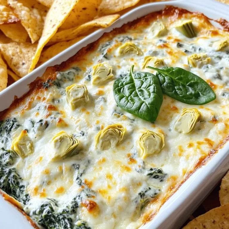 To make a tasty Creamy Spinach and Artichoke Dip, you need simple ingredients. Here’s the list of what you’ll need: - Creamy ingredients: - 1 cup cream cheese, softened - 1/2 cup sour cream - 1/2 cup mayonnaise - Flavor boosters: - 2 cloves garlic, minced - 1 teaspoon onion powder - 1/2 teaspoon red pepper flakes (optional) - Main components: - 1 cup frozen spinach, thawed and drained - 1 cup canned artichoke hearts, drained and chopped - 1 cup shredded mozzarella cheese - 1/2 cup grated Parmesan cheese - Seasoning essentials: - Salt and pepper to taste This list ensures your dip is creamy and full of flavor. Each part plays a key role in making the dip delicious. You can find the full recipe in the recipe section. Remember, using fresh ingredients can enhance the taste. Enjoy the process of gathering these items, as they set the stage for a great snack! 1. Preheat your oven to 350°F (175°C). This step is key for even cooking. 2. Grease your baking dish. Use a light layer of oil or butter to prevent sticking. 3. In a large mixing bowl, combine the creamy ingredients. Mix 1 cup of softened cream cheese, 1/2 cup of sour cream, and 1/2 cup of mayonnaise until smooth. 4. Incorporate the spinach and artichokes into the mixture. Add 1 cup of drained and chopped artichoke hearts and 1 cup of thawed and drained frozen spinach. Stir well to combine. 1. Transfer the mixture to the greased baking dish. Spread it evenly to ensure even cooking. 2. Bake in the preheated oven for 25-30 minutes. Look for a bubbly dip with a golden top. This means it’s ready! 1. Let the dip cool for about 5 minutes. This helps avoid burns and allows the flavors to meld. 2. Serve warm with your favorite dippers. I love tortilla chips, toasted baguette slices, or fresh vegetable sticks. For a fun touch, sprinkle extra Parmesan and add some spinach leaves on top. You will find the full recipe helpful as you prepare this delightful snack! Draining the ingredients is key. If you skip this step, your dip can turn out watery. You want that thick and creamy texture. I always press the spinach and artichokes in a clean cloth or paper towel. This helps remove extra moisture. For the right creaminess, blend your cream cheese, sour cream, and mayonnaise well. Mix until smooth. The more you mix, the creamier it gets. Aim for a silky texture that is easy to dip into. What should you serve with this dip? Tortilla chips are a classic choice. They add a nice crunch. You can also use toasted baguette slices. They soak up the dip’s flavors. Fresh vegetable sticks work great too. Carrots and celery add a nice crunch. For presentation, consider garnishing your dip. A sprinkle of Parmesan cheese looks nice. You can also add fresh spinach leaves on top. This adds color and makes it look appetizing. You will need mixing bowls and a baking dish. A large bowl works well for mixing ingredients. A glass or ceramic baking dish is perfect for the oven. Also, use a quality oven thermometer. This helps ensure your oven is at the right temperature. An accurate oven means your dip bakes evenly. Always check the temperature before you bake. For the full recipe, check out the details above. Enjoy making your dip! {{image_2}} You can switch up the cream cheese and sour cream for a lighter dip. Try using Greek yogurt instead. It adds creaminess while cutting down on fat. For a nutty flavor, you could also use cashew cream. If you want to experiment with cheese, mozzarella works great. However, you can also use cheddar or gouda. Each cheese brings a unique taste. Mixing cheeses can create a creamy dip with interesting flavors. Want to jazz up your dip? Herbs can add a fresh taste. Try adding basil or oregano for extra flavor. Fresh herbs work best, but dried ones are fine too. You can also sneak in more veggies. Chopped bell peppers add crunch and color. Sautéed mushrooms lend a nice earthiness. Both options make your dip tastier and healthier. If you're looking to make a gluten-free version, you're in luck! This dip is naturally gluten-free. Just check the labels on your ingredients to be sure. For a vegan option, replace cream cheese and sour cream with nut-based products. Use vegan mayonnaise as well. This makes a rich and creamy dip without animal products. If you want a lighter version, reduce the amount of cheese or use low-fat options. You can also add more spinach to bulk it up without extra calories. These variations make Creamy Spinach and Artichoke Dip a flexible and fun snack. You can customize it to fit your taste and dietary needs. Check out the Full Recipe for more details. To keep your creamy spinach and artichoke dip fresh, store it properly in the fridge. Here are the best practices: - Use an airtight container: This helps prevent the dip from drying out. - Cool first: Let the dip cool to room temperature before sealing it. - Refrigerate promptly: Aim to store leftovers within two hours of baking. If you want to save it for later, freezing is also an option: - Freeze in portions: Use small containers or freezer bags for easy thawing. - Label and date: Write the date on the container for reference. - Use within three months: For the best taste, consume it sooner. When you're ready to enjoy leftovers, reheating is key to keeping the dip tasty. Here are my recommended methods: - Oven method: Preheat your oven to 350°F (175°C). Place the dip in an oven-safe dish and heat for 15-20 minutes until warm and bubbly. - Microwave method: Heat in short bursts, about 30 seconds at a time. Stir in between to ensure even warming. Be cautious when reheating: - Watch for hot spots: Stir well to avoid burning. - Don’t overheat: This can change the dip's texture and taste. Enjoy your creamy spinach and artichoke dip fresh and warm! For the full recipe, check the earlier section. To make your dip even creamier, you can try a few simple tips. First, use full-fat cream cheese. It blends better and gives a rich texture. You can also add more sour cream or mayonnaise. Both help to enhance the creaminess. Another trick is to blend the dip until smooth. This breaks down lumps and creates a velvety finish. Lastly, consider adding a splash of heavy cream. This will make your dip extra luscious. Yes, you can make this dip ahead of time! Prepare it as usual, but don’t bake it yet. Cover the dish with plastic wrap and store it in the fridge for up to two days. When you're ready to serve, just preheat your oven and bake it as directed. This way, you save time on the day of your event. There are many tasty options to serve with your dip. Here are some popular choices: - Tortilla chips - Toasted baguette slices - Fresh vegetable sticks (like carrots and celery) - Pita chips - Crackers Each option adds a different crunch and flavor, making your snack time more fun! You've learned how to make a delicious Creamy Spinach and Artichoke Dip. We covered the right ingredients, from creamy bases to flavor boosters. I shared simple steps for preparation and baking. Tips on perfecting the dip help ensure success every time. Remember, this dip is versatile. You can try different ingredients or dietary adjustments. With proper storage and reheating, you can enjoy leftovers too. Follow these tips, and your dip will impress everyone. Enjoy making this tasty treat at your next gathering.