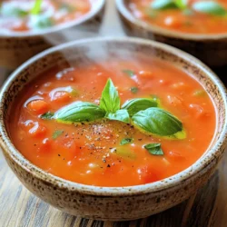 - 2 tablespoons olive oil - 1 medium onion, chopped - 3 cloves garlic, minced - 2 cans (14 ounces each) diced tomatoes (with juice) - 2 cups vegetable broth These ingredients form the backbone of the soup. Olive oil adds richness. Chopped onion and minced garlic create a fragrant base. Diced tomatoes bring sweetness and body, while vegetable broth adds depth. - 1 teaspoon sugar - Salt and pepper to taste - 1 cup fresh basil leaves, packed - 1 teaspoon balsamic vinegar - ½ cup heavy cream (optional for creaminess) You can elevate the flavor with sugar, salt, and pepper. Fresh basil adds a vibrant taste. Balsamic vinegar gives a hint of tanginess. If you like creaminess, add heavy cream for a smooth texture. The Full Recipe includes all these ingredients for a rich experience. 1. Start by heating 2 tablespoons of olive oil in a large pot over medium heat. 2. Add 1 medium onion, chopped, and sauté it until it turns soft and clear. This takes about 5 minutes. 3. Next, stir in 3 cloves of minced garlic. Cook for 1 minute. This step fills the pot with a lovely aroma. 4. Now, add 2 cans of diced tomatoes, including their juice, and 2 cups of vegetable broth. 5. Stir in 1 teaspoon of sugar and season with salt and pepper to taste. This helps balance the flavors. 1. Bring the mixture to a gentle boil. This is where the magic begins! 2. Once boiling, lower the heat. Let it simmer for about 20 minutes. Stir occasionally to prevent sticking. 3. After simmering, add 1 cup of fresh basil leaves and 1 teaspoon of balsamic vinegar. This adds a fresh kick. 4. Use an immersion blender to blend the soup until smooth. If you lack one, carefully transfer it to a regular blender in batches. 1. For extra creaminess, stir in ½ cup of heavy cream and heat it through. You can skip this if you want a lighter soup. 2. To serve, ladle the soup into bowls. Garnish with a sprig of fresh basil or a drizzle of olive oil on top. 3. For added texture, sprinkle some croutons. Enjoy your rich and flavorful Savory Tomato Basil Soup! When you make savory tomato basil soup, it’s all about the taste. Here are some tips to get it just right: - Adjusting flavor profiles: If your soup tastes too acidic, add a pinch of sugar. This helps balance the flavors. If you want more depth, try adding a splash of balsamic vinegar. It enhances the sweetness of the tomatoes. - Importance of fresh ingredients: Fresh basil is key to this dish. Use it right before serving for the best flavor. Fresh garlic and onions also elevate the taste. They add depth that dried spices can’t match. Choosing the right tools matters when making soup. - Immersion blender versus regular blender: An immersion blender is great for soup. It’s easy and quick. You can blend right in the pot. A regular blender works too, but you must be careful. Let the soup cool slightly before blending, and do it in batches. - Best practices for sautéing: Sauté your onions until they are soft and clear. This step builds flavor. Add garlic right after the onions. Garlic cooks fast, so don’t let it brown. Stir often to keep it from burning. These tips and techniques will help you create a rich and flavorful soup every time. For the full recipe, check out the details provided. {{image_2}} You can make your Savory Tomato Basil Soup even more exciting with ingredient swaps. Here are a few ideas: - Adding spices for a kick: Try adding a pinch of red pepper flakes. This adds heat without overpowering the flavor. You can also mix in some smoked paprika for a warm, smoky taste. If you like it spicy, add diced jalapeños for freshness and heat. - Using different types of broth: While vegetable broth works well, chicken broth can add depth. If you want a richer taste, use homemade broth or stock. For a lighter option, consider using water with a splash of soy sauce. How you serve your soup can change the whole meal. Here are some fun ideas: - Pairing with bread or sandwiches: A thick slice of crusty bread is perfect for dipping. Grilled cheese sandwiches are classic companions, too. Try a pesto or fresh mozzarella sandwich for a gourmet twist. - Garnishing options: Fresh basil leaves are a must for garnish. You can also drizzle olive oil on top. A sprinkle of grated Parmesan cheese adds a savory touch. Croutons can give your soup a nice crunch. Feel free to explore with these variations to make the soup your own. For the complete recipe, check the Full Recipe link! To keep your savory tomato basil soup fresh, store it right. First, let the soup cool down to room temperature. Then, pour it into an airtight container. Make sure to seal it tightly. - Refrigeration tips: Place the container in the fridge. Your soup will stay good for about 3 to 4 days. If you want to enjoy it later, freezing is a great option. - Freezing for long-term storage: For longer storage, use freezer-safe containers or bags. Leave some space at the top, as the soup will expand when frozen. It can last for up to 3 months in the freezer. When you are ready to enjoy your soup again, reheating is key. Here are some methods you can use. - Best methods to reheat soup: The best way is to heat it on the stove. Pour the soup into a pot and warm it over low heat. Stir often to avoid sticking. You can also use the microwave. Just place the soup in a microwave-safe bowl, cover it, and heat in short bursts. Stir in between to ensure even heating. - Maintaining flavor and texture: To keep the flavor and texture, avoid boiling the soup. Heat it gently. If it seems too thick, add a splash of vegetable broth or water to reach your desired consistency. How to make the soup vegan? To make the soup vegan, skip the heavy cream. You can use coconut cream or soy milk for a creamy texture. The rest of the ingredients are already plant-based. This keeps the rich flavor while being kind to your diet. Can I use fresh tomatoes instead of canned? Yes, you can use fresh tomatoes! Use about 2 pounds of ripe tomatoes. First, blanch them in hot water for easy peeling. Then, chop them and add them to the pot. Fresh tomatoes give a nice, bright flavor to your soup. How long does tomato basil soup last in the fridge? Tomato basil soup stays fresh for about 4 to 5 days in the fridge. Keep it in an airtight container to maintain its flavor. Always reheat it until it is hot all the way through. Can I freeze leftover soup? Absolutely! You can freeze leftover soup for up to 3 months. Let the soup cool completely before pouring it into freezer-safe containers. Leave some space at the top for expansion. When you're ready to enjoy it, thaw it overnight in the fridge and reheat. In this article, we explored how to make a delicious tomato basil soup. We started with key ingredients like olive oil, onion, and garlic. Then, we covered the steps for preparation, cooking, and adding final touches. Tips for perfecting flavor and using fresh ingredients were also shared. Finally, we looked at variations, storage, and answered common questions. This soup is easy to make and enjoyable. Experimenting with flavors can make it your own!