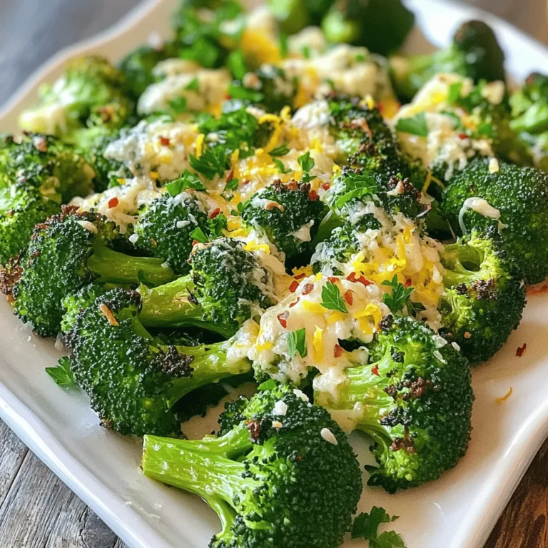 - Broccoli florets - Olive oil - Garlic - Parmesan cheese - Garlic powder - Red pepper flakes - Salt and pepper - Lemon zest - Fresh parsley Garlic Parmesan Roasted Broccoli is simple and tasty. You need fresh broccoli florets for this dish. Choose vibrant green ones for the best flavor. Olive oil adds richness. It helps the broccoli roast nicely. Garlic gives a punch of flavor. Use fresh garlic for the best taste. Parmesan cheese brings a salty, nutty element. It melts beautifully on the hot broccoli. Garlic powder adds an extra layer of garlic taste. Red pepper flakes add a hint of heat. They are optional but worth trying for a spice kick. Don’t forget salt and pepper; they enhance all the flavors. Lemon zest brightens the dish. It adds freshness that balances the richness. Finally, fresh parsley is a lovely garnish. It adds color and a hint of earthiness. For the full recipe, you can see the step-by-step guide to make this dish. First, preheat your oven to 425°F (220°C). This step is essential for even cooking. While the oven heats up, prepare your broccoli by cutting it into florets. Aim for bite-sized pieces. This helps them roast evenly and cook faster. In a large mixing bowl, combine the broccoli florets with 4 tablespoons of olive oil. Add 4 minced garlic cloves, 1 teaspoon of garlic powder, and ½ teaspoon of red pepper flakes if you like heat. Don’t forget salt and pepper to taste! Toss everything together until the broccoli is evenly coated. This ensures every bite is packed with flavor. Spread the broccoli mixture on a baking sheet. Make sure they are in a single layer. This allows them to roast properly. Place the baking sheet in the preheated oven. Roast for 15-20 minutes until the broccoli is tender and slightly crispy. After the timer goes off, remove the broccoli. Sprinkle ½ cup of grated Parmesan cheese over the top. Return it to the oven for another 5 minutes. This step makes the cheese melt and bubble, creating a delicious, cheesy topping. Once done, take the broccoli out and sprinkle with lemon zest and chopped parsley. This adds freshness and a pop of color. You can find the full recipe detailed earlier. Enjoy this simple and tasty dish! To achieve the perfect roast, start with fresh broccoli. Cut it into even florets for uniform cooking. Preheat your oven to 425°F (220°C) to ensure a good sear. Spread the florets out in a single layer on your baking sheet. This helps them brown nicely. Avoid crowding the pan, as this can cause steaming instead of roasting. For a crispy texture, coat your broccoli well in olive oil. Use enough oil to cover all the florets, but don’t drown them. Toss them with garlic and spices to enhance flavor. Roasting them for 15-20 minutes gives a tender crunch. If you want extra crispiness, broil for the last few minutes. You can try adding more seasonings for a twist. A dash of balsamic vinegar gives a nice tang. Consider adding smoked paprika for a smoky flavor. You can also mix in a pinch of Italian herbs for added depth. Pair your Garlic Parmesan Roasted Broccoli with grilled chicken or fish for a complete meal. It also goes well with pasta dishes. This dish is not just tasty; it adds a colorful touch to your plate. For a special finish, sprinkle some toasted nuts over the top. This adds crunch and a nutty flavor. If you want more ideas, check out the Full Recipe for more tips on enhancing your dish! {{image_2}} You can easily swap out ingredients to suit your taste. If you want an alternative to Parmesan cheese, try nutritional yeast. It gives a cheesy flavor and is great for vegan dishes. You can also use pecorino cheese for a sharper taste. When it comes to oil, olive oil is a classic choice. However, you can use avocado oil or melted coconut oil instead. Both options add a unique flavor. To spice things up, consider adding smoked paprika or cumin. These spices bring a warm taste that pairs well with broccoli. For a vegan version of Garlic Parmesan Roasted Broccoli, replace the Parmesan cheese with nutritional yeast. This keeps the dish creamy and cheesy without dairy. You can also use vegan butter instead of olive oil for added richness. If you need a gluten-free option, you’re in luck! This recipe is already gluten-free. Just make sure any additional spices or toppings you use are also gluten-free. This way, everyone can enjoy this tasty dish without worry. For the full recipe, check out the recipe section. Enjoy making this versatile dish! After you enjoy your Garlic Parmesan Roasted Broccoli, store the leftovers right away. Place the broccoli in an airtight container. This helps keep it fresh and prevent odors from mixing with other foods. Refrigerate it within two hours of cooking. The broccoli will stay good for about 3 to 4 days in the fridge. If you want to keep it longer, freezing is a great option. To freeze, first let the broccoli cool completely. Spread it on a baking sheet in a single layer. Freeze it for about an hour until it is firm. Then, transfer the florets to a freezer-safe bag or container. You can keep frozen broccoli for up to three months. When you’re ready to eat it, just thaw it in the fridge overnight before reheating. To reheat the broccoli, I recommend using the oven for the best taste. Preheat your oven to 350°F (175°C). Place the broccoli on a baking sheet and cover it with foil to keep it moist. Heat for about 10 to 15 minutes. This will warm the broccoli without overcooking it. If you use a microwave, be careful. It can make the broccoli soggy. If you must use the microwave, heat it in short bursts of 30 seconds. Check the texture between each burst. Enjoy the warmth and crunch of your roasted broccoli again! How long can I store roasted broccoli? You can store roasted broccoli in the fridge for about 3 to 5 days. Keep it in an airtight container. This helps keep it fresh and tasty. Can I use frozen broccoli for this recipe? Yes, you can use frozen broccoli. Just thaw it first and pat it dry. This helps it roast better and keeps it from getting soggy. What goes well with Garlic Parmesan Roasted Broccoli? This dish pairs well with chicken, fish, or pasta. It also works great with grains like quinoa or rice. The rich flavors match nicely with many main dishes. How to make Garlic Parmesan Roasted Broccoli spicier? To add some heat, mix in more red pepper flakes. You can also add a pinch of cayenne pepper for an extra kick. Adjust it to your taste, and enjoy the spice. Is this recipe suitable for meal prep? Yes, this recipe is perfect for meal prep. You can roast the broccoli ahead of time and store it. Just reheat it in the oven or microwave when you’re ready to eat. Caloric content and serving size explanations One serving of Garlic Parmesan Roasted Broccoli has about 150 calories. This can vary based on how much oil or cheese you use. Each serving is a healthy side dish. Health benefits of the ingredients used Broccoli is high in vitamins C and K. It also has plenty of fiber, which is good for your digestion. Olive oil provides healthy fats, while garlic may boost your immune system. Parmesan cheese adds flavor and protein, making this dish nutritious and delicious. In this article, we covered how to make Garlic Parmesan Roasted Broccoli. You learned about the key ingredients, from fresh broccoli to zesty lemon. We shared step-by-step cooking instructions and tips for perfect roasting. You also got ideas for variations and storage methods. Roasted broccoli is easy and tasty. It’s a perfect side dish or snack. Enjoy making this healthy recipe and feel good about what you eat. Happy cooking!