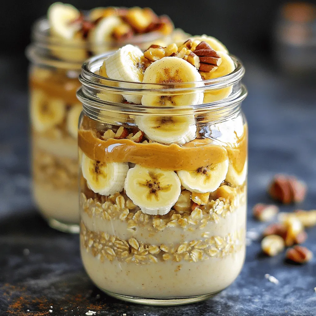 To make Peanut Butter Banana Overnight Oats, gather these simple ingredients: - 1 cup rolled oats - 1 ½ cups almond milk (or any milk of choice) - 2 ripe bananas (1 mashed and 1 sliced) - 3 tablespoons peanut butter - 1 tablespoon honey or maple syrup (optional) - 1 teaspoon chia seeds (optional) - ½ teaspoon cinnamon - Pinch of salt - Toppings: additional banana slices, chopped nuts, drizzle of honey or maple syrup If you can't find rolled oats, you can use quick oats. They will work, but the texture changes slightly. For almond milk, any milk works, such as cow's milk, soy milk, or oat milk. If you want to skip the honey, try agave syrup or leave it out. You can also use almond butter instead of peanut butter for a nut-free twist. - Rolled oats: Great for fiber and keeps you full. - Almond milk: Low in calories and good for hydration. - Bananas: Packed with potassium and natural sweetness. - Peanut butter: Provides healthy fats and protein. - Chia seeds: A source of omega-3s and fiber. - Cinnamon: Adds flavor and may help regulate blood sugar. - Honey or maple syrup: Natural sweeteners that add flavor. These ingredients make your overnight oats nutritious and tasty. Enjoy experimenting with them! For the full recipe, check out the Creamy Peanut Butter Banana Delight. Making peanut butter banana overnight oats is easy and fun. This recipe takes only ten minutes to prepare. You can enjoy it for breakfast or a snack. The oats need time to soak, so do this the night before. Let’s get started! First, gather your ingredients. You will need: - 1 cup rolled oats - 1 ½ cups almond milk (or any milk of choice) - 2 ripe bananas (1 mashed, 1 sliced) - 3 tablespoons peanut butter - 1 tablespoon honey or maple syrup (optional) - 1 teaspoon chia seeds (optional) - ½ teaspoon cinnamon - Pinch of salt In a medium bowl, mix the rolled oats and almond milk. If you choose to use chia seeds, add them now. Stir until everything combines well. Next, add the mashed banana, peanut butter, honey or maple syrup, cinnamon, and a pinch of salt. Mix until it looks creamy and smooth. Now, it’s time to divide the mixture. Split it evenly into two jars or bowls. Cover them tightly. Place the jars in the fridge overnight. If you are short on time, let them sit for at least 4 to 6 hours. This soaking time helps the oats absorb the yummy flavors. When you are ready to eat, stir the oats well. Top with sliced banana, chopped nuts, or a drizzle of honey or maple syrup. This recipe is a great way to start your day! For the full recipe, check out the details above. To make the best peanut butter banana overnight oats, focus on your ratios. You want the oats to soak up enough liquid without being too runny. For perfect texture, use 1 cup of rolled oats with 1 ½ cups of almond milk. This ratio provides a creamy feel. Adding a pinch of salt enhances the flavors. I love serving these oats in clear mason jars. It shows off the layers and makes breakfast fun. Top with sliced bananas and a sprinkle of nuts for crunch. You can also drizzle honey or maple syrup on top for extra sweetness. This adds a nice touch to your meal. Feel free to play with flavors! Try adding cocoa powder for a chocolate twist. You can also mix in vanilla or nutmeg for a warm, cozy flavor. If you like crunch, add seeds or granola. You can change the fruit too! Berries or apples are great alternatives. Get creative and make it your own! For the full recipe, check out the link above. {{image_2}} If you want a nut-free version of these oats, swap the peanut butter. Use sunflower seed butter. It gives you a similar creaminess and taste. You can also try tahini, which is made from sesame seeds. This keeps the dish tasty while being safe for those with nut allergies. To make this recipe dairy-free, use plant-based milk. Almond milk works great, but oat or coconut milk is also good. For a vegan option, skip the honey. Use maple syrup instead for a sweet touch. This change keeps your oats fully vegan and just as delicious. Feel free to add more flavors to your oats. Stir in cocoa powder for a chocolatey twist. Try adding vanilla extract for a warm, sweet note. You can also mix in berries or sliced apples for a fruity kick. Experiment with spices like nutmeg or ginger for extra warmth. Each option makes your oats unique and fun! For the full recipe, check out the detailed steps for making creamy peanut butter banana delight. Store your peanut butter banana overnight oats in airtight jars or containers. This keeps them fresh. Always let the oats cool down if they were warm. I prefer using glass jars because they are easy to clean and look nice when serving. Label your jars with the date to know when you made them. These oats last about 3 to 5 days in the fridge. The flavors get better as they sit. If you notice any change in smell or texture, it’s best to toss them out. Always stir before eating, as some ingredients may settle at the bottom. Enjoy them cold straight from the fridge or warm them a bit for a cozy feel. To reheat, transfer the oats to a microwave-safe bowl. Heat for about 30 to 60 seconds. Stir well to avoid hot spots. If the oats seem too thick, add a splash of almond milk or water. This will bring back their creamy texture. When ready, top with fresh banana slices or nuts for extra crunch. Yes, you can use quick oats. Quick oats cook faster and absorb liquid more quickly. This makes them softer than rolled oats. If you prefer a creamier texture, quick oats work well. Just remember, the oats will be mushier. Overnight oats can last up to five days in the fridge. Store them in airtight jars to keep them fresh. I recommend eating them within three days for the best taste. If you notice any change in smell or texture, toss them out. Yes, you can make these oats gluten-free. Just choose gluten-free rolled oats. They are made from oats that did not touch gluten-containing grains. This way, you can enjoy your oats without worry. - Additional Common Questions You may wonder about adding other fruits or toppings. Feel free to mix in berries, nuts, or seeds. This will boost flavor and nutrition. You can also adjust sweetness with honey or maple syrup to your taste. This blog covered everything you need for delicious overnight oats. We went through the ingredients, step-by-step instructions, and helpful tips. I shared ways to customize flavors, adapt for allergies, and store your oats well. Now, you can enjoy a healthy breakfast that fits your taste. Remember, you have many options to make it your own. Happy eating!