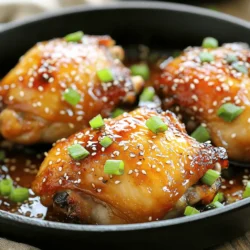 For this tasty honey garlic chicken thighs recipe, you need a few simple items. Here’s what you’ll use: - 4 bone-in, skin-on chicken thighs - 1/4 cup honey - 1/4 cup soy sauce - 4 cloves garlic, minced - 1 tablespoon fresh ginger, minced - 1 tablespoon apple cider vinegar - 2 tablespoons sesame oil - Salt and pepper to taste - 1 tablespoon sesame seeds (for garnish) - 2 green onions, sliced (for garnish) Each ingredient plays a key role in building flavor. The honey gives sweetness, while soy sauce adds a savory touch. Garlic and ginger bring warmth and zest to the dish. If you don’t have something on hand, here are some easy swaps: - Chicken thighs: You can use chicken breasts, but they may dry out. - Honey: Maple syrup works well for a different flavor. - Soy sauce: Tamari is a gluten-free option that tastes great. - Apple cider vinegar: You can use rice vinegar for a milder taste. - Sesame oil: Olive oil is a good substitute, but the taste will change a bit. These swaps can help you make the dish even if you lack some key ingredients. The marinade is what brings everything together. Here’s what I recommend: 1. Mix the marinade: Combine honey, soy sauce, minced garlic, ginger, apple cider vinegar, and sesame oil in a bowl. 2. Season the chicken: Sprinkle salt and pepper on the chicken thighs before adding them to the marinade. This step boosts the flavor. 3. Marinate time: Let the chicken soak in the marinade for at least 30 minutes. If you can, marinate it for up to 2 hours in the fridge. This helps the flavors soak in. These steps ensure that each bite of chicken is packed with flavor. For the full recipe, you can refer back to the main list. Start by making the marinade. In a large bowl, mix together honey, soy sauce, minced garlic, ginger, apple cider vinegar, and sesame oil. This mix gives the chicken its sweet and savory flavor. Season the chicken thighs with salt and pepper. Place them into the bowl, making sure each piece is coated well. Cover the bowl and let it sit for at least 30 minutes. For more flavor, let it marinate in the fridge for up to 2 hours. Heat a large ovenproof skillet over medium-high heat. While it warms, take the marinated chicken from the bowl. Reserve the marinade for later use. Place the chicken thighs skin-side down in the hot skillet. Sear them for about 5 minutes until the skin is golden brown. Flip the chicken and sear the other side for another 5 minutes. After searing, pour the reserved marinade over the chicken. This adds depth to the dish. Next, preheat your oven to 400°F (200°C). Once the chicken is seared, transfer the skillet to the oven. Bake for 25 to 30 minutes until the internal temperature reaches 165°F (74°C). Basting the chicken with the sauce halfway through cooking keeps it moist and flavorful. After baking, take the skillet out of the oven. Let the chicken rest for a few minutes. While it rests, prepare to garnish. Sprinkle sesame seeds and sliced green onions on top. This adds a nice crunch and fresh flavor. Serve the chicken hot, and enjoy its rich, sweet, and garlicky taste. You can check out the Full Recipe for all the details on this dish. To get that perfect sear, start with a hot skillet. Heat your skillet on medium-high heat. Add a little oil before placing in the chicken thighs. Make sure the skin is dry; this helps it crisp up nicely. Place the chicken skin-side down and do not move it for about five minutes. This allows the skin to get golden brown and crispy. Flip the chicken and sear the other side for another five minutes. This step locks in flavor and keeps the chicken moist. Marinating the chicken is key to great flavor. Use a mix of honey, soy sauce, garlic, and ginger. Let the chicken soak for at least 30 minutes. If you have time, marinate it for up to two hours. This longer marinating time allows the flavors to deepen. Be sure to coat every part of the chicken evenly. Save some marinade to pour over the chicken before baking. This adds an extra layer of flavor. One common mistake is not letting the chicken rest after cooking. Letting it rest helps the juices settle. Another mistake is flipping the chicken too soon while searing. Avoid this to ensure a good crust forms. Also, be careful not to overcrowd the skillet. If you add too many pieces, they will steam instead of sear. Follow these tips, and you will have great honey garlic chicken thighs every time. For more details, check the Full Recipe. {{image_2}} You can add veggies to the honey garlic chicken. This makes the dish colorful and healthy. Choose veggies like bell peppers, broccoli, or carrots. Cut them into bite-sized pieces. Toss them in the marinade with the chicken. This will make them sweet and savory. Bake them together for a one-pan meal. The chicken juices will flavor the veggies as they cook. If you like heat, try adding chili flakes or sriracha. This will spice up your honey garlic chicken. Mix these spicy ingredients into your marinade. Start with a small amount, then taste and adjust. You can also add fresh sliced jalapeños before cooking. This version is great for those who enjoy a kick in their meals. A slow cooker makes this dish easy and hands-free. Just add the marinated chicken and some sauce into the slow cooker. Set it on low for 6 to 7 hours or high for 3 to 4 hours. The chicken will become very tender and full of flavor. Serve it over rice or noodles for a complete meal. Check out the Full Recipe for more details! To keep your honey garlic chicken thighs fresh, let them cool first. Place them in an airtight container. Store them in the fridge for up to four days. If you want to keep them longer, freezing is a great option. Always label your container with the date. To reheat, take the chicken out of the fridge. Preheat your oven to 350°F (175°C). Place the chicken in a baking dish. Add a splash of water or chicken broth to keep it moist. Cover it with foil. Heat for about 20 minutes or until it’s hot. You can also use a microwave if you’re in a hurry. Just heat in short bursts until warm. If you want to freeze honey garlic chicken thighs, wrap them tightly in plastic wrap. Then, place them in a freezer bag. They can last up to three months in the freezer. When you're ready to enjoy them, thaw in the fridge overnight before reheating. This method helps keep the flavors intact. For best results, use the Full Recipe to ensure a great meal each time. You should marinate chicken thighs for at least 30 minutes. For the best flavor, aim for 2 hours. This allows the meat to soak up all the tasty garlic and honey flavors. If you're short on time, even a quick 30-minute soak will help. Yes, you can use boneless chicken thighs. They will cook faster than bone-in thighs. Just reduce the baking time to about 20-25 minutes. Check the chicken’s internal temperature to ensure it reaches 165°F (74°C). Several sides go great with Honey Garlic Chicken Thighs. Here are some ideas: - Steamed rice - Roasted vegetables - Garlic mashed potatoes - Stir-fried greens - A fresh salad These sides balance the sweet and savory flavors of the chicken. Enjoy your meal with a variety of textures and tastes. For the full recipe, check out the Honey Garlic Chicken Thighs 🧄 section. In this post, we covered key ingredients for honey garlic chicken, along with substitutions. You learned about marinating, cooking methods, and how to serve your dish beautifully. I shared tips for the perfect sear and common mistakes to avoid. We explored delicious variations and important storage tips. Remember, marinating enhances flavor and helps tenderize the meat. Enjoy trying different versions to find your favorite. Cooking should be fun and tasty. So, get in the kitchen and create your best honey garlic chicken!
