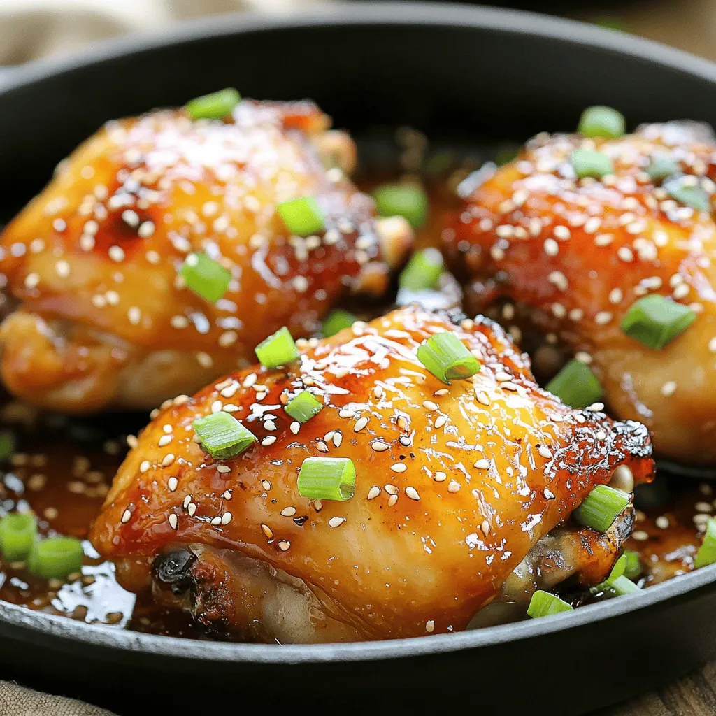 For this tasty honey garlic chicken thighs recipe, you need a few simple items. Here’s what you’ll use: - 4 bone-in, skin-on chicken thighs - 1/4 cup honey - 1/4 cup soy sauce - 4 cloves garlic, minced - 1 tablespoon fresh ginger, minced - 1 tablespoon apple cider vinegar - 2 tablespoons sesame oil - Salt and pepper to taste - 1 tablespoon sesame seeds (for garnish) - 2 green onions, sliced (for garnish) Each ingredient plays a key role in building flavor. The honey gives sweetness, while soy sauce adds a savory touch. Garlic and ginger bring warmth and zest to the dish. If you don’t have something on hand, here are some easy swaps: - Chicken thighs: You can use chicken breasts, but they may dry out. - Honey: Maple syrup works well for a different flavor. - Soy sauce: Tamari is a gluten-free option that tastes great. - Apple cider vinegar: You can use rice vinegar for a milder taste. - Sesame oil: Olive oil is a good substitute, but the taste will change a bit. These swaps can help you make the dish even if you lack some key ingredients. The marinade is what brings everything together. Here’s what I recommend: 1. Mix the marinade: Combine honey, soy sauce, minced garlic, ginger, apple cider vinegar, and sesame oil in a bowl. 2. Season the chicken: Sprinkle salt and pepper on the chicken thighs before adding them to the marinade. This step boosts the flavor. 3. Marinate time: Let the chicken soak in the marinade for at least 30 minutes. If you can, marinate it for up to 2 hours in the fridge. This helps the flavors soak in. These steps ensure that each bite of chicken is packed with flavor. For the full recipe, you can refer back to the main list. Start by making the marinade. In a large bowl, mix together honey, soy sauce, minced garlic, ginger, apple cider vinegar, and sesame oil. This mix gives the chicken its sweet and savory flavor. Season the chicken thighs with salt and pepper. Place them into the bowl, making sure each piece is coated well. Cover the bowl and let it sit for at least 30 minutes. For more flavor, let it marinate in the fridge for up to 2 hours. Heat a large ovenproof skillet over medium-high heat. While it warms, take the marinated chicken from the bowl. Reserve the marinade for later use. Place the chicken thighs skin-side down in the hot skillet. Sear them for about 5 minutes until the skin is golden brown. Flip the chicken and sear the other side for another 5 minutes. After searing, pour the reserved marinade over the chicken. This adds depth to the dish. Next, preheat your oven to 400°F (200°C). Once the chicken is seared, transfer the skillet to the oven. Bake for 25 to 30 minutes until the internal temperature reaches 165°F (74°C). Basting the chicken with the sauce halfway through cooking keeps it moist and flavorful. After baking, take the skillet out of the oven. Let the chicken rest for a few minutes. While it rests, prepare to garnish. Sprinkle sesame seeds and sliced green onions on top. This adds a nice crunch and fresh flavor. Serve the chicken hot, and enjoy its rich, sweet, and garlicky taste. You can check out the Full Recipe for all the details on this dish. To get that perfect sear, start with a hot skillet. Heat your skillet on medium-high heat. Add a little oil before placing in the chicken thighs. Make sure the skin is dry; this helps it crisp up nicely. Place the chicken skin-side down and do not move it for about five minutes. This allows the skin to get golden brown and crispy. Flip the chicken and sear the other side for another five minutes. This step locks in flavor and keeps the chicken moist. Marinating the chicken is key to great flavor. Use a mix of honey, soy sauce, garlic, and ginger. Let the chicken soak for at least 30 minutes. If you have time, marinate it for up to two hours. This longer marinating time allows the flavors to deepen. Be sure to coat every part of the chicken evenly. Save some marinade to pour over the chicken before baking. This adds an extra layer of flavor. One common mistake is not letting the chicken rest after cooking. Letting it rest helps the juices settle. Another mistake is flipping the chicken too soon while searing. Avoid this to ensure a good crust forms. Also, be careful not to overcrowd the skillet. If you add too many pieces, they will steam instead of sear. Follow these tips, and you will have great honey garlic chicken thighs every time. For more details, check the Full Recipe. {{image_2}} You can add veggies to the honey garlic chicken. This makes the dish colorful and healthy. Choose veggies like bell peppers, broccoli, or carrots. Cut them into bite-sized pieces. Toss them in the marinade with the chicken. This will make them sweet and savory. Bake them together for a one-pan meal. The chicken juices will flavor the veggies as they cook. If you like heat, try adding chili flakes or sriracha. This will spice up your honey garlic chicken. Mix these spicy ingredients into your marinade. Start with a small amount, then taste and adjust. You can also add fresh sliced jalapeños before cooking. This version is great for those who enjoy a kick in their meals. A slow cooker makes this dish easy and hands-free. Just add the marinated chicken and some sauce into the slow cooker. Set it on low for 6 to 7 hours or high for 3 to 4 hours. The chicken will become very tender and full of flavor. Serve it over rice or noodles for a complete meal. Check out the Full Recipe for more details! To keep your honey garlic chicken thighs fresh, let them cool first. Place them in an airtight container. Store them in the fridge for up to four days. If you want to keep them longer, freezing is a great option. Always label your container with the date. To reheat, take the chicken out of the fridge. Preheat your oven to 350°F (175°C). Place the chicken in a baking dish. Add a splash of water or chicken broth to keep it moist. Cover it with foil. Heat for about 20 minutes or until it’s hot. You can also use a microwave if you’re in a hurry. Just heat in short bursts until warm. If you want to freeze honey garlic chicken thighs, wrap them tightly in plastic wrap. Then, place them in a freezer bag. They can last up to three months in the freezer. When you're ready to enjoy them, thaw in the fridge overnight before reheating. This method helps keep the flavors intact. For best results, use the Full Recipe to ensure a great meal each time. You should marinate chicken thighs for at least 30 minutes. For the best flavor, aim for 2 hours. This allows the meat to soak up all the tasty garlic and honey flavors. If you're short on time, even a quick 30-minute soak will help. Yes, you can use boneless chicken thighs. They will cook faster than bone-in thighs. Just reduce the baking time to about 20-25 minutes. Check the chicken’s internal temperature to ensure it reaches 165°F (74°C). Several sides go great with Honey Garlic Chicken Thighs. Here are some ideas: - Steamed rice - Roasted vegetables - Garlic mashed potatoes - Stir-fried greens - A fresh salad These sides balance the sweet and savory flavors of the chicken. Enjoy your meal with a variety of textures and tastes. For the full recipe, check out the Honey Garlic Chicken Thighs 🧄 section. In this post, we covered key ingredients for honey garlic chicken, along with substitutions. You learned about marinating, cooking methods, and how to serve your dish beautifully. I shared tips for the perfect sear and common mistakes to avoid. We explored delicious variations and important storage tips. Remember, marinating enhances flavor and helps tenderize the meat. Enjoy trying different versions to find your favorite. Cooking should be fun and tasty. So, get in the kitchen and create your best honey garlic chicken!
