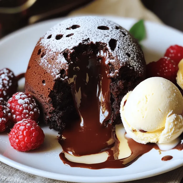 - 1/2 cup unsalted butter - 1 cup semi-sweet chocolate chips - 2 large eggs - 2 large egg yolks - 1/4 cup granulated sugar - 2 tablespoons all-purpose flour - 1 teaspoon vanilla extract - Pinch of salt - Powdered sugar (for dusting) - Vanilla ice cream (for serving) These ingredients create a rich and gooey dessert. The unsalted butter and chocolate chips are key to that melty center. The eggs and yolks help the cakes rise while keeping them soft. Granulated sugar adds sweetness, and a little flour gives the cake structure. The vanilla extract adds flavor and warmth. A pinch of salt balances the sweetness. Dust the finished cakes with powdered sugar for a nice touch. Serve with vanilla ice cream to cool the warm cake. Using high-quality chocolate chips makes a big difference in taste. Always use fresh eggs for the best texture. This recipe is simple yet rewarding. You can find the complete recipe above. Enjoy this dessert with friends and family! 1. Preheat the oven to 425°F (220°C). 2. Grease four ramekins with butter. 3. Place the ramekins on a baking sheet. 4. In a microwave-safe bowl, combine 1/2 cup unsalted butter and 1 cup semi-sweet chocolate chips. 5. Microwave in 30-second bursts, stirring in between. 6. Stir until the mixture is smooth and melted. 7. In a separate bowl, whisk together 2 large eggs, 2 large egg yolks, and 1/4 cup granulated sugar. 8. Whisk until the mix is pale and thick, about 2-3 minutes. 1. Stir the melted chocolate mixture into the egg mixture. 2. Mix until both are fully combined. 3. Gently fold in 2 tablespoons of all-purpose flour, 1 teaspoon vanilla extract, and a pinch of salt. 4. Be careful not to over-mix the batter. 5. Evenly divide the batter among the prepared ramekins, filling each about 3/4 full. 6. Bake in the preheated oven for 12-14 minutes. 7. The edges should look firm, but the centers will jiggle slightly. 1. Once baked, remove the ramekins from the oven. 2. Let them cool for 1 minute. 3. Carefully invert each ramekin onto a plate. 4. Dust the tops with powdered sugar. 5. Serve immediately with a scoop of vanilla ice cream on the side. 6. For that perfect molten experience, enjoy while it's warm. For a complete guide, refer to the Full Recipe. How to know when the lava cake is done? The perfect lava cake should have firm edges and a soft center. Bake your cakes for 12 to 14 minutes. The tops should look set, but the middle will still jiggle slightly. If you see cracks, don’t worry! They add to the charm of the dessert. Tips for greasing ramekins effectively: Greasing ramekins well is key to easy serving. Use soft, unsalted butter to coat the inside of each ramekin. Make sure to cover every bit of the sides and bottom. This helps the cake slide out smoothly after baking. Avoiding common baking mistakes: Overmixing your batter can lead to dense cakes. Mix just until combined. Also, remember to preheat your oven fully before baking. If the oven is not hot enough, the cakes won't rise properly. Lastly, don’t open the oven door too soon; this can cause them to collapse. Suggestions for garnishing: Garnishing can elevate your dessert. Try dusting with powdered sugar for a snowy look. Add fresh berries or mint leaves for color and freshness. A drizzle of chocolate sauce around the plate makes it feel extra special. Ideal serving temperature for the best experience: Serve the lava cake warm, right after baking. The center should be gooey and molten. If it cools too much, the lava effect won’t be as impressive. Pair it with a scoop of cold vanilla ice cream for a delightful contrast. Enjoy the warmth and richness together! {{image_2}} You can make your chocolate lava cake even more exciting with flavor twists. Adding espresso or coffee gives a rich, deep taste. Just mix in one tablespoon of brewed espresso into the melted chocolate. It enhances the chocolate's flavor without overpowering it. You can also try different types of chocolate. Dark chocolate creates a more intense taste. White chocolate, on the other hand, offers a creamy sweetness. Feel free to mix and match. Each choice will change the cake’s flavor, giving you endless options. If you need gluten-free options, swap regular flour for almond flour or gluten-free flour. This change keeps the cake soft and delicious. Just be sure to check your flour mix for results that match your taste. For vegan adaptations, replace the eggs with flaxseed meal. Mix one tablespoon of flaxseed with two tablespoons of water. Let it sit for a few minutes until it becomes gel-like. Use dairy-free butter and vegan chocolate chips. This way, you can enjoy a rich lava cake without animal products. Explore these variations and find your favorite twist on this classic dessert! For the complete recipe, check the Full Recipe section. To keep your chocolate lava cake fresh, store it in the fridge. Place the cooled cakes in an airtight container. This keeps them moist and tasty. You can enjoy them for up to three days. When you want to eat a piece, reheat it in the microwave. Heat it for about 20 seconds. This helps bring back the gooey center. If it needs more time, check every 10 seconds to avoid overcooking. Yes, you can freeze chocolate lava cakes! Wrap each cooled cake tightly in plastic wrap. Then, place them in a freezer bag. This keeps them safe for up to three months. When you want to eat one, take it out and thaw in the fridge overnight. For the best texture, reheat it in the oven at 350°F (175°C) for about 10-15 minutes. This way, you’ll enjoy that perfect lava effect again! What causes the lava effect in chocolate lava cake? The lava effect comes from the batter. When it bakes, the outer layer cooks fast. The inside stays soft and gooey. This difference in cooking creates that delicious molten center we love. Can I make chocolate lava cake ahead of time? Yes, you can prepare the batter in advance. Just fill the ramekins and cover them. Keep them in the fridge for up to 24 hours. When you’re ready to bake, just add a few extra minutes to the baking time. How do I prevent lava cakes from overcooking? To avoid overcooking, watch the timer closely. Bake them for 12-14 minutes. The edges should be set, but the center should jiggle slightly. If you bake them too long, they won't have that gooey center. This recipe for chocolate lava cake covers everything from ingredients to serving tips. You now know how to bake these rich cakes, how to avoid common mistakes, and even how to adapt them to fit diets. Don’t forget to experiment with flavors and variations. Whether serving fresh or reheated, these cakes deliver a delightful treat. Enjoy making and sharing this indulgent dessert that never fails to impress!
