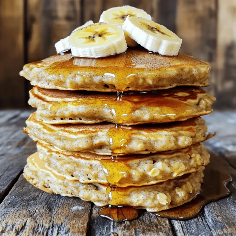 - 1 cup rolled oats - 1 ripe banana, mashed - 1 cup milk (dairy or plant-based) - 1 tablespoon honey or maple syrup (optional) - 1 teaspoon baking powder - 1/2 teaspoon cinnamon - 1/4 teaspoon salt - 1 large egg - 1 teaspoon vanilla extract - Cooking spray or oil for cooking To make banana oatmeal pancakes, you need a few simple ingredients. Rolled oats form the base of the pancakes. I love using them because they add fiber and thickness. The ripe banana gives sweetness and flavor. It also helps bind the ingredients together. Next, you need milk, which can be dairy or plant-based. This helps create a smooth batter. If you like extra sweetness, add honey or maple syrup. Baking powder makes the pancakes fluffy. A sprinkle of cinnamon adds warmth and spice. Don’t forget a bit of salt to balance all the flavors. You will also need one egg for richness. Finally, vanilla extract adds a lovely aroma and taste. Cooking spray or oil keeps the pancakes from sticking to the pan. These ingredients work together to create a delicious breakfast. Check the full recipe for exact amounts and cooking steps. First, we need to turn rolled oats into fine flour. Place 1 cup of rolled oats into a blender or food processor. Blend until the oats are smooth and fine. This is your oat flour. Now, transfer the oat flour to a mixing bowl. Next, we will mix the dry and wet ingredients. Add in the mashed banana, 1 cup of milk, and other ingredients like honey, baking powder, cinnamon, salt, egg, and vanilla extract. Stir everything together until you have a smooth batter. This part is essential for a fluffy pancake. Now it’s time to cook! Preheat a non-stick skillet or griddle over medium heat. Lightly grease the surface with cooking spray or a little oil. This helps prevent sticking. Pour about 1/4 cup of the batter onto the skillet for each pancake. Cook for about 2-3 minutes. Watch for bubbles forming on the surface; this shows it’s time to flip. Carefully flip the pancake with a spatula. Cook for another 1-2 minutes until golden brown. If you find flipping tricky, try using a larger spatula. It gives you more surface area to catch the pancake. These banana oatmeal pancakes taste great with various toppings. Try fresh fruits like berries or sliced bananas on top. Yogurt adds creaminess, while maple syrup brings sweetness. You can also sprinkle nuts or seeds for crunch. You can explore different flavors by pairing the pancakes with your favorite syrups. I love combining them with honey or agave for a sweet twist. For a fun breakfast, mix and match toppings to suit your taste! If you're eager to try this delicious recipe, check out the Full Recipe for all the details. To get the best pancakes, focus on the batter's consistency. The batter should be thick but pourable. If it's too thick, add a splash more milk. If it's too runny, sprinkle in a bit of oats. Cooking time also matters. Start with medium heat for your skillet. Cook the pancakes until bubbles form on top. This takes about 2-3 minutes. Then flip and cook for another 1-2 minutes. Look for a golden brown color; that's your sign they are done! For storage, place leftover pancakes in an airtight container. Refrigerate them for up to three days. If you want to store them longer, freeze them. Just layer them with parchment paper to prevent sticking. Reheating pancakes is easy. Use a microwave for quick results. Heat them for about 30 seconds. For a crispy edge, use a skillet. Just warm them on low heat for a couple of minutes. This keeps the texture nice. You can boost the nutrition of these pancakes. Add protein by mixing in Greek yogurt or protein powder. For more fiber, consider adding chia seeds or flaxseeds. If you want to cut sugar, skip the honey or syrup. Try using mashed banana instead. This keeps the pancakes sweet without added sugar. The Full Recipe will guide you through these adjustments too! {{image_2}} You can make these pancakes gluten-free. Just swap the rolled oats for gluten-free oats. They have the same great taste. This small change lets everyone enjoy this meal. Want to add some fun? You can toss in chocolate chips or nuts. They add a nice crunch and sweetness. You can also mix in spices like nutmeg or ginger. These spices give your pancakes a warm, cozy flavor. Experiment and find your favorite mix! If you prefer to go dairy-free, it's easy. Use plant-based milk like almond or oat milk. You can also replace the egg with a mashed banana or flaxseed mix. This change keeps your pancakes tasty and light. Enjoy your breakfast without dairy! To keep your banana oatmeal pancakes fresh, use airtight containers. Place pancakes in the container and seal it tightly. Then, store them in the refrigerator. This method helps keep them moist and ready for breakfast. You can also freeze pancakes. First, let them cool completely. Then, stack them with parchment paper between each pancake. Place the stack in a freezer-safe bag or container. When you’re ready to eat, just take them out and defrost. You can microwave them or heat them on the stove. When stored properly, pancakes last about 3 to 5 days in the fridge. If you freeze them, they can last up to 2 months. Always check for any signs of spoilage before eating. Enjoy your pancakes any time! For the full recipe, check out the section above. Yes, you can. Try using mashed banana as an egg substitute. Use 1/4 cup of mashed banana for each egg. Applesauce also works well. Use 1/4 cup of unsweetened applesauce. Another option is to mix 1 tablespoon of ground flaxseed with 2.5 tablespoons of water. Let it sit for 5 minutes to thicken. You can reduce calories by cutting the honey or syrup. Instead, try adding more banana for sweetness. Use unsweetened almond milk or another plant-based milk. You can also add chia seeds or ground flaxseeds for extra fiber. Consider using whole wheat flour to boost nutrients. You can use quick oats or steel-cut oats. If you prefer, try oat flour as a substitute. For a gluten-free option, use quinoa flakes or almond flour. Each alternative brings a unique flavor and texture to the pancakes. Look for bubbles forming on the surface of the pancakes. When the edges start to set, it’s time to flip them. After flipping, cook until they turn golden brown. This takes about 1-2 minutes. Enjoy your tasty pancakes! You will find that making banana oatmeal pancakes is simple and fun. We reviewed key ingredients and their roles. I shared step-by-step instructions to guide you from start to finish. Helpful tips ensured you get perfect texture every time. Plus, we explored tasty variations and smart storage methods. In closing, enjoy these easy pancakes any time. They are healthy, delicious, and quick to make. These tips help you become a pancake pro.