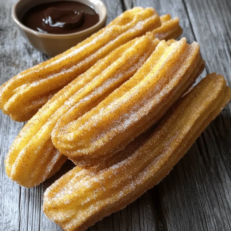 To make cinnamon sugar churros, gather these simple ingredients: - 1 cup water - 2 tablespoons granulated sugar - 1/2 teaspoon salt - 1/4 cup unsalted butter - 1 cup all-purpose flour - 2 large eggs - 1 teaspoon vanilla extract - Oil for frying - 1/2 cup granulated sugar (for coating) - 1 tablespoon ground cinnamon You can swap some ingredients if needed. Here are a few ideas: - Use coconut oil instead of unsalted butter for a dairy-free option. - Substitute the all-purpose flour with gluten-free flour for a gluten-free churro. - You can replace granulated sugar with brown sugar for a richer flavor. To make your churros, gather these tools: - Medium saucepan - Deep frying pan - Pastry bag with a large star tip - Mixing spoon - Scissors - Paper towels - Shallow dish for sugar coating These tools help ensure your churros are crispy and delicious. Each piece plays a key role in making this fun treat! If you want the full recipe, just refer back to the list above. To start, gather your ingredients. You need water, sugar, salt, butter, flour, eggs, and vanilla. In a medium saucepan, mix the water, sugar, salt, and butter. Heat this over medium heat. Wait until the butter melts and the mixture boils. Once it boils, take it off the heat. Stir in the flour quickly. You want it to form a ball and pull away from the pan's sides. Let it cool for about five minutes. Now, add the eggs one at a time. Mix well after each egg until smooth. Finally, stir in the vanilla extract. Next, heat oil in a deep frying pan. Aim for medium-high heat, around 350°F (175°C). While the oil heats, prepare a pastry bag with a large star tip. Transfer the churro dough into this bag. Now, pipe 5-inch strips of dough into the hot oil. Use scissors to cut the strips as you go. Fry the churros until they are golden brown, about two to three minutes. Keep an eye on them to ensure even cooking. Once done, remove them and let them drain on paper towels. While the churros drain, mix sugar and cinnamon in a shallow dish. Use half a cup of sugar and one tablespoon of cinnamon. Roll the warm churros in this mixture until they are well coated. Serve your churros hot, and if you like, enjoy them with chocolate sauce for dipping. For the complete recipe, check the Full Recipe section. To make your churros crispy, use the right oil. Choose a neutral oil with a high smoke point, like canola or vegetable oil. Heat the oil to about 350°F (175°C). This temperature helps the churros cook evenly and get that nice golden color. When piping the dough, use a large star tip. This makes your churros puff up nicely. Fry them in small batches. This keeps the oil hot and prevents soggy churros. One common mistake is not letting the dough cool enough. If you add eggs to hot dough, they can cook. Cool the dough for about five minutes before adding the eggs. Another mistake is overcrowding the frying pan. If you add too many churros at once, the oil temperature drops. This leads to greasy, undercooked churros. Finally, don’t forget the cinnamon sugar coating. This is what makes churros so yummy! Serve your churros warm for the best taste. They pair well with chocolate sauce for dipping. You can also try caramel or dulce de leche. For a twist, sprinkle some sea salt on top. This adds a nice contrast to the sweet flavor. You can share them at parties or enjoy them as a snack. For the full recipe, check the complete guide on making cinnamon sugar churros. {{image_2}} You can make chocolate-filled churros for a rich twist. To do this, prepare the dough as usual. Then, fill a piping bag with melted chocolate or chocolate ganache. When you fry the churros, poke a hole in one end and squeeze the chocolate into the center. This makes each bite a sweet surprise. Serve these with a drizzle of chocolate sauce for extra fun. For a seasonal delight, try pumpkin spice churros. Add 1/2 cup of pumpkin puree to the dough while mixing in the eggs. Then, mix 1 tablespoon of pumpkin pie spice into the cinnamon sugar. This gives your churros a warm, cozy flavor perfect for fall. You might want to serve these with cream cheese frosting for dipping. If you need gluten-free churros, use a gluten-free flour blend instead of all-purpose flour. The rest of the recipe stays the same. Make sure to check the labels of your ingredients to ensure they are gluten-free. These churros taste just as good as the classic ones! Enjoy with the usual cinnamon sugar coating or dip them in chocolate sauce. You can find the full recipe for classic cinnamon sugar churros earlier in this article. Each variation brings a new twist to this beloved treat. To keep your churros fresh, store them in an airtight container. Place parchment paper between layers to avoid sticking. Keep the container at room temperature for up to two days. Avoid the fridge, as it can make them soggy. If you won’t eat them in that time, freezing is a better option. To reheat churros, preheat your oven to 350°F (175°C). Place the churros on a baking sheet. Heat them for about 5-7 minutes until warm and crispy. You can also use an air fryer at the same temperature for a quicker option. This method helps restore their crispiness without adding oil. You can freeze churros for longer storage. After frying and cooling them, place churros on a baking sheet. Freeze them for about an hour until firm. Then, transfer them to a freezer bag. They can last for up to three months. To thaw, move them to the fridge overnight. Reheat as mentioned above before serving. For the full recipe, check out the entire process to create these delightful treats! The best dips for churros are chocolate sauce and caramel. Both add a sweet touch. You can also try a warm fruit sauce. These dips pair well with the crispy churro texture. Feel free to get creative! Adding a sprinkle of sea salt can enhance the flavor. Yes, you can make churros without eggs. Use a mix of flour and water instead. Some people use mashed bananas or applesauce as a binder. This will change the texture a bit but can still taste great. Make sure to adjust the cooking time as needed. To check if the oil is hot enough, drop a small piece of dough in. If it bubbles and rises, the oil is ready. You can also use a candy thermometer. Aim for about 350°F (175°C). This temperature ensures the churros fry evenly and become crispy. You can buy cinnamon sugar churros at fairs or carnivals. Many bakeries sell them fresh. Some grocery stores also carry frozen churros. Check the frozen aisle for options. If you want the best experience, try making them at home using the Full Recipe. Churros and beignets are both fried treats, but they differ in shape and taste. Churros are long and ridged, often coated in sugar. Beignets are square, soft, and dusted with powdered sugar. The dough for churros is firmer, while beignet dough is lighter and fluffier. Both are delicious in their own way! In this blog post, we explored how to make delicious cinnamon sugar churros. You learned about the key ingredients and even substitutions you can make. I shared step-by-step instructions for preparing, frying, and serving perfect churros. We also covered tips for achieving a crisp texture and common mistakes to avoid. Whether you try chocolate-filled or gluten-free versions, churros are a treat for everyone. Remember to store leftovers correctly for future enjoyment. Enjoy your churros with dips or on their own! Happy cooking!